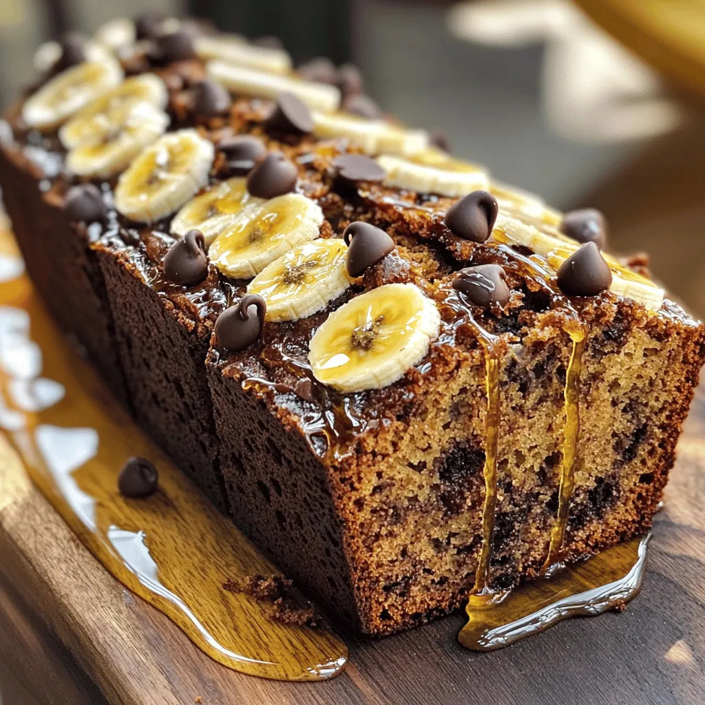 To make the best chocolate chip banana bread, you need simple, fresh ingredients. Here’s what you will need: - 3 ripe bananas, well-mashed - 1/3 cup coconut oil, melted - 1/2 cup packed brown sugar - 1 large egg, lightly beaten - 1 teaspoon pure vanilla extract - 1 teaspoon baking soda - Pinch of salt - 1 cup all-purpose flour - 1/2 cup semi-sweet chocolate chips - 1/4 teaspoon ground cinnamon (optional) These ingredients create a warm, sweet loaf that fills your kitchen with an amazing smell. Ripe bananas are key for sweetness and moisture. Coconut oil adds a nice touch of flavor and helps keep the bread soft. Brown sugar gives it that rich, caramel-like taste. You can add chocolate chips to make each slice a treat. If you want a hint of spice, add cinnamon. You can find the full recipe in the article. - Preheat your oven to 350°F (175°C). - Grease a 9x5 inch loaf pan or line it with parchment paper. - Take three ripe bananas and mash them until smooth. Use a fork or potato masher. - Pour 1/3 cup of melted coconut oil into the bowl with the bananas. - Mix until the oil blends well with the banana puree. - Add 1/2 cup of packed brown sugar, 1 large beaten egg, and 1 teaspoon of vanilla. - Stir until the mixture is smooth and creamy. - Sprinkle 1 teaspoon of baking soda and a pinch of salt over the mixture. - Stir well to mix evenly. - Gently fold in 1 cup of all-purpose flour and 1/2 cup of chocolate chips. - Avoid over-mixing; a few lumps are okay. - Pour the batter into the prepared loaf pan. - Spread it evenly using a spatula. - Bake for 55-65 minutes. - Test for doneness by inserting a toothpick into the center; it should come out clean or with a few moist crumbs. Follow these steps, and you'll have a delicious Chocolate Chip Banana Bread ready to enjoy! For the full recipe, check out the details above. To bake perfect banana bread, make sure to preheat your oven. Set it to 350°F (175°C). This helps the bread rise evenly. Use a 9x5 inch loaf pan, greased well or lined with parchment paper. This makes it easy to remove the bread later. To check if your banana bread is done, use a toothpick. Insert it into the center of the bread. If it comes out clean or with a few moist crumbs, your bread is ready. If it has wet batter, bake it a bit longer. If you don't have coconut oil, you can use vegetable oil or melted butter. Both will work well. Just keep the same amount. For egg replacement, you can use flaxseed meal or applesauce. Mix one tablespoon of flaxseed meal with three tablespoons of water. Let it sit for five minutes. This makes one egg replacement. Alternatively, use a quarter cup of applesauce for each egg. Want to add more flavor? Try nuts or dried fruits. Walnuts or pecans add a nice crunch. Dried cranberries or raisins bring sweetness. Just fold them into the batter with the chocolate chips. You can also adjust how sweet your bread is. If you like it less sweet, reduce the brown sugar by a few tablespoons. This makes your bread lighter but still tasty. For a sweeter treat, add an extra tablespoon of sugar or more chocolate chips. For the full recipe, check out the Choco-Banana Bliss Bread . Enjoy baking! {{image_4}} To make gluten-free chocolate chip banana bread, swap the all-purpose flour with gluten-free flour. Use a blend that contains xanthan gum, as it helps with texture. This choice keeps your bread soft and tasty. Just measure it out like you would regular flour. For a vegan version, replace the egg with a flax egg. To make this, mix one tablespoon of ground flaxseed with three tablespoons of water. Let it sit for five minutes until it thickens. Also, ensure your chocolate chips are dairy-free. This way, you can enjoy the same great taste without animal products. You can add fun flavors to your banana bread. Try a teaspoon of almond extract for a nutty twist. Or, mix in a teaspoon of pumpkin spice for a warm, cozy flavor. You can even fold in walnuts or pecans for crunch. Get creative and find your favorite mix! Once your chocolate chip banana bread cools, wrap it well. Use plastic wrap or foil to keep it fresh. This helps avoid dry bread. You can use an airtight container too. This keeps moisture in and air out. Store it at room temperature for the best taste. Freezing banana bread is easy and great for later use. First, wrap the cooled bread tightly in plastic wrap. Then, place it in a freezer bag. Remove as much air as you can. To thaw, take it out and leave it at room temperature for a few hours. You can also microwave it for quick thawing. Just be careful not to overheat it. Chocolate chip banana bread stays fresh for about 3 to 4 days at room temperature. Keep it in a cool, dry spot. If you store it in the fridge, it can last up to a week, but it might dry out. For longer storage, freezing is best. Enjoy your delicious treat not just fresh but also later! To check if your banana bread is done, use a toothpick. Insert it into the center of the loaf. If it comes out clean or with a few moist crumbs, your bread is ready. Visual cues also help. The top should look golden brown, and the edges may pull away slightly from the pan. These signs show that heat has cooked the bread properly. Yes, you can use frozen bananas! They work well in banana bread. To use them, first thaw the bananas. You can do this by placing them in the fridge overnight or using the microwave. Once thawed, mash them thoroughly. Frozen bananas may be softer, so they blend well into the batter. To make your banana bread moister, consider these tips: - Use very ripe bananas as they are sweeter and softer. - Add a bit more coconut oil or replace some flour with yogurt. - Do not overmix the batter; this keeps the bread light. - Bake at a lower temperature for longer to enhance moisture. You can enjoy chocolate chip banana bread in many ways. Try serving it warm with butter or cream cheese. A drizzle of honey adds a sweet touch. For a special treat, pair it with ice cream or a dollop of whipped cream. Fresh fruit like berries or banana slices also make great side options. For more ideas, check out the Full Recipe for inspiration! You can create delicious banana bread with simple, tasty ingredients. Start with ripe bananas and mix in coconut oil, brown sugar, and chocolate chips. Follow step-by-step instructions for perfect results. Remember, you can adjust ingredients if needed and try different flavors. Store your bread well for freshness and freeze extras for later. Now, you have the skills and tips to bake wonderful banana bread every time. Enjoy sharing this treat with friends or family!