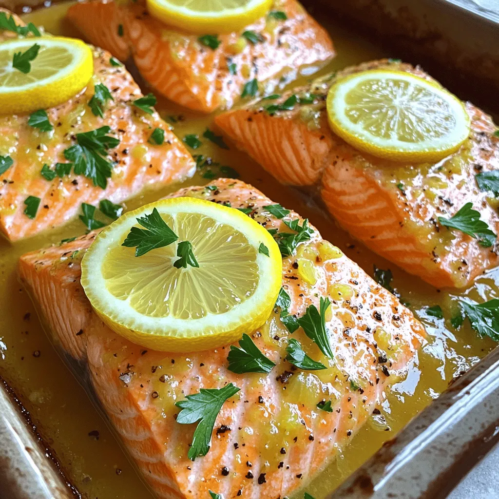 - 4 salmon fillets (approximately 6 oz each) - 4 tablespoons high-quality olive oil - 4 cloves garlic, finely minced - Juice and zest of 2 fresh lemons - 1 teaspoon pure honey - 1 teaspoon dried dill (or 2 teaspoons freshly chopped dill) - Sea salt and freshly cracked black pepper, to taste - Thin lemon slices, for garnish - Fresh parsley, finely chopped, for garnish I love using fresh ingredients for this lemon garlic salmon. Salmon is rich in omega-3s and has a lovely flavor. The olive oil adds a nice richness that helps the fish stay moist. Garlic gives it a punch. I always mince the garlic finely to spread the taste evenly. Lemons bring bright acidity and zest, which brighten up the dish. The honey adds a touch of sweetness and balances the flavors. Dill complements the lemon well. You can use dried dill or fresh, depending on what you have. Lastly, don’t forget the salt and pepper! They enhance all the flavors. This recipe is quick to make. You can prepare everything in just a few minutes. You will find the full recipe earlier in this article. Enjoy cooking! 1. Preheat the oven to 375°F (190°C). This step is key for even cooking. 2. In a small bowl, mix the olive oil, minced garlic, lemon juice, lemon zest, honey, dill, sea salt, and black pepper. Whisk until it is smooth and well combined. 1. Take a greased baking dish and place the salmon fillets skin-side down. This helps keep the fish moist. 2. Pour the lemon garlic mixture over each fillet. Make sure each piece is coated for the best flavor. 3. Let the salmon sit at room temperature for 15 to 20 minutes. This helps the flavors soak in. 4. Bake the salmon in the preheated oven for 15 to 20 minutes. It is done when it flakes easily with a fork and reaches 145°F (63°C). 5. For a crispy finish, switch your oven to broil for the last 2 to 3 minutes. Keep a close watch to prevent burning. 1. After baking, let the salmon rest for a few minutes. This allows the juices to settle. 2. Just before serving, garnish with fresh parsley and thin lemon slices. This adds color and flavor. 3. Serve the salmon on a platter with extra lemon wedges on the side. Pair it with steamed vegetables or a light salad for a complete meal. For the complete recipe, check out the Full Recipe section. Using fresh herbs adds a bright touch. Fresh dill enhances the lemon's zest. Dried herbs work too, but fresh gives more flavor. Marinate salmon for 15-20 minutes. This time lets the flavors soak in well. A quick marinate makes a difference in taste. You can grill or pan-sear the salmon. Grilling adds a smoky flavor, while pan-searing gives a nice crust. Always check the fish for doneness. Salmon is ready when it flakes easily with a fork. The perfect internal temperature is 145°F (63°C). Use a meat thermometer for accuracy. Serve lemon garlic salmon with steamed veggies. A light salad also works well. For wine, try a crisp white like Sauvignon Blanc. It complements the dish nicely. If you want something richer, a Chardonnay pairs well too. Enjoy these options for a complete meal! {{image_4}} To make your Easy Lemon Garlic Salmon even more exciting, you can change up the flavors. - Adding spices or other herbs: Try adding a pinch of red pepper flakes for heat. Fresh herbs like basil or cilantro can also add a nice twist. Just chop them finely and mix them into your marinade. - Citrus variations with lime or orange: Instead of lemon, use lime or orange juice and zest. This will give the dish a new, bright flavor. Lime adds a zesty kick, while orange offers a sweet touch. If you have specific dietary needs, you can still enjoy this dish. - Gluten-free modifications: This recipe is naturally gluten-free! Just ensure that your ingredients, like the olive oil and honey, are labeled gluten-free. - Low-carb options: To keep it low-carb, skip any sugary sides. Pair your salmon with leafy greens or steamed broccoli for a healthy meal. You can use different tools to cook your salmon. - Using an air fryer: An air fryer can make your salmon crispy and delicious. Set it to 400°F (200°C) and cook for 10-12 minutes. Check often to make sure it doesn’t overcook. - Preparing on the stovetop: If you prefer, you can cook the salmon in a skillet. Heat some olive oil over medium heat and sear the fillets for 4-5 minutes on each side. This method gives you a nice, golden crust. Try these variations to make your meal unique and fun. You can find the Full Recipe for more detailed steps. To store leftovers properly, let the salmon cool first. Place it in an airtight container. This keeps the fish fresh and prevents odors from spreading. You can store it in the fridge for up to three days. After that, the taste and quality may decline. Always check for any off smells or changes in texture before eating. You can freeze both cooked and uncooked salmon. For uncooked salmon, wrap it tightly in plastic wrap and then in foil. This helps prevent freezer burn. You can freeze it for up to six months. Cooked salmon can also be frozen, but it’s best to eat it within three months for the best flavor. When reheating frozen salmon, thaw it in the fridge overnight. You can reheat it in the oven or on the stovetop. Use low heat to keep it moist. Avoid microwaving, as it can dry out the fish. For more details, check the Full Recipe. How do I know when salmon is fully cooked? Salmon is fully cooked when it flakes easily with a fork. The internal temperature should reach 145°F (63°C). Always use a thermometer for the best results. You want it moist, not dry. If it's bright pink and opaque, it's done. Can I use frozen salmon for this recipe? Yes, you can use frozen salmon. Just thaw it in the fridge overnight. Pat it dry with a paper towel before marinating. This ensures the marinade sticks well and flavors the fish. What can I substitute for honey? If you need a substitute for honey, use maple syrup or agave nectar. Both add sweetness and work well with lemon and garlic. You can also use brown sugar, but dissolve it first in warm water. Is there a non-dairy alternative for this recipe? This recipe is already dairy-free. You do not need any dairy in the marinade or on the salmon. Enjoy it as is or serve with a non-dairy side. Can I skip marinating the salmon? While marinating adds great flavor, you can skip it if you're short on time. Just coat the salmon well before baking. It will still taste good, but marinating enhances the dish. How to adjust cooking time for thicker fillets? For thicker fillets, increase the baking time by 5 to 10 minutes. Check the internal temperature to ensure it reaches 145°F (63°C). Thicker pieces may need a bit more time to cook through properly. This blog covered easy steps to make delicious lemon garlic salmon. You learned about key ingredients, preparation, baking, and serving tips. I shared ways to enhance flavor and options for dietary needs. Don't forget the storage info for leftovers or freezing. Experiment with variations for fun twists on the recipe. Enjoy making this salmon dish—it’s simple, healthy, and packed with flavor. You’ll impress everyone at the table with your skills!