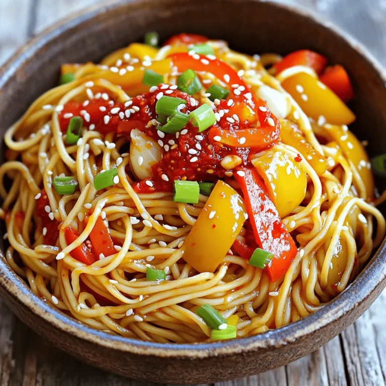 For Chili Garlic Noodles, gather these items: - 200g noodles (choose from egg, rice, or wheat) - 3 tablespoons vegetable oil - 6 cloves garlic, finely minced - 2-3 tablespoons chili paste (adjust based on your spice preference) - 1 tablespoon soy sauce - 1 tablespoon sesame oil - 1 tablespoon rice vinegar - 1 tablespoon sugar - 1 bell pepper, thinly sliced (choose red, yellow, or green for color) - 2 green onions, sliced (reserve some for garnish) - Salt, to taste - Sesame seeds, for garnish You can swap some ingredients if needed: - Noodles: Use gluten-free rice noodles for a gluten-free option. - Vegetable oil: Olive oil works well, but it has a different flavor. - Chili paste: Sriracha or red pepper flakes can add spice. - Soy sauce: Tamari is a great gluten-free alternative. - Sugar: Substitute honey or agave syrup for a natural sweetener. - Bell pepper: Use any favorite veggie, like broccoli or carrots. When picking fresh produce, keep these tips in mind: - Look for bright colors in bell peppers; they should feel firm. - Check the garlic; it should be dry and have no soft spots. - Choose green onions that are bright green and crisp. - Avoid any wilting or browning on the vegetables. These tips help ensure your dish tastes great and looks good! For the full recipe, check out the details above. To start, bring a large pot of salted water to a boil. You want it bubbling hot. Next, add 200g of your chosen noodles. Follow the package instructions until they are al dente. This usually takes 3 to 5 minutes, but check to be sure. Once cooked, drain the noodles in a colander. Rinse them under cold water to stop the cooking. Set the noodles aside for now. While the noodles cool, grab a medium bowl. In this bowl, whisk together the chili paste, soy sauce, sesame oil, rice vinegar, and sugar. Mix until smooth. This sauce packs a punch! Taste it and adjust the spice or sweetness if you want. You can add more chili paste for heat or more sugar for sweetness. Now, let’s heat things up! Take a large skillet or wok and pour in 3 tablespoons of vegetable oil. Heat it on medium. When the oil is hot, add 6 cloves of finely minced garlic. Sauté for about 30 seconds. Be careful, as garlic can burn quickly. You want it fragrant, not brown. Next, toss in the sliced bell pepper. Stir-fry for 2-3 minutes until it softens a bit but still has some crunch. Then, add your reserved cooked noodles to the skillet. Pour the sauce over the noodles. Toss everything together gently. Make sure the noodles get coated well with the sauce. Once everything is mixed, add the sliced green onions and a pinch of salt. Cook for another 2-3 minutes, stirring often. This step warms the dish through. Remove the skillet from heat and plate the noodles. For a lovely finish, garnish with sesame seeds and any reserved green onions. Serve with chopsticks for a fun touch. Enjoy your meal! You can make this dish as spicy as you want. Start with 2 tablespoons of chili paste for a mild kick. If you like more heat, add another tablespoon. Always taste as you mix. This way, you control the spice. If it’s too spicy, add a bit of sugar or more noodles to balance it out. The oil you choose makes a big difference. I recommend vegetable oil for sautéing. It has a high smoke point and doesn't overpower the dish. You can also try peanut oil for a nutty flavor. If you want a hint of richness, add a dash of sesame oil at the end. It gives a lovely aroma. You don’t need fancy tools, just some basics. Here’s what you need: - Large pot for boiling noodles - Skillet or wok for sautéing - Medium bowl for mixing the sauce - Whisk or fork for stirring - Cutting board and knife for chopping veggies Having these tools will help you whip up the dish quickly. For the full recipe, check out the instructions above. Happy cooking! {{image_4}} You can easily make chili garlic noodles vegetarian. Just skip any animal products. Use your favorite veggies like mushrooms, broccoli, or carrots. Toss in some spinach for a pop of color and nutrients. This option is not only flavorful but also very healthy. Want to add protein? You have many choices! Chicken works great. Simply slice it thin and cook it before adding the noodles. Shrimp is also a fantastic option. Just make sure to cook them until they turn pink. If you prefer plant-based, tofu is excellent. Press it to remove extra water, then cube and fry it until golden. This adds texture and flavor. If you need gluten-free options, choose rice noodles. They are light and soak up flavors well. To cook rice noodles, soak them in hot water until soft. Then, follow the same steps as the regular noodles. This way, everyone can enjoy this tasty dish! For more details, check out the full recipe. You can store leftover chili garlic noodles in the fridge. Place them in an airtight container. Make sure to cool them down before sealing. They will last about 3-4 days in the fridge. When you are ready to eat, take them out and check for any signs of spoilage. Freezing is a great option if you want to keep the noodles longer. First, let the noodles cool completely. Then, portion them into freezer-safe bags. Squeeze out as much air as you can before sealing. You can freeze the noodles for up to 2 months. Just remember, the texture may change a bit after thawing. To reheat chili garlic noodles, you can use various methods. The microwave is the quickest option. Place the noodles in a bowl, add a splash of water, and cover. Heat in 30-second intervals, stirring in between until warm. You can also reheat them in a skillet. Add a little oil and stir-fry until heated through. If you want, add a touch more chili paste or soy sauce for extra flavor. For the full recipe, check out the Chili Garlic Noodles section! Chili garlic noodles pair well with many dishes. You can serve them with: - Grilled chicken - Stir-fried vegetables - Spring rolls - Tofu dishes - A light salad These options add variety and balance to your meal. The noodles shine with simple sides. Yes, you can use store-bought noodles. They save time and are easy to find. Choose options like: - Instant ramen - Fresh egg noodles - Rice noodles Just follow the package instructions for cooking. This way, you can enjoy quick, tasty noodles. To reduce the heat, you can adjust the chili paste. Try these tips: - Use less chili paste - Add more sugar - Include coconut milk for creaminess Taste as you go. This helps you find the perfect spice level. Yes, this recipe works great for meal prep. You can store leftovers in airtight containers. Keep them in the fridge for up to three days. When reheating, add a splash of water to prevent drying. This keeps your noodles flavorful and fresh. For the full recipe, check back at the top! We talked about making delicious Chili Garlic Noodles. I shared the key ingredients and substitutions. You learned how to cook the noodles, sauce, and aromatics step by step. I provided tips on spice levels and cooking oils for the best flavor. We also explored fun variations for different diets and storage tips. In conclusion, enjoy crafting this dish your way. Customize it and make it yours. Happy cooking!