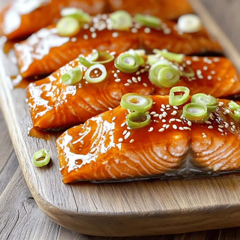 To make Sriracha honey glazed salmon, you need the following ingredients: - 4 salmon fillets (approx. 6 oz each) - 1/4 cup honey - 2 tablespoons Sriracha sauce - 2 tablespoons low-sodium soy sauce - 1 tablespoon sesame oil - 2 garlic cloves, finely minced - 1 teaspoon fresh ginger, grated - Salt and freshly ground black pepper to taste - 2 green onions, finely sliced (for garnish) - Sesame seeds (for garnish) To prepare this dish, gather these tools: - A small mixing bowl - A whisk - A baking sheet - Parchment paper - A brush or spoon for glazing - A fork to check doneness When selecting salmon, look for these traits: - Bright, vibrant color shows freshness. - Firm texture indicates good quality. - Avoid fillets with brown spots or discoloration. - If possible, choose wild-caught salmon for better flavor. - Smell the fish; it should have a light, fresh scent, not a strong fishy odor. Using quality salmon makes a big difference in taste. A good fillet enhances the entire dish. This recipe can work with different salmon types, but fresh is best. For the full recipe, check out the details above. First, grab a small mixing bowl. In this bowl, mix together the honey, Sriracha sauce, low-sodium soy sauce, sesame oil, minced garlic, and grated ginger. Use a whisk to blend everything until it looks smooth. This glaze adds flavor and a nice shine. Set aside a small amount of the glaze for later. Next, you need to prepare your salmon fillets. Line a baking sheet with parchment paper to keep things clean. Place the salmon skin-side down on the sheet. Lightly sprinkle salt and freshly ground black pepper on top. This step makes the fish taste better. Now, take your brush or spoon and coat the top of each fillet with the honey Sriracha glaze. Make sure to cover it evenly. Now, preheat your oven to 400°F (200°C). Place the baking sheet in the oven and bake the salmon for about 12-15 minutes. You’ll know it’s done when it flakes easily with a fork and looks opaque. For a fun twist, turn on the broiler for the last 2 minutes. This caramelizes the glaze and makes it even tastier. When you take it out, don’t forget to drizzle the reserved glaze over each fillet. Finally, add some finely sliced green onions and sesame seeds for a crunch. For the full recipe, follow the steps above for a delicious meal. Enjoy! To get perfectly cooked salmon, start with fresh fillets. Look for bright color and firm texture. When baking, keep an eye on the time. Cooking for 12-15 minutes usually works well. Use a fork to check; if it flakes easily, it is ready. If you want it a bit crispy, turn on the broiler for a minute or two. The Sriracha honey glaze can be adjusted to fit your taste. If you like it spicy, add more Sriracha. For a milder flavor, cut back on the Sriracha. You can also mix in a bit of lime juice or vinegar for a tangy kick. Remember, always taste the glaze as you mix to find what works for you. Serve your Sriracha honey glazed salmon on a big platter. Garnish it with green onions and sesame seeds for a pop of color. This dish pairs well with steamed rice or a fresh salad. You can also add roasted veggies for a complete meal. Enjoy the mix of flavors and textures! {{image_4}} You can switch up the glaze to match your taste. Try using maple syrup instead of honey for a different sweetness. If you want more heat, add chili paste or red pepper flakes. You can also use lime juice for a tangy twist. Mixing in some Dijon mustard adds a nice zest. These simple changes can create new flavors every time you cook. Both grilling and baking work great for this salmon. Grilling adds a smoky flavor that many love. To grill, preheat the grill to medium heat. Place the salmon on the grill, skin-side down. Cook for about 6-8 minutes per side. Baking is easier and less messy. To bake, follow the steps in the Full Recipe. Baking gives you tender salmon with a caramelized glaze. Pair your Sriracha honey glazed salmon with tasty sides. Steamed rice is a classic choice. It soaks up the glaze nicely. You can also serve it with a fresh green salad for crunch. Roasted vegetables add color and nutrients. Try asparagus or broccoli for a healthy side. These choices balance the meal and make it pop. To store leftover salmon, let it cool completely first. Place the salmon in an airtight container. Cover it tightly to keep it fresh. You can store it in the fridge for up to three days. Make sure to keep it away from strong-smelling foods. This helps maintain its flavor. When reheating salmon, you have a few choices. The best way is to use an oven. Preheat it to 350°F (175°C). Place the salmon on a baking sheet. Cover it with foil to keep it moist. Heat for about 10 minutes, or until warm. You can also use a microwave. Just cover the salmon on a microwave-safe plate. Heat it for 30 seconds to 1 minute. Check it often to avoid overcooking. If you want to freeze salmon, wrap it tightly in plastic wrap. Then, place it in a freezer bag. Make sure to remove all air from the bag. This helps prevent freezer burn. You can freeze the salmon for up to three months. When ready to eat, thaw it in the fridge overnight. This keeps the texture nice. For best results, try to avoid refreezing it after thawing. For full details on making this dish, check out the Full Recipe. Yes, you can! While salmon is rich and tasty, you can try other fish. Cod, tilapia, or trout can work well. Just remember that cooking times may change. Thinner fish may cook faster. Marinate the salmon for at least 30 minutes. This helps the flavors soak in. If you have more time, an hour is even better. Just keep it in the fridge while marinating. Absolutely! Sriracha honey glazed salmon is great for meal prep. You can cook several fillets at once. Store them in airtight containers. They stay fresh for up to three days in the fridge. Yes, you can make the glaze ahead of time. Just store it in a sealed container in the fridge. It should be good for about a week. Serve it with rice or a fresh salad. Steamed vegetables also pair nicely. For a fun twist, try it with quinoa or couscous. The salmon is done when it flakes easily with a fork. It should look opaque. If you have a meat thermometer, it should read 145°F (63°C). Yes! Grilling adds a smoky flavor. Use a grill basket to avoid sticking. Cook for about 6-8 minutes on each side. The spice level depends on the amount of Sriracha you use. You can adjust it to your taste. Add more for extra heat or less for a milder flavor. Yes, you can freeze leftover salmon. Wrap each piece tightly in plastic wrap. Store in an airtight container or freezer bag for up to three months. Yes! Kids often enjoy the sweet and spicy flavor. You can reduce the Sriracha for a milder taste if needed. This article shared the key points to make tasty Sriracha honey glazed salmon. You now know the best ingredients, tools, and tips for quality salmon. I detailed steps for preparing the glaze, prepping the fish, and cooking it right. You also learned storage tips and meal prep options. Savoring this dish is easy, and you can try different flavors or cooking methods. Enjoying salmon can be fun and delicious. Happy cooking!