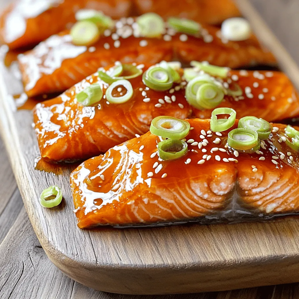 To make Sriracha honey glazed salmon, you need the following ingredients: - 4 salmon fillets (approx. 6 oz each) - 1/4 cup honey - 2 tablespoons Sriracha sauce - 2 tablespoons low-sodium soy sauce - 1 tablespoon sesame oil - 2 garlic cloves, finely minced - 1 teaspoon fresh ginger, grated - Salt and freshly ground black pepper to taste - 2 green onions, finely sliced (for garnish) - Sesame seeds (for garnish) To prepare this dish, gather these tools: - A small mixing bowl - A whisk - A baking sheet - Parchment paper - A brush or spoon for glazing - A fork to check doneness When selecting salmon, look for these traits: - Bright, vibrant color shows freshness. - Firm texture indicates good quality. - Avoid fillets with brown spots or discoloration. - If possible, choose wild-caught salmon for better flavor. - Smell the fish; it should have a light, fresh scent, not a strong fishy odor. Using quality salmon makes a big difference in taste. A good fillet enhances the entire dish. This recipe can work with different salmon types, but fresh is best. For the full recipe, check out the details above. First, grab a small mixing bowl. In this bowl, mix together the honey, Sriracha sauce, low-sodium soy sauce, sesame oil, minced garlic, and grated ginger. Use a whisk to blend everything until it looks smooth. This glaze adds flavor and a nice shine. Set aside a small amount of the glaze for later. Next, you need to prepare your salmon fillets. Line a baking sheet with parchment paper to keep things clean. Place the salmon skin-side down on the sheet. Lightly sprinkle salt and freshly ground black pepper on top. This step makes the fish taste better. Now, take your brush or spoon and coat the top of each fillet with the honey Sriracha glaze. Make sure to cover it evenly. Now, preheat your oven to 400°F (200°C). Place the baking sheet in the oven and bake the salmon for about 12-15 minutes. You’ll know it’s done when it flakes easily with a fork and looks opaque. For a fun twist, turn on the broiler for the last 2 minutes. This caramelizes the glaze and makes it even tastier. When you take it out, don’t forget to drizzle the reserved glaze over each fillet. Finally, add some finely sliced green onions and sesame seeds for a crunch. For the full recipe, follow the steps above for a delicious meal. Enjoy! To get perfectly cooked salmon, start with fresh fillets. Look for bright color and firm texture. When baking, keep an eye on the time. Cooking for 12-15 minutes usually works well. Use a fork to check; if it flakes easily, it is ready. If you want it a bit crispy, turn on the broiler for a minute or two. The Sriracha honey glaze can be adjusted to fit your taste. If you like it spicy, add more Sriracha. For a milder flavor, cut back on the Sriracha. You can also mix in a bit of lime juice or vinegar for a tangy kick. Remember, always taste the glaze as you mix to find what works for you. Serve your Sriracha honey glazed salmon on a big platter. Garnish it with green onions and sesame seeds for a pop of color. This dish pairs well with steamed rice or a fresh salad. You can also add roasted veggies for a complete meal. Enjoy the mix of flavors and textures! {{image_4}} You can switch up the glaze to match your taste. Try using maple syrup instead of honey for a different sweetness. If you want more heat, add chili paste or red pepper flakes. You can also use lime juice for a tangy twist. Mixing in some Dijon mustard adds a nice zest. These simple changes can create new flavors every time you cook. Both grilling and baking work great for this salmon. Grilling adds a smoky flavor that many love. To grill, preheat the grill to medium heat. Place the salmon on the grill, skin-side down. Cook for about 6-8 minutes per side. Baking is easier and less messy. To bake, follow the steps in the Full Recipe. Baking gives you tender salmon with a caramelized glaze. Pair your Sriracha honey glazed salmon with tasty sides. Steamed rice is a classic choice. It soaks up the glaze nicely. You can also serve it with a fresh green salad for crunch. Roasted vegetables add color and nutrients. Try asparagus or broccoli for a healthy side. These choices balance the meal and make it pop. To store leftover salmon, let it cool completely first. Place the salmon in an airtight container. Cover it tightly to keep it fresh. You can store it in the fridge for up to three days. Make sure to keep it away from strong-smelling foods. This helps maintain its flavor. When reheating salmon, you have a few choices. The best way is to use an oven. Preheat it to 350°F (175°C). Place the salmon on a baking sheet. Cover it with foil to keep it moist. Heat for about 10 minutes, or until warm. You can also use a microwave. Just cover the salmon on a microwave-safe plate. Heat it for 30 seconds to 1 minute. Check it often to avoid overcooking. If you want to freeze salmon, wrap it tightly in plastic wrap. Then, place it in a freezer bag. Make sure to remove all air from the bag. This helps prevent freezer burn. You can freeze the salmon for up to three months. When ready to eat, thaw it in the fridge overnight. This keeps the texture nice. For best results, try to avoid refreezing it after thawing. For full details on making this dish, check out the Full Recipe. Yes, you can! While salmon is rich and tasty, you can try other fish. Cod, tilapia, or trout can work well. Just remember that cooking times may change. Thinner fish may cook faster. Marinate the salmon for at least 30 minutes. This helps the flavors soak in. If you have more time, an hour is even better. Just keep it in the fridge while marinating. Absolutely! Sriracha honey glazed salmon is great for meal prep. You can cook several fillets at once. Store them in airtight containers. They stay fresh for up to three days in the fridge. Yes, you can make the glaze ahead of time. Just store it in a sealed container in the fridge. It should be good for about a week. Serve it with rice or a fresh salad. Steamed vegetables also pair nicely. For a fun twist, try it with quinoa or couscous. The salmon is done when it flakes easily with a fork. It should look opaque. If you have a meat thermometer, it should read 145°F (63°C). Yes! Grilling adds a smoky flavor. Use a grill basket to avoid sticking. Cook for about 6-8 minutes on each side. The spice level depends on the amount of Sriracha you use. You can adjust it to your taste. Add more for extra heat or less for a milder flavor. Yes, you can freeze leftover salmon. Wrap each piece tightly in plastic wrap. Store in an airtight container or freezer bag for up to three months. Yes! Kids often enjoy the sweet and spicy flavor. You can reduce the Sriracha for a milder taste if needed. This article shared the key points to make tasty Sriracha honey glazed salmon. You now know the best ingredients, tools, and tips for quality salmon. I detailed steps for preparing the glaze, prepping the fish, and cooking it right. You also learned storage tips and meal prep options. Savoring this dish is easy, and you can try different flavors or cooking methods. Enjoying salmon can be fun and delicious. Happy cooking!