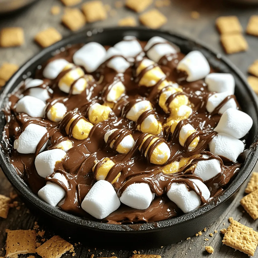 To make a tasty s'mores dip, you need just a few key ingredients. Here’s what you will need: - 1 cup semi-sweet chocolate chips - 1 cup mini marshmallows - 1/4 cup heavy cream - 1 teaspoon vanilla extract - 1/2 teaspoon flaky sea salt - Graham crackers for delightful dipping These ingredients come together to create a dip that is creamy, sweet, and very satisfying. The chocolate chips melt into a rich sauce, while the marshmallows add that classic s'mores flavor. If you want to make your s'mores dip more special, consider adding some toppings. Here are some great ideas: - Drizzle melted chocolate or caramel sauce over the top for extra sweetness. - Sprinkle crushed graham crackers around the dip for a fun look and added crunch. - Add a pinch of cinnamon for a warm spice twist. These simple enhancements can take your dip from good to amazing! You might not have all the ingredients on hand, and that’s okay! Here are some swaps you can make: - Use milk chocolate chips instead of semi-sweet for a sweeter taste. - Try coconut cream instead of heavy cream for a dairy-free option. - For a lower-calorie option, use sugar-free chocolate chips. These substitutions allow you to tailor the dip to your taste and dietary needs while keeping it delicious. For the full recipe, make sure to check out the complete list above! Start by preheating your oven to 350°F (175°C). This step warms up the oven for our dip. Next, grab an 8-inch oven-safe skillet or pie dish. This is where all the magic happens. Now, pour 1 cup of semi-sweet chocolate chips into the skillet. Add 1/4 cup of heavy cream on top. Stir gently until the chocolate chips are coated with cream. This creates a thick mixture that will melt beautifully. Carefully place the skillet in the preheated oven. Bake for 5-7 minutes. Keep an eye on it; we want melted, glossy chocolate, not burnt chocolate. When it’s ready, take it out using oven mitts. Stir the mixture until it becomes smooth. Add 1 teaspoon of vanilla extract and 1/2 teaspoon of flaky sea salt. Mix well to blend the flavors. Next, top the melted chocolate with 1 cup of mini marshmallows. Make sure they cover the surface evenly. Return the skillet to the oven for another 3-5 minutes. Watch closely until the marshmallows puff up and turn golden brown. Once baked, remove the skillet from the oven. Remember, it will be hot! Let the dip cool for a couple of minutes. Serve immediately with graham crackers for dipping. Enjoy your delightful S'mores Dip! For the complete recipe, check the Full Recipe section. To make your s'mores dip perfect, focus on the chocolate. Use semi-sweet chocolate chips for a rich taste. They melt well and blend smoothly. The heavy cream adds creaminess, making the dip silky. Mix it gently at first to avoid clumps. Stirring after baking helps create a smooth texture. The marshmallows need to puff up nicely. Bake them until they turn golden brown. This adds flavor and visual appeal. When serving, place the s'mores dip in the center of your table. Surround it with graham crackers for easy dipping. You can also add fruit, like strawberries or bananas, for a fresh twist. If you want to impress guests, drizzle chocolate or caramel sauce on top. Sprinkle crushed graham crackers around the dish for flair. This not only looks good but also enhances the flavor. Be careful not to overbake your dip. If the chocolate burns, it will taste bitter. Keep an eye on the marshmallows too. They should be fluffy, not hard. Another mistake is using low-quality chocolate. It affects both the texture and taste. Lastly, don’t skip the salt. Flaky sea salt balances the sweetness and brings out the chocolate flavor. For the complete recipe, refer to the Full Recipe section. {{image_4}} You can mix it up with fun flavors! Try using white chocolate chips for a sweeter taste. Dark chocolate gives a rich twist. You can also add peanut butter for a nutty flavor. Swap in caramel sauce for a gooey touch. Experiment with different extracts, like almond or coconut, for a unique spin. If you want a healthier s'mores dip, use dark chocolate with a high cocoa content. You can replace heavy cream with coconut cream for a lighter option. Use mini marshmallows made with natural sweeteners. Consider whole-grain graham crackers for a more nutritious dipper. These simple swaps keep the flavor while being a bit healthier. For fall, stir in pumpkin spice or cinnamon for a warm touch. In winter, add peppermint extract for a festive flavor. During summer, toss in fresh berries like strawberries or raspberries for a fruity twist. You can even sprinkle crushed candy canes on top for a holiday crunch. These additions make your s'mores dip perfect for any season! After your gathering, you may have some s'mores dip left. To store it, let it cool down first. Then, cover the dish tightly with plastic wrap or transfer it to an airtight container. This keeps your dip fresh and tasty. Place it in the fridge for best results. When you're ready to enjoy your leftover dip, reheating is key. You want to warm it gently. Preheat your oven to 300°F (150°C). Place the dish in the oven for about 10 minutes. This way, the chocolate and marshmallows will soften without burning. If you need it faster, use a microwave. Heat it in short bursts, stirring in between. This helps keep the dip from getting too hot in spots. Typically, s'mores dip lasts about 3 to 5 days in the fridge. If you keep it well covered, it stays fresh longer. Always check for any odd smells or changes in texture before eating. If you want to enjoy it longer, consider freezing it. Just remember to thaw it in the fridge before reheating. Yes, you can prepare S'mores Dip ahead of time. Just follow the recipe, but stop before baking. Cover the dip tightly and store it in the fridge. When you are ready to enjoy it, pop it in the oven. Bake until it’s warm and melty. This way, you can save time during your gathering. You have plenty of tasty options besides graham crackers. Try using pretzels for a salty crunch. Fruit slices, like bananas or strawberries, add a fresh touch. You can also use cookies, like Oreos or Nilla Wafers, for a fun twist. Each dipper brings a new flavor that pairs well with the sweet dip. S'mores Dip itself is gluten-free. The main ingredients, like chocolate and marshmallows, do not contain gluten. However, graham crackers usually contain gluten. To make it gluten-free, choose gluten-free graham crackers or different dippers. Always check the labels to ensure there are no hidden gluten ingredients. Making s'mores dip is fun and easy. We covered essential ingredients and tasty toppings. I shared steps for melting chocolate and achieving that perfect marshmallow layer. You learned tips to avoid common mistakes and explore flavor variations. Remember, proper storage keeps this treat fresh for a while. Try different dips for s'mores night. I hope these tips inspire your next dessert adventure. Enjoy every gooey bite!