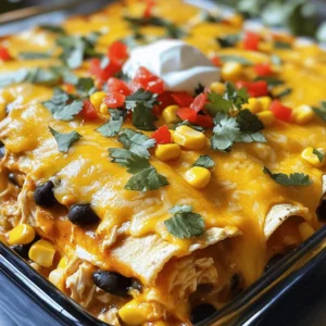 To create a tasty Chicken Enchilada Casserole, you will need these key items: - 3 cups cooked chicken, shredded - 2 cups enchilada sauce (red or green) - 1 can (15 oz) black beans, drained and rinsed - 1 cup corn kernels (fresh or frozen) - 1 red bell pepper, diced - 1 medium onion, chopped - 2 cups shredded cheddar cheese - 8 small corn tortillas, cut into quarters - 1 teaspoon ground cumin - 1 teaspoon chili powder - Salt and black pepper, to taste If you want to change things up, you can swap the chicken for shredded turkey or even cooked lentils for a vegetarian option. Instead of black beans, feel free to use pinto or kidney beans. Adding toppings can make your casserole even better! Here are some great suggestions: - Fresh cilantro, chopped - Sour cream (optional but adds creaminess) - Sliced jalapeños for some heat - Avocado slices for a fresh touch - Lime wedges for a zesty kick These toppings add color and flavor to your dish, making it even more delightful. You will need some common spices and sauces to enhance your casserole: - Ground cumin - Chili powder - Enchilada sauce When choosing your ingredients, opt for high-quality items. Fresh spices bring more flavor. If you can, make your enchilada sauce at home for the best taste. Always look for fresh produce, as it makes a big difference in flavor. 1. Preheating the oven: Start by preheating your oven to 350°F (175°C). This step is key for even cooking. 2. Preparing the filling: In a large bowl, mix 3 cups of shredded chicken, 1 can of black beans, 1 cup of corn, 1 diced red bell pepper, and 1 chopped onion. 3. Add half of the 2 cups of enchilada sauce, 1 teaspoon of cumin, 1 teaspoon of chili powder, salt, and pepper to the bowl. Stir well until all ingredients are mixed. 4. Layering the casserole: Take a 9x13-inch baking dish. Place a layer of corn tortilla quarters at the bottom. Make sure to cover the whole bottom. 5. Adding the chicken mixture: Spread half of the chicken filling over the tortillas. Then, sprinkle one-third of the 2 cups of cheddar cheese on top. 6. Repeat the layers: Add another layer of tortilla quarters. Spread the rest of the chicken mixture next. Then add another one-third of the cheese. 7. Finish with another layer of tortillas. Pour the remaining enchilada sauce over the top. Finally, add the last of the cheese across the top. 1. Bake the casserole: Cover the dish with aluminum foil. Bake for 25 minutes to keep moisture in. 2. Uncover and finish baking: Remove the foil. Bake for another 10-15 minutes. Look for bubbly cheese and a golden top to know it’s done. 3. Let it rest: Take the casserole out of the oven. Let it cool for 5-10 minutes. This helps the layers set, making it easier to cut. 1. How to cut and serve: Use a sharp knife to cut the casserole into squares. Serve each piece hot. 2. Ideal sides: Pair it with a fresh salad or some Mexican rice. These sides balance the meal and add color to your plate. For the full recipe, check out the details above! To make your Chicken Enchilada Casserole shine, avoid common mistakes. One big error is overloading the dish with too much filling. Stick to the recipe for the perfect balance. Another common issue is not layering properly. Always start with tortillas, then chicken mixture, and finish with cheese. This helps create a nice, even bake. For that perfect cheesy top, sprinkle cheese evenly and bake uncovered for the last few minutes. This allows the cheese to melt and brown perfectly. If you want a crispier top, you can broil it for a minute or two. Just watch it closely to avoid burning. If you have a busy week, consider make-ahead options. You can prepare the casserole a day in advance. Just cover it with foil and store it in the fridge. Bake it when you're ready to eat. Utilizing leftover chicken can save time and effort. Shredded rotisserie chicken works great in this recipe. It cuts down your prep time and adds great flavor. You can even freeze leftover casserole for a quick meal later. For the best results, use a 9x13-inch baking dish. This size helps the casserole cook evenly. Glass or ceramic bakeware works well, but metal can give a nice crispy edge. Optional gadgets can make your life easier. A food processor can help chop veggies quickly and evenly. If you have one, a tortilla press can make your tortillas more uniform. These small tools can simplify your preparation and save you time in the kitchen. {{image_4}} You can change ingredients in Chicken Enchilada Casserole to fit your needs. For a vegetarian option, swap the chicken for beans or lentils. Black beans work well here, adding fiber and protein. You can also use lentils for a hearty texture. If you need a gluten-free option, choose corn tortillas instead of flour. Corn tortillas are naturally gluten-free and bring a nice flavor to the dish. Look for brands that guarantee gluten-free labeling for peace of mind. Want to kick up the heat? Add diced jalapeños or sprinkle in some cayenne pepper. This will give your casserole a nice spicy kick. You can also play with spices like smoked paprika or chipotle powder for a smoky flavor. Cheese choices can also change the taste. Instead of just cheddar, try a blend of cheddar and Monterey Jack. This mix melts beautifully and adds a creamy texture to each bite. You could even try pepper jack cheese for an added spice level. To make this dish unique, switch up the sauce or toppings. Try a green salsa for a fresh twist or even a mole sauce for deep, rich flavors. You can also top your casserole with avocado slices or fresh lime juice for a pop of brightness. Don’t forget about regional variations. In the Southwest, you might find green chili added for extra flavor. In some areas, people use different proteins like beef or pork. This keeps the dish fun and allows for endless creativity in your kitchen. For more ideas, check out the Full Recipe for Chicken Enchilada Casserole. When you have extra Chicken Enchilada Casserole, store it well. First, let it cool down. Cover the dish with plastic wrap or aluminum foil. This keeps it fresh and tasty. You can also transfer it to an airtight container. In the fridge, this casserole lasts about 3 to 4 days. Be sure to check for any signs of spoilage before eating. Freezing Chicken Enchilada Casserole is easy. First, let it cool completely. Cut it into individual servings for easy thawing. Wrap each piece in plastic wrap, then in foil. This protects the flavors and texture. You can also use a freezer-safe container. It will stay fresh for up to 3 months in the freezer. To reheat, take it out of the freezer and let it thaw in the fridge overnight. Preheat your oven to 350°F (175°C). Place the casserole in an oven-safe dish. Cover it with foil to keep it moist. Bake for about 20-30 minutes, or until it’s hot in the center. This casserole is perfect for busy weekdays. You can serve it with a side salad or some rice. If you have leftovers, get creative! You can turn it into nachos. Just layer some tortilla chips on a baking sheet, add the casserole on top, and sprinkle with cheese. Bake until the cheese melts. Another idea is to use it as a filling for burritos. Wrap it in a tortilla with some fresh veggies. The options are endless! Chicken enchilada casserole is a layered dish. It combines cooked chicken, tortillas, cheese, and enchilada sauce. This dish is warm, cheesy, and full of flavor. It’s a great meal for families. You can serve it at parties or casual dinners, too. Each layer brings a new taste, making every bite delightful. Yes, you can use store-bought enchilada sauce. It saves time and effort. However, homemade sauce often tastes better. You can control the spice and flavor. Store-bought sauces may contain more preservatives. If you want to keep it simple, go for the store-bought. Just check the label for quality ingredients. To make chicken enchilada casserole healthier, use lower-calorie ingredients. You can swap out regular cheese for low-fat cheese. Instead of corn tortillas, try whole grain or corn tortillas. You can add more vegetables, like zucchini or spinach. These changes boost nutrition and keep it tasty. To reduce sodium content, choose low-sodium beans and broth. You can also make your own enchilada sauce. This way, you control the salt level. Fresh ingredients help keep the dish healthy and full of flavor. In this blog post, we explored Chicken Enchilada Casserole. We covered key ingredients, optional toppings, and pantry staples. You learned step-by-step instructions for preparation and baking. I shared tips to perfect your casserole and save time. We also discussed tasty variations and smart storage methods. Ultimately, this dish is a flexible and fun meal option. Enjoy creating your own version while incorporating your favorite flavors. Happy cooking!