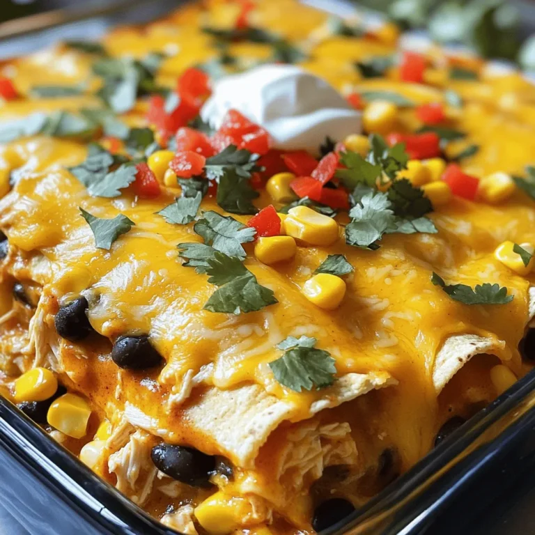 To create a tasty Chicken Enchilada Casserole, you will need these key items: - 3 cups cooked chicken, shredded - 2 cups enchilada sauce (red or green) - 1 can (15 oz) black beans, drained and rinsed - 1 cup corn kernels (fresh or frozen) - 1 red bell pepper, diced - 1 medium onion, chopped - 2 cups shredded cheddar cheese - 8 small corn tortillas, cut into quarters - 1 teaspoon ground cumin - 1 teaspoon chili powder - Salt and black pepper, to taste If you want to change things up, you can swap the chicken for shredded turkey or even cooked lentils for a vegetarian option. Instead of black beans, feel free to use pinto or kidney beans. Adding toppings can make your casserole even better! Here are some great suggestions: - Fresh cilantro, chopped - Sour cream (optional but adds creaminess) - Sliced jalapeños for some heat - Avocado slices for a fresh touch - Lime wedges for a zesty kick These toppings add color and flavor to your dish, making it even more delightful. You will need some common spices and sauces to enhance your casserole: - Ground cumin - Chili powder - Enchilada sauce When choosing your ingredients, opt for high-quality items. Fresh spices bring more flavor. If you can, make your enchilada sauce at home for the best taste. Always look for fresh produce, as it makes a big difference in flavor. 1. Preheating the oven: Start by preheating your oven to 350°F (175°C). This step is key for even cooking. 2. Preparing the filling: In a large bowl, mix 3 cups of shredded chicken, 1 can of black beans, 1 cup of corn, 1 diced red bell pepper, and 1 chopped onion. 3. Add half of the 2 cups of enchilada sauce, 1 teaspoon of cumin, 1 teaspoon of chili powder, salt, and pepper to the bowl. Stir well until all ingredients are mixed. 4. Layering the casserole: Take a 9x13-inch baking dish. Place a layer of corn tortilla quarters at the bottom. Make sure to cover the whole bottom. 5. Adding the chicken mixture: Spread half of the chicken filling over the tortillas. Then, sprinkle one-third of the 2 cups of cheddar cheese on top. 6. Repeat the layers: Add another layer of tortilla quarters. Spread the rest of the chicken mixture next. Then add another one-third of the cheese. 7. Finish with another layer of tortillas. Pour the remaining enchilada sauce over the top. Finally, add the last of the cheese across the top. 1. Bake the casserole: Cover the dish with aluminum foil. Bake for 25 minutes to keep moisture in. 2. Uncover and finish baking: Remove the foil. Bake for another 10-15 minutes. Look for bubbly cheese and a golden top to know it’s done. 3. Let it rest: Take the casserole out of the oven. Let it cool for 5-10 minutes. This helps the layers set, making it easier to cut. 1. How to cut and serve: Use a sharp knife to cut the casserole into squares. Serve each piece hot. 2. Ideal sides: Pair it with a fresh salad or some Mexican rice. These sides balance the meal and add color to your plate. For the full recipe, check out the details above! To make your Chicken Enchilada Casserole shine, avoid common mistakes. One big error is overloading the dish with too much filling. Stick to the recipe for the perfect balance. Another common issue is not layering properly. Always start with tortillas, then chicken mixture, and finish with cheese. This helps create a nice, even bake. For that perfect cheesy top, sprinkle cheese evenly and bake uncovered for the last few minutes. This allows the cheese to melt and brown perfectly. If you want a crispier top, you can broil it for a minute or two. Just watch it closely to avoid burning. If you have a busy week, consider make-ahead options. You can prepare the casserole a day in advance. Just cover it with foil and store it in the fridge. Bake it when you're ready to eat. Utilizing leftover chicken can save time and effort. Shredded rotisserie chicken works great in this recipe. It cuts down your prep time and adds great flavor. You can even freeze leftover casserole for a quick meal later. For the best results, use a 9x13-inch baking dish. This size helps the casserole cook evenly. Glass or ceramic bakeware works well, but metal can give a nice crispy edge. Optional gadgets can make your life easier. A food processor can help chop veggies quickly and evenly. If you have one, a tortilla press can make your tortillas more uniform. These small tools can simplify your preparation and save you time in the kitchen. {{image_4}} You can change ingredients in Chicken Enchilada Casserole to fit your needs. For a vegetarian option, swap the chicken for beans or lentils. Black beans work well here, adding fiber and protein. You can also use lentils for a hearty texture. If you need a gluten-free option, choose corn tortillas instead of flour. Corn tortillas are naturally gluten-free and bring a nice flavor to the dish. Look for brands that guarantee gluten-free labeling for peace of mind. Want to kick up the heat? Add diced jalapeños or sprinkle in some cayenne pepper. This will give your casserole a nice spicy kick. You can also play with spices like smoked paprika or chipotle powder for a smoky flavor. Cheese choices can also change the taste. Instead of just cheddar, try a blend of cheddar and Monterey Jack. This mix melts beautifully and adds a creamy texture to each bite. You could even try pepper jack cheese for an added spice level. To make this dish unique, switch up the sauce or toppings. Try a green salsa for a fresh twist or even a mole sauce for deep, rich flavors. You can also top your casserole with avocado slices or fresh lime juice for a pop of brightness. Don’t forget about regional variations. In the Southwest, you might find green chili added for extra flavor. In some areas, people use different proteins like beef or pork. This keeps the dish fun and allows for endless creativity in your kitchen. For more ideas, check out the Full Recipe for Chicken Enchilada Casserole. When you have extra Chicken Enchilada Casserole, store it well. First, let it cool down. Cover the dish with plastic wrap or aluminum foil. This keeps it fresh and tasty. You can also transfer it to an airtight container. In the fridge, this casserole lasts about 3 to 4 days. Be sure to check for any signs of spoilage before eating. Freezing Chicken Enchilada Casserole is easy. First, let it cool completely. Cut it into individual servings for easy thawing. Wrap each piece in plastic wrap, then in foil. This protects the flavors and texture. You can also use a freezer-safe container. It will stay fresh for up to 3 months in the freezer. To reheat, take it out of the freezer and let it thaw in the fridge overnight. Preheat your oven to 350°F (175°C). Place the casserole in an oven-safe dish. Cover it with foil to keep it moist. Bake for about 20-30 minutes, or until it’s hot in the center. This casserole is perfect for busy weekdays. You can serve it with a side salad or some rice. If you have leftovers, get creative! You can turn it into nachos. Just layer some tortilla chips on a baking sheet, add the casserole on top, and sprinkle with cheese. Bake until the cheese melts. Another idea is to use it as a filling for burritos. Wrap it in a tortilla with some fresh veggies. The options are endless! Chicken enchilada casserole is a layered dish. It combines cooked chicken, tortillas, cheese, and enchilada sauce. This dish is warm, cheesy, and full of flavor. It’s a great meal for families. You can serve it at parties or casual dinners, too. Each layer brings a new taste, making every bite delightful. Yes, you can use store-bought enchilada sauce. It saves time and effort. However, homemade sauce often tastes better. You can control the spice and flavor. Store-bought sauces may contain more preservatives. If you want to keep it simple, go for the store-bought. Just check the label for quality ingredients. To make chicken enchilada casserole healthier, use lower-calorie ingredients. You can swap out regular cheese for low-fat cheese. Instead of corn tortillas, try whole grain or corn tortillas. You can add more vegetables, like zucchini or spinach. These changes boost nutrition and keep it tasty. To reduce sodium content, choose low-sodium beans and broth. You can also make your own enchilada sauce. This way, you control the salt level. Fresh ingredients help keep the dish healthy and full of flavor. In this blog post, we explored Chicken Enchilada Casserole. We covered key ingredients, optional toppings, and pantry staples. You learned step-by-step instructions for preparation and baking. I shared tips to perfect your casserole and save time. We also discussed tasty variations and smart storage methods. Ultimately, this dish is a flexible and fun meal option. Enjoy creating your own version while incorporating your favorite flavors. Happy cooking!