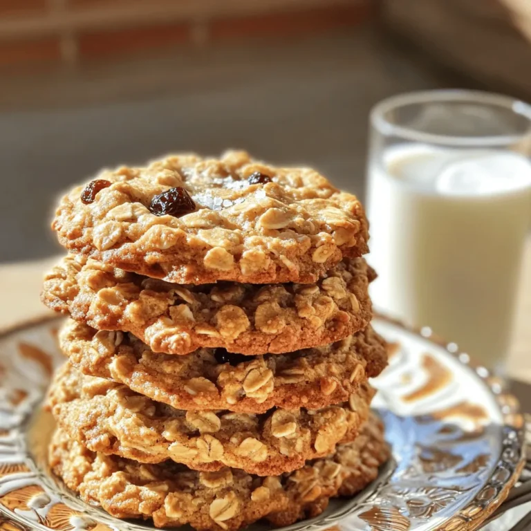 The right ingredients make all the difference in chewy oatmeal raisin cookies. Here are the key ones: - 1 cup old-fashioned rolled oats - 1 cup all-purpose flour - 1/2 cup unsalted butter, softened - 3/4 cup packed brown sugar - 1/4 cup granulated sugar - 1 large egg - 1 teaspoon pure vanilla extract - 1 cup raisins - 1/2 cup chopped walnuts (optional) Old-fashioned rolled oats give a hearty texture. All-purpose flour holds it all together. The unsalted butter adds richness, while both sugars create sweetness and depth. Raisins bring chewiness, and walnuts add a nice crunch. You can make swaps if needed. Here are some ideas: - For gluten-free cookies, use almond flour or coconut flour. - If you're dairy-free, try coconut oil or vegan butter. - To adjust sweetness, consider honey or maple syrup instead of sugar. These swaps can help you meet your dietary needs while still enjoying delicious cookies. To make these cookies, gather the right tools: - Mixing bowls and measuring cups - Hand mixer or stand mixer - Baking sheet and parchment paper Having the right equipment makes the process smoother. Mixing bowls help combine ingredients, while a hand mixer saves time. A baking sheet lined with parchment paper ensures easy removal of cookies. By preparing with the right ingredients and tools, you set yourself up for success. For the full recipe, check out the complete guide. Begin by preheating your oven to 350°F (175°C). This ensures even baking. Next, prepare your baking sheet by lining it with parchment paper. This will help the cookies not stick. In a medium mixing bowl, whisk together the following dry ingredients: - 1 cup old-fashioned rolled oats - 1 cup all-purpose flour - 1/2 teaspoon baking soda - 1/2 teaspoon ground cinnamon - 1/4 teaspoon salt Mix well and set this dry mixture aside for later use. In a large mixing bowl, combine the softened butter with sugars: - 1/2 cup unsalted butter, softened - 3/4 cup packed brown sugar - 1/4 cup granulated sugar Use a hand mixer or stand mixer to beat this mixture. Mix on medium speed until it becomes light and fluffy, about 2 to 3 minutes. Next, add one large egg and 1 teaspoon of pure vanilla extract to the butter-sugar mix. Beat well until everything blends smoothly. Now it's time to mix the dry and wet ingredients. Gradually add the dry oat mixture to the wet ingredients. Stir gently until just combined. Be careful not to overmix; this helps keep your cookies chewy. Using a rubber spatula, fold in: - 1 cup raisins - 1/2 cup chopped walnuts (optional) Make sure they are evenly distributed throughout the dough. Scoop spoonfuls of the cookie dough using a tablespoon. Drop them onto the prepared baking sheet, leaving about 2 inches of space between each scoop. This allows the cookies to spread while baking. Place the baking sheet in your preheated oven and bake for 10 to 12 minutes. Look for light golden brown edges. The centers might seem a bit undercooked, but they will firm up as they cool. Once done, let the cookies sit on the baking sheet for 5 minutes. This helps them set. Then, transfer them to a wire rack to cool completely. For the full recipe, check the details above. To get that perfect chewy texture, avoid overmixing your dough. When you mix the wet and dry ingredients, do it gently. Stop as soon as everything is combined. Overmixing makes the cookies tough. Baking time and temperature are also key. Preheat your oven to 350°F (175°C). Bake the cookies for 10 to 12 minutes. The edges will turn light golden brown, but the centers may look a bit soft. Don’t worry! They will firm up as they cool. To keep your cookies fresh, store them in an airtight container. This helps them stay soft and chewy longer. If you want to save some for later, freeze them! Just place them in a freezer-safe bag. They can last up to three months in the freezer, making it easy to enjoy your favorite treats anytime. For a lovely presentation, stack your cookies on a nice plate. Pair them with a chilled glass of milk or a warm cup of tea. The creamy milk complements the cookies. You can even sprinkle a pinch of flaked sea salt on top to boost flavor. Enjoy your delicious chewy oatmeal raisin cookies! For the complete recipe, check out the Full Recipe. {{image_4}} You can easily change the flavor of your cookies. Adding spices like nutmeg or ginger gives a warm taste. You can also mix in chocolate chips or coconut flakes for a fun twist. Each addition brings a new layer of flavor that makes your cookies exciting. If you want a healthier cookie, try reducing the sugar. Add chopped nuts for extra crunch and protein. You can also use a fruit base like applesauce. This makes cookies moist and adds natural sweetness. These swaps let you enjoy treats without feeling guilty. Get creative with seasonal flavors! In fall, try pumpkin spice oatmeal cookies. They bring the cozy taste of autumn. For special occasions, make chocolate oatmeal cookies. These are rich and perfect for celebrations. Each variation keeps your baking fresh and fun. For the complete recipe, check out the Full Recipe. To keep your chewy oatmeal raisin cookies fresh, store them in airtight containers. This helps lock in moisture and flavor. You can keep them at room temperature for a few days. If you want them to last longer, refrigerate them. But remember, cold cookies may lose some of their chewiness. How long are they good for? When stored properly, these cookies are good for about one week. After that, they may start to lose their taste and texture. Signs cookies have gone stale include a hard texture and a loss of flavor. If they become dry, it’s time to toss them. To enjoy warm cookies again, reheat them in the oven. Set the oven to 350°F (175°C) and place the cookies on a baking sheet. Heat them for about 5 minutes. This method keeps them chewy and soft. You can also use a microwave. Heat them for about 10-15 seconds. This works well but may not keep them as chewy as the oven method. To make your cookies chewier, use brown sugar instead of white sugar. Brown sugar has more moisture, which helps create a chewy texture. You can also add an extra egg yolk. This will enhance the moisture further. Make sure to bake them just until the edges are golden. This keeps the centers soft and chewy. Yes, you can skip the raisins! If you want a different flavor, try adding chocolate chips instead. Dried cranberries or chopped dates work well too. These alternatives will change the taste but still keep the cookies delicious. If your cookie dough is too dry, you can add a splash of milk or a little water. Start with a tablespoon and mix well. If needed, you can add more until the dough is just right. Another option is to add a bit more melted butter. This will help moisten the dough. To make these cookies gluten-free, use a gluten-free flour blend. Look for a blend that includes xanthan gum for better texture. You can also use almond flour or oat flour. Just be aware that using different flours may change the cookie’s taste and texture. Making chewy oatmeal raisin cookies is easy with the right ingredients and steps. By using old-fashioned rolled oats, butter, and sugars, you ensure great taste and texture. Remember to follow the tips for baking and storage for best results. Each variation offers unique flavors that can spice up your baking. Enjoy these cookies fresh or store them for later. Happy baking!