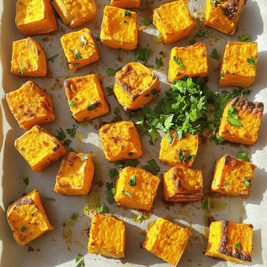 - 4 medium sweet potatoes, peeled and diced into 1-inch cubes - 3 tablespoons extra virgin olive oil - 1 teaspoon garlic powder - 1 teaspoon onion powder - 1 teaspoon smoked paprika - ½ teaspoon cayenne pepper (optional) - 2 teaspoons dried rosemary - 2 teaspoons dried thyme - Salt and freshly cracked black pepper to taste - Fresh parsley, finely chopped, for garnish - Additional spices or herbs - Toppings such as feta cheese or spicy aioli When I make oven-roasted sweet potatoes, I always start with fresh, vibrant ingredients. The sweet potatoes should feel firm and smooth. Peeling them makes the skin soft and easy to eat. I like to cut them into 1-inch cubes. This size cooks evenly and gives a nice texture. I use extra virgin olive oil for its rich flavor. It helps the spices stick and adds a bit of healthy fat. The spices are where the fun begins. Garlic powder and onion powder give depth to the taste. Smoked paprika adds warmth and a hint of smokiness. If you like heat, cayenne pepper is great. Just adjust how much you use based on how spicy you want it. Rosemary and thyme add a wonderful herbal note. Finally, salt and black pepper bring all the flavors together. For a twist, you can add extra spices or herbs. Try some cumin for an earthy note or chili powder for more heat. Toppings can also change the dish. Crumbled feta cheese adds creaminess. Spicy aioli gives a zesty kick. This recipe is all about personal taste. Feel free to mix and match to find your favorite blend. Check out the full recipe for a detailed guide on making these delightful sweet potatoes! To start, gather your sweet potatoes. You need four medium ones. First, wash them under cold water to remove any dirt. Next, peel off the skin using a vegetable peeler. Be sure to remove all the skin for the best taste. After peeling, cut each sweet potato into 1-inch cubes. Aim for even sizes. This helps them cook evenly. Now it’s time to mix! In a bowl, add the sweet potato cubes. Then, pour in three tablespoons of extra virgin olive oil. This oil adds great flavor and helps them crisp up. Next, add your spices. Sprinkle one teaspoon each of garlic powder and onion powder. Add one teaspoon of smoked paprika and optional cayenne pepper for heat. Finish with two teaspoons each of dried rosemary and dried thyme. Don’t forget to add salt and black pepper to taste. Using a large spoon or spatula, mix it all together. Make sure every cube is covered in oil and spices. This will make each bite tasty! Preheat your oven to 425°F (220°C). While the oven heats, line a large baking sheet with parchment paper. This helps with cleanup later. Spread the seasoned sweet potatoes in a single layer on the baking sheet. Avoid overlapping to ensure they roast correctly. Put the baking sheet in the oven for 25 to 30 minutes. Halfway through, flip the sweet potatoes using a spatula. This step ensures they cook evenly and get that nice golden-brown color. Once they are done roasting, take them out and let them cool for a few minutes. This cooling time allows the flavors to settle. Before you serve, sprinkle chopped parsley on top for a fresh touch. For the complete recipe, check the [Full Recipe]. Choose sweet potatoes that feel firm and heavy. Look for skin that is smooth and free of blemishes. Fresh sweet potatoes should have a vibrant color, whether orange or purple. If you can, buy organic sweet potatoes. Organic options often have better flavor and fewer chemicals. Conventional sweet potatoes can be just as tasty if you wash them well before cooking. To get crispy sweet potatoes, space them out on the baking sheet. If they are too close, they will steam instead of roast. Keep them in a single layer. This allows heat to circulate, giving them that nice crunch. If you want extra crispiness, try broiling them for the last few minutes. Just watch them closely to avoid burning. You can play with flavors by adding different herbs and spices. Try adding cumin for a warm taste or chili powder for a kick. For a fresh twist, mix in some lemon zest or lime juice. Adjust the spices to fit your taste. If you like it spicy, add more cayenne pepper. If you prefer milder flavors, skip it altogether. Remember, cooking should be fun and reflect your taste! For the full recipe, check the link. {{image_4}} You can mix sweet potatoes with other root veggies. Try carrots, parsnips, or beets. This mix adds various colors and flavors. Each root vegetable has its own taste and texture. Roasting them together creates a lovely medley. Just cut them into the same size. This way, they cook evenly. You can spice up your sweet potatoes with different flavors. For an Asian twist, try soy sauce, ginger, and sesame oil. These flavors give a fresh taste. For a southwestern kick, use cumin, chili powder, or lime juice. Each blend brings a new vibe to your dish. Feel free to experiment and find your favorite combo. Sweet toppings can make your sweet potatoes even better. Drizzle maple syrup or honey over them after roasting. This adds a lovely sweetness that contrasts with the savory spices. You can also top them with yogurt or nuts for crunch. This balance of sweet and savory makes each bite a delight. For the full recipe, visit the [Full Recipe]. To keep your oven-roasted sweet potatoes fresh, use airtight containers. Glass or plastic containers work well. Make sure they are completely cool before sealing. This step prevents moisture buildup, which can lead to sogginess. Store them in the fridge for up to four days. To enjoy crispy sweet potatoes again, use an oven or an air fryer. Preheat your oven to 375°F (190°C). Spread sweet potatoes on a baking sheet. Heat for about 10-15 minutes. Flip them halfway to maintain that crunch. If using an air fryer, set it to 350°F (175°C) for about 5-7 minutes. This method keeps them tasty and crispy. To freeze roasted sweet potatoes, let them cool completely first. Spread them in a single layer on a baking sheet. Freeze for a few hours until firm, then transfer them to freezer bags. Remove as much air as possible to prevent freezer burn. When ready to enjoy, thaw them in the fridge overnight. Reheat as mentioned above for the best taste. Oven-roasted sweet potatoes last about 3 to 5 days in the fridge. Store them in an airtight container to keep them fresh. If you want to enjoy them longer, consider freezing them. Make sure they cool down before you pack them. This keeps moisture from making them soggy. Yes, you can make this recipe in advance. You can prep the sweet potatoes a day ahead. Peel and cube them, then toss with the oil and spices. Store the mixture in the fridge until you are ready to roast. This way, you save time when you need it most. Oven-roasted sweet potatoes pair well with many dishes. They go great with grilled chicken or fish. You can also serve them with a hearty salad or rice dishes. For a vegan meal, try them with black beans or quinoa. Each option enhances their sweet flavor and adds more nutrition. Oven-roasted sweet potatoes offer a tasty, healthy side dish. We explored ingredients, prepping, and roasting steps. You learned how to customize flavors and achieve crispiness. Don't forget to store leftovers properly and reheat them for the best taste. Whether you enjoy them sweet or savory, sweet potatoes can fit many meals. Try new spices to make this dish your own. Enjoy your cooking journey with these versatile gems!