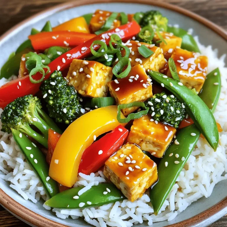 To make this teriyaki tofu stir fry, you will need: - 1 block (14 oz) firm tofu, drained and pressed - 2 tablespoons cornstarch - 2 tablespoons vegetable oil, divided - 1 red bell pepper, thinly sliced - 1 yellow bell pepper, thinly sliced - 1 cup broccoli florets, bite-sized - 1 cup snap peas, trimmed - 3 green onions, sliced diagonally - 4 cloves garlic, minced - 1 tablespoon freshly grated ginger - ½ cup teriyaki sauce (store-bought or homemade) - Sesame seeds, for garnish - Cooked jasmine or brown rice, for serving You can swap out some ingredients if needed: - Use extra firm tofu for a denser texture. - Replace vegetable oil with sesame oil for a nutty flavor. - Try other veggies like carrots or mushrooms for added taste. - Use low-sodium teriyaki sauce for a healthier option. This dish is packed with nutrition. A serving provides: - Calories: Approximately 350 - Protein: 15 grams - Carbohydrates: 45 grams - Fat: 12 grams - Fiber: 6 grams These values may vary based on specific brands and amounts used. This stir fry offers a great balance of protein, carbs, and colorful veggies! If you want to learn how to make this dish, check out the Full Recipe. Enjoy your cooking! First, you need to cut the tofu. Take the block of firm tofu and drain it well. Press it to remove extra water. Then, cut it into bite-sized cubes, about one inch each. This size helps the tofu cook evenly. Next, place the cubes in a bowl. Sprinkle two tablespoons of cornstarch over them. Toss gently until all sides are coated. This coating helps the tofu become crispy when cooked. Now, heat one tablespoon of vegetable oil in a large skillet or wok. Set the heat to medium-high. When the oil is hot, add the coated tofu cubes carefully. Cook the tofu for about 8 to 10 minutes. Stir often until it is golden brown and crispy on all sides. Once done, transfer the tofu to a plate and set it aside. This crispy tofu adds great texture to your stir fry. In the same skillet, add the remaining tablespoon of vegetable oil. Heat it up again. Next, add the sliced red and yellow bell peppers, broccoli florets, and snap peas. Stir-fry these colorful veggies for about 5 minutes. You want them to be tender but still bright and crunchy. This keeps the dish fresh and vibrant. Once the vegetables are ready, add minced garlic and freshly grated ginger. Stir for one more minute to release their amazing aromas. Then, return the crispy tofu to the skillet. Pour half a cup of teriyaki sauce over everything. Toss gently to coat all the ingredients evenly. Cook for another 2 to 3 minutes until everything is heated through. Now, you have a delicious teriyaki tofu stir fry! Garnish with sliced green onions and sesame seeds for extra flavor. Serve it over cooked jasmine or brown rice. This dish is easy and so tasty! For the full recipe, check the recipe section. To make your tofu crispy, start with firm tofu. Press it well to remove excess water. After pressing, cut it into 1-inch cubes. Coat the cubes with cornstarch. This helps achieve that golden brown crust. Heat your skillet or wok until hot. Use enough oil to cover the bottom. Fry the tofu in batches for even cooking. Don’t overcrowd the pan. Let each side cook for about 2-3 minutes. This way, you’ll get a nice crunch on all sides. While teriyaki sauce is key, other ingredients can add depth. Consider adding a splash of rice vinegar for a tangy twist. You can also mix in a teaspoon of sesame oil for a nutty flavor. If you love heat, add sliced chili peppers or a dash of chili flakes. Fresh herbs like cilantro or basil can brighten the dish. For extra crunch, toss in some cashews or peanuts. These additions make your stir-fry even more exciting. Serve your teriyaki tofu stir fry over jasmine or brown rice. The rice soaks up the yummy sauce. You can also serve it with quinoa or noodles for a twist. For a colorful plate, add a side of pickled vegetables. A simple cucumber salad pairs well, too. If you like a bit of spice, serve with sriracha on the side. Garnish with sliced green onions and sesame seeds for a lovely finish. For the full recipe, check out the earlier section. {{image_4}} If you want to change the protein in your stir fry, there are many options. Try chickpeas for a great plant-based choice. You can also use tempeh, which has a nutty flavor. For non-vegetarian options, chicken, shrimp, or beef work well. Each protein brings its own taste and texture. Feel free to mix and match your veggies! Carrots, zucchini, or mushrooms add great flavors. You can also use green beans or bok choy for a fresh crunch. Just remember to cut them into bite-sized pieces to keep cooking easy and quick. The more colors you add, the more fun and healthy your dish will be! Making your own teriyaki sauce is simple and tasty. Here’s a quick recipe: - ½ cup soy sauce - ¼ cup water - 3 tablespoons brown sugar - 1 tablespoon honey or maple syrup - 1 tablespoon cornstarch - 2 tablespoons rice vinegar - 1 teaspoon minced garlic - 1 teaspoon minced ginger To make the sauce, mix all ingredients in a small pot over medium heat. Stir until it thickens, then cool. This sauce adds a personal touch to your teriyaki tofu stir fry, making it even better. You can find the full recipe in the main article. To store your teriyaki tofu stir fry, let it cool down first. Place it in an airtight container. It will stay fresh in the fridge for about 3 to 5 days. Make sure to keep the rice separate if you can. This helps keep the rice fluffy and the stir fry crisp. To reheat, use a skillet over medium heat. Add a splash of water or oil to keep it moist. Heat for about 5 to 7 minutes, stirring often. You can also use a microwave. Just heat it in short bursts of 1 minute, stirring in between. This way, it warms evenly and stays tasty. If you want to freeze your stir fry, put it in a freezer-safe container. Leave some space at the top because it may expand. It can last for up to 3 months in the freezer. When ready to eat, thaw it overnight in the fridge. Reheat it in a skillet or microwave for best results. You can use tempeh or seitan as a tofu substitute. Both options add great texture. Chickpeas also work well if you want a bean-based choice. Just remember to adjust your cooking time to fit the new protein. You want it to be cooked through but still tender. Yes, you can make this dish gluten-free! Use tamari instead of regular soy sauce. Check the teriyaki sauce label too, as some brands contain gluten. You can also make homemade teriyaki sauce using gluten-free ingredients. This way, you can enjoy the same great taste without gluten. For extra heat, add sliced jalapeños or red pepper flakes. You can also include a splash of sriracha sauce while cooking. Adjust the spice level to your taste. Start with a small amount, then increase it if you want more heat. Absolutely! Teriyaki Tofu Stir Fry is vegan-friendly. All the ingredients are plant-based. This makes it a great choice for vegans and vegetarians. Enjoy it without worrying about animal products. You can find the full recipe above to get started! This blog post explored how to make a tasty teriyaki tofu stir fry. We discussed the key ingredients, how to prepare and cook everything, and tips for perfecting your dish. You learned about ingredient swaps, storage, and warming up your leftovers. Remember, you can make this dish your own with different proteins and veggies. Don't hesitate to try new flavors or sauces. Enjoy your cooking journey and have fun with your food!