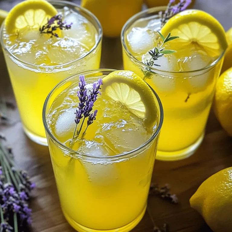 Here’s what you need to make Lemon Lavender Fizzy Lemonade: - 1 cup freshly squeezed lemon juice - 1 cup granulated sugar - 4 cups sparkling water (chilled) - 2 tablespoons dried culinary lavender flowers - 1 cup water - Ice cubes for serving - Thin lemon slices and fresh lavender sprigs for garnish This blend of flavors will create a refreshing drink perfect for hot days. The lemon juice gives a bright, zesty taste, while the lavender adds a floral note. The sugar sweetens the mix, and the sparkling water adds a fizzy twist. Using fresh ingredients is vital for the best flavor. Choose ripe lemons for a tart kick and high-quality lavender for the best aroma. The combination of these ingredients will not only taste great but also look stunning. You can find the full recipe linked above for detailed steps. - Combine sugar, dried lavender, and water in a saucepan. - Simmer and stir until the sugar dissolves. - Steep the mixture to infuse flavors for about 15-20 minutes. Making the lavender syrup is key to this drink. The sweet, floral notes offer a unique twist. I love how the lavender pairs with the bright lemon flavor. - Strain the lavender syrup through a fine-mesh sieve. - Combine the syrup and lemon juice in a pitcher. - Gradually add in the sparkling water. Mixing the lemonade is simple but fun. I always recommend using freshly squeezed lemon juice. It makes a big difference! The sparkling water gives it a nice fizz that makes this drink refreshing. - Fill glasses with ice cubes. - Pour the lemonade over the ice. - Garnish with thin lemon slices and lavender sprigs. Serving is the best part. I love seeing the vibrant color of the drink. The lemon slices and lavender sprigs add beauty and aroma. It’s a delightful summer treat. For the full recipe, check out the earlier section! Using fresh lemons gives the best flavor to your lemonade. Look for lemons that feel heavy for their size and have a bright, smooth skin. The juice from fresh lemons will burst with tangy goodness. For lavender, select high-quality culinary lavender. It should smell fragrant and have a vibrant color. Avoid lavender that looks dull or has no scent. You can easily adjust the sugar in your lemonade. Start with the full cup in the recipe, then taste it. If you want it sweeter, add more sugar a little at a time. If you prefer less sugar, reduce it to your liking. You can also use alternatives to granulated sugar. Try honey, agave syrup, or stevia for a different twist. Each option will change the taste a bit, so choose what you like best. To make your lemonade even more special, consider adding herbs or fruits. Fresh mint or basil can give a refreshing twist. You might also add berries, like strawberries or raspberries, for a fruity flavor. Experiment with different brands of sparkling water too. Each brand has a unique taste, which can change your drink’s flavor profile. Don't be afraid to mix and match! For the full recipe, check the details above. {{image_4}} You can easily make this drink more fun. Adding berries or citrus gives it a fruity twist. Try strawberries, raspberries, or oranges. Just muddle the fruits in the bottom of the glass. Then, pour the lemon lavender fizz over the top. You can also mix in other herbs, like mint or basil. This adds even more flavor and freshness. Want to turn this fizzy drink into a cocktail? You can make a refreshing alcoholic version with gin or vodka. Use a one-to-one ratio. For every cup of lemonade, add one ounce of alcohol. Stir gently to mix, then serve over ice. This makes a great drink for summer parties! If you want a sugar-free drink, there are great options. Use natural sweeteners like stevia or agave. These sweeteners can replace sugar in equal amounts. Just be sure to adjust the taste to your liking. This way, you can still enjoy the lemon lavender flavor without the sugar. To keep your leftover lemonade fresh, store it in the fridge. Use an airtight pitcher or jar. This will help seal in the flavor and keep it fizzy. If you want to keep the bubbles, avoid shaking the jar. Just pour gently when serving. I recommend drinking it within three days for the best taste. If you want to save lemonade for later, freezing is a great choice. Pour the lemonade into ice cube trays or a freezer-safe container. Leave some space at the top, as liquids expand when frozen. Once frozen, you can pop out the cubes for quick drinks later. Homemade lemonade can last about five to seven days in the fridge. If it starts to smell sour or has strange colors, it’s time to toss it. Always check for floating bits or odd textures. Trust your senses; they guide you well! To get the most juice from lemons, roll them on the counter. Use your palm to press down gently. This helps to break down the cell walls. Next, cut the lemon in half. Use a hand juicer or squeeze the halves directly. Strain the juice to remove seeds. This method gives you every drop of juice for your Lemon Lavender Fizzy Lemonade. Yes, you can use fresh lavender, but the flavor differs. Fresh lavender has a lighter and more floral taste. Dried lavender has a stronger, more concentrated flavor. If using fresh, you may need more than two tablespoons. Experiment to find your preferred balance. Both options work well, but each offers a unique twist to your drink. To make your Lemon Lavender Fizzy Lemonade more festive, think about garnishes. Add thin lemon slices for color. Fresh lavender sprigs also add a nice touch. You can even add edible flowers for a colorful look. Serve in clear glasses to show off the drink's beautiful hue. A fun straw or a fancy glass can elevate your drink's appeal. This blog post shared a simple recipe for homemade lavender lemonade. You learned how to prepare a floral syrup, mix refreshing lemonade, and serve it beautifully. Remember, using fresh ingredients boosts flavor. You can also try new twists with fruits or herbs to make it your own. Whether you prefer non-alcoholic or a cocktail version, this drink can be tailored to your taste. Enjoy experimenting and savoring a delightful glass!