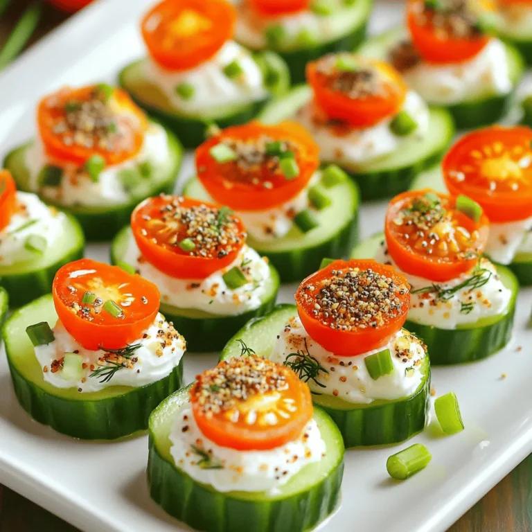 - 2 large cucumbers - 8 oz cream cheese, softened - 1 teaspoon garlic powder - 1 teaspoon onion powder - 1 tablespoon fresh dill, finely chopped - 1 tablespoon fresh chives, finely chopped - 2 tablespoons everything bagel seasoning - 1/2 cup cherry tomatoes, halved - Salt and freshly cracked pepper To create Everything Bagel Cucumber Bites, you need fresh ingredients. Start with two large cucumbers. They give a crisp base. Next, use cream cheese to add creaminess. Soften it first for easy spreading. For flavor, garlic powder and onion powder enhance the taste. Fresh herbs like dill and chives bring brightness. Everything bagel seasoning adds a unique crunch. Don't forget your cherry tomatoes! They not only look great but also add freshness to your bites. Salt and pepper will help balance the flavors. Once you gather your ingredients, you can follow the full recipe to whip up this delicious snack. Enjoy the burst of flavors in each bite! - First, wash the cucumbers under cold water. This step is key to remove dirt. - Next, slice each cucumber into thick rounds, about 1-inch thick. - Set aside the cucumber slices on a cutting board. They will hold all the tasty toppings. - In a mixing bowl, blend the softened cream cheese with garlic powder, onion powder, fresh dill, and fresh chives. - Mix until you get a smooth and creamy texture. A hand mixer or spatula works well for this. - Don’t forget to adjust the seasoning with salt and freshly cracked pepper to suit your taste. - Use a small spatula or butter knife to spread a generous layer of the cream cheese mixture on each cucumber slice. - Evenly sprinkle everything bagel seasoning over the cream cheese. This adds bursts of flavor. - For a pop of color, gently place a halved cherry tomato on each bite. Press lightly so they stick. - Finally, arrange the cucumber bites on a platter. Make them look nice by alternating their positions. These steps make for a fun and fresh snack, perfect for any gathering. For the complete recipe, check out the Full Recipe section. To make your cream cheese spread easily, start with softened cream cheese. Let it sit out for around 30 minutes before mixing. This helps create a smooth blend. You can use a hand mixer for an extra creamy texture. If you don’t have a mixer, a spatula works well too. When choosing cucumbers, pick large, firm ones. Look for cucumbers with smooth skin and no soft spots. English cucumbers are a great choice because they have fewer seeds and a sweeter taste. Slice them into thick rounds for a satisfying crunch. For special occasions, serve your cucumber bites on a colorful platter. You can layer them neatly or create fun patterns. Add fresh herbs like dill or chives on top for a pop of color. To enhance visual appeal, garnish each bite with a cherry tomato half. You can also drizzle a balsamic reduction over the platter for an elegant touch. Keeping your bites neat and vibrant will impress your guests. For the full recipe, check out the complete guide to Everything Bagel Cucumber Bites! {{image_4}} You can change the flavor by using different herbs. Try basil or cilantro for a fresh twist. For those who like heat, add a pinch of cayenne or red pepper flakes. This spice will wake up your taste buds. Mix in some smoked paprika for a rich flavor. Each herb brings a new life to the bites. Beyond cherry tomatoes, think of other toppings. Sliced radishes add crunch and color. For a savory kick, try crispy bacon bits. You can also use olives for a briny flavor. If you want something sweet, add sliced strawberries. These choices make your cucumber bites unique for any event. Serve them at parties or as a fun snack. The options are endless, and your guests will love the variety! To keep your cucumber bites fresh, store them in an airtight container. Do not stack them too high; it may squish them. If you have many bites, you can layer them with parchment paper. This helps to keep them intact. Use a container that fits snugly to prevent air from getting in. Glass or plastic containers with tight lids work well. For the best flavor, consume the cucumber bites within two days. After that, the cucumbers may lose their crunch. You can also check for any signs of spoilage, like a slimy texture or off smell. These bites taste great cold, so no need to reheat. If you want a warm snack, consider using the cream cheese mixture in other hot dishes. Enjoy them as a quick snack or at gatherings! You can store Everything Bagel Cucumber Bites in the fridge for up to two days. After that, the cucumbers may lose their crunch. Check for any signs of spoilage, like a slimy texture or off smell. If you see these signs, it’s best to toss them. Yes, you can prep these bites ahead. Slice the cucumbers and make the cream cheese mixture a few hours in advance. Just keep them covered in the fridge. Add the everything bagel seasoning and cherry tomatoes right before serving for the best taste and look. You can get creative with toppings. Try sliced radishes, olives, or even smoked salmon. Fresh herbs like parsley or cilantro also work well. This way, you can mix things up and keep it interesting! To make these bites vegan, swap cream cheese for a plant-based version. Cashew cream or hummus can work great too. Use a vegan everything bagel seasoning as well. This keeps the flavor while making it suitable for everyone. You can buy everything bagel seasoning at most grocery stores. Look in the spice aisle. If you prefer, you can easily make your own mix at home. Just combine sesame seeds, poppy seeds, garlic powder, onion powder, and salt. Enjoy experimenting! For the Full Recipe, check out the detailed steps above. In this blog post, we explored how to create everything bagel cucumber bites. You learned the ingredients needed, step-by-step instructions, and tips for the best results. We also discussed variations and storage tips to keep your bites fresh. As you prepare these tasty snacks, remember to get creative with toppings and herbs. This dish is versatile, fun, and perfect for any occasion. Enjoy making them your own!