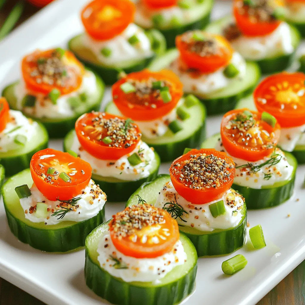 - 2 large cucumbers - 8 oz cream cheese, softened - 1 teaspoon garlic powder - 1 teaspoon onion powder - 1 tablespoon fresh dill, finely chopped - 1 tablespoon fresh chives, finely chopped - 2 tablespoons everything bagel seasoning - 1/2 cup cherry tomatoes, halved - Salt and freshly cracked pepper To create Everything Bagel Cucumber Bites, you need fresh ingredients. Start with two large cucumbers. They give a crisp base. Next, use cream cheese to add creaminess. Soften it first for easy spreading. For flavor, garlic powder and onion powder enhance the taste. Fresh herbs like dill and chives bring brightness. Everything bagel seasoning adds a unique crunch. Don't forget your cherry tomatoes! They not only look great but also add freshness to your bites. Salt and pepper will help balance the flavors. Once you gather your ingredients, you can follow the full recipe to whip up this delicious snack. Enjoy the burst of flavors in each bite! - First, wash the cucumbers under cold water. This step is key to remove dirt. - Next, slice each cucumber into thick rounds, about 1-inch thick. - Set aside the cucumber slices on a cutting board. They will hold all the tasty toppings. - In a mixing bowl, blend the softened cream cheese with garlic powder, onion powder, fresh dill, and fresh chives. - Mix until you get a smooth and creamy texture. A hand mixer or spatula works well for this. - Don’t forget to adjust the seasoning with salt and freshly cracked pepper to suit your taste. - Use a small spatula or butter knife to spread a generous layer of the cream cheese mixture on each cucumber slice. - Evenly sprinkle everything bagel seasoning over the cream cheese. This adds bursts of flavor. - For a pop of color, gently place a halved cherry tomato on each bite. Press lightly so they stick. - Finally, arrange the cucumber bites on a platter. Make them look nice by alternating their positions. These steps make for a fun and fresh snack, perfect for any gathering. For the complete recipe, check out the Full Recipe section. To make your cream cheese spread easily, start with softened cream cheese. Let it sit out for around 30 minutes before mixing. This helps create a smooth blend. You can use a hand mixer for an extra creamy texture. If you don’t have a mixer, a spatula works well too. When choosing cucumbers, pick large, firm ones. Look for cucumbers with smooth skin and no soft spots. English cucumbers are a great choice because they have fewer seeds and a sweeter taste. Slice them into thick rounds for a satisfying crunch. For special occasions, serve your cucumber bites on a colorful platter. You can layer them neatly or create fun patterns. Add fresh herbs like dill or chives on top for a pop of color. To enhance visual appeal, garnish each bite with a cherry tomato half. You can also drizzle a balsamic reduction over the platter for an elegant touch. Keeping your bites neat and vibrant will impress your guests. For the full recipe, check out the complete guide to Everything Bagel Cucumber Bites! {{image_4}} You can change the flavor by using different herbs. Try basil or cilantro for a fresh twist. For those who like heat, add a pinch of cayenne or red pepper flakes. This spice will wake up your taste buds. Mix in some smoked paprika for a rich flavor. Each herb brings a new life to the bites. Beyond cherry tomatoes, think of other toppings. Sliced radishes add crunch and color. For a savory kick, try crispy bacon bits. You can also use olives for a briny flavor. If you want something sweet, add sliced strawberries. These choices make your cucumber bites unique for any event. Serve them at parties or as a fun snack. The options are endless, and your guests will love the variety! To keep your cucumber bites fresh, store them in an airtight container. Do not stack them too high; it may squish them. If you have many bites, you can layer them with parchment paper. This helps to keep them intact. Use a container that fits snugly to prevent air from getting in. Glass or plastic containers with tight lids work well. For the best flavor, consume the cucumber bites within two days. After that, the cucumbers may lose their crunch. You can also check for any signs of spoilage, like a slimy texture or off smell. These bites taste great cold, so no need to reheat. If you want a warm snack, consider using the cream cheese mixture in other hot dishes. Enjoy them as a quick snack or at gatherings! You can store Everything Bagel Cucumber Bites in the fridge for up to two days. After that, the cucumbers may lose their crunch. Check for any signs of spoilage, like a slimy texture or off smell. If you see these signs, it’s best to toss them. Yes, you can prep these bites ahead. Slice the cucumbers and make the cream cheese mixture a few hours in advance. Just keep them covered in the fridge. Add the everything bagel seasoning and cherry tomatoes right before serving for the best taste and look. You can get creative with toppings. Try sliced radishes, olives, or even smoked salmon. Fresh herbs like parsley or cilantro also work well. This way, you can mix things up and keep it interesting! To make these bites vegan, swap cream cheese for a plant-based version. Cashew cream or hummus can work great too. Use a vegan everything bagel seasoning as well. This keeps the flavor while making it suitable for everyone. You can buy everything bagel seasoning at most grocery stores. Look in the spice aisle. If you prefer, you can easily make your own mix at home. Just combine sesame seeds, poppy seeds, garlic powder, onion powder, and salt. Enjoy experimenting! For the Full Recipe, check out the detailed steps above. In this blog post, we explored how to create everything bagel cucumber bites. You learned the ingredients needed, step-by-step instructions, and tips for the best results. We also discussed variations and storage tips to keep your bites fresh. As you prepare these tasty snacks, remember to get creative with toppings and herbs. This dish is versatile, fun, and perfect for any occasion. Enjoy making them your own!