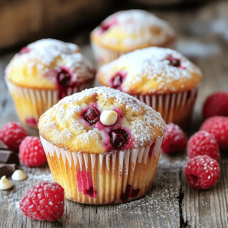 Here’s what you need to make these tasty raspberry white chocolate muffins: - 1 ½ cups all-purpose flour - ½ cup granulated sugar - ½ cup packed brown sugar - 1 tablespoon baking powder - ½ teaspoon salt - 1 large egg - ¾ cup buttermilk (or use 1 tablespoon of vinegar in regular milk) - ⅓ cup vegetable oil - 1 teaspoon pure vanilla extract - 1 cup fresh raspberries (frozen work too if fresh are not available) - ¾ cup white chocolate chips Each ingredient plays a key role in making these muffins delightful. - All-purpose flour gives structure and helps the muffins rise. - Granulated sugar and brown sugar add sweetness and moisture. - Baking powder is the leavening agent, making the muffins light and fluffy. - Salt enhances flavors and balances sweetness. - Egg binds the ingredients and adds richness. - Buttermilk keeps the muffins tender and moist. - Vegetable oil adds moisture for a soft texture. - Vanilla extract brings warmth and depth to the flavor. - Fresh raspberries add tartness and juicy bursts. - White chocolate chips provide sweet creaminess. For dietary preferences, consider these swaps: - Use whole wheat flour for a nutty flavor. - Substitute coconut oil for vegetable oil for a coconut twist. - Use almond milk or oat milk instead of buttermilk for a dairy-free option. This recipe is versatile, and you can adjust it to fit your needs. For the full recipe, check the section above. 1. Preheat your oven to 375°F (190°C). This warms the oven evenly for baking. 2. Prepare your muffin tin. You can line it with paper liners or use cooking spray. This keeps the muffins from sticking. 3. In a large mixing bowl, combine the all-purpose flour, granulated sugar, packed brown sugar, baking powder, and salt. Whisk these dry ingredients well. This helps mix them evenly. 4. In another bowl, crack the large egg and beat it lightly. Then add the buttermilk, vegetable oil, and vanilla extract. Stir this mixture until it is smooth. 5. Pour this wet mixture into your bowl with the dry ingredients. Using a spatula, stir gently until they just combine. Be careful not to overmix. The batter should look a bit lumpy. 6. Now, fold in the fresh raspberries and white chocolate chips. Do this gently to avoid crushing the raspberries. You want them whole for bursts of flavor! 7. Use a spoon or ice cream scoop to fill each muffin tin cup about two-thirds full. This gives the muffins space to rise. 8. Place the muffin tin in your preheated oven. Bake for 18 to 20 minutes. The muffins should turn a nice golden brown. To check, insert a toothpick in the center. It should come out clean. 9. After baking, take the muffins out of the oven. Let them cool in the tin for about 5 minutes. Then, carefully move them to a wire rack to cool completely. For the full recipe, refer back to the beginning of this article. To make great muffins, do not overmix the batter. Overmixing makes muffins tough and chewy. Mix just until the dry ingredients are moistened. If you see lumps, that's okay! They will bake out. When you fold in the raspberries, do it gently. Use a spatula and lift the batter over the raspberries. This method keeps them intact and prevents mushy spots. If you crush them, the muffins may turn pink and lose their bright flavor. You can add flavors to your muffins. Try adding lemon zest for a fresh twist. Orange zest works well too. If you want more texture, add chopped nuts or oats. To make these muffins dairy-free, use almond or oat milk instead of buttermilk. For a gluten-free option, swap the all-purpose flour for a gluten-free blend. Just ensure it has a good balance of ingredients for best results. For the complete recipe, check the [Full Recipe]. {{image_4}} You can change the flavor of these muffins easily. Swap raspberries for other fruits like blueberries, strawberries, or peaches. Each fruit offers a unique taste and can brighten up your muffins. If you want to try different types of chocolate, use dark or milk chocolate instead of white. You can even mix in nuts or coconut for extra texture. This way, you create your own special muffin that fits your taste. You can make mini muffins or muffin tops with this recipe. For mini muffins, fill the cups about halfway. They will bake faster, so check them around 12 to 15 minutes. If you want to make muffin tops, use a baking sheet instead of a muffin tin. Drop mounds of batter onto the sheet and bake until golden brown. Adjust the baking time to about 15 to 18 minutes. Always check for doneness with a toothpick. These variations let you enjoy raspberry white chocolate muffins in new ways! For the full recipe, refer to the section above. To keep your raspberry white chocolate muffins fresh, store them in an airtight container. This helps lock in moisture and flavor. You can use a plastic or glass container with a tight lid. If you plan to eat the muffins in a few days, leave them at room temperature. For longer storage, place them in the fridge. If you want to store muffins for a longer time, freezing is a great option. First, let the muffins cool completely. Then, wrap each muffin in plastic wrap. Next, place the wrapped muffins in a freezer-safe bag or container. This keeps them fresh for up to three months. When you're ready to enjoy a muffin, simply remove it from the freezer. You can thaw it in the fridge overnight or at room temperature for a few hours. To reheat, pop it in the microwave for about 15-20 seconds. This warms it up and makes it taste fresh again. How do I know when the muffins are done? You can tell the muffins are done when they turn golden brown. Insert a toothpick into the center of one muffin. If it comes out clean, the muffins are ready. This usually takes 18 to 20 minutes at 375°F (190°C). Let them cool a bit before checking. Can I use frozen raspberries instead of fresh? Yes, you can use frozen raspberries in this recipe. They work well if fresh are not available. Just be careful when mixing them in, as they may break apart easily. This can add a nice swirl of color to your muffins. How can I adjust the recipe for fewer servings? To make fewer muffins, simply halve the ingredient amounts. For example, use ¾ cup of flour instead of 1 ½ cups. This will make about 6 muffins. Remember to adjust the baking time as needed. What can I substitute for buttermilk? If you don’t have buttermilk, you can make a quick substitute. Add 1 tablespoon of vinegar to ¾ cup of regular milk. Let it sit for a few minutes until it thickens. This will give you a similar tangy flavor. In this post, we discussed ingredients, clear steps, and handy tips for making muffins. You learned how to mix, bake, and store delicious muffins. Remember, testing the muffins for doneness is key. Use frozen raspberries if fresh ones aren’t available. Always feel free to adjust the recipe to fit your needs. With practice, you’ll achieve perfect muffins. Enjoy the process and your tasty results!