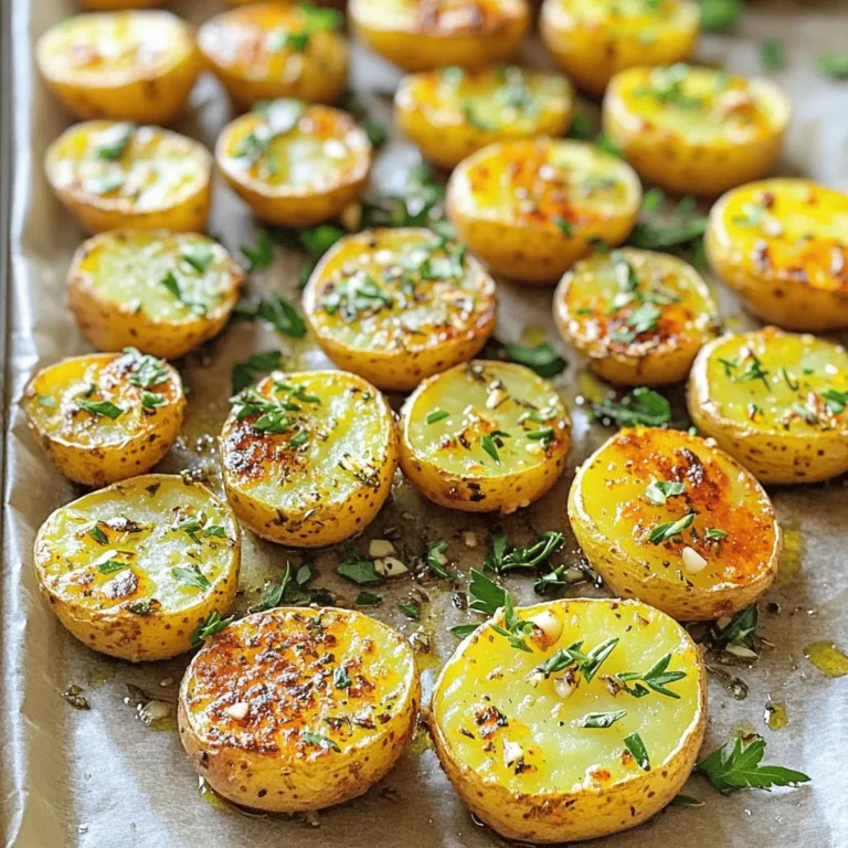 - 2 pounds baby potatoes - 4 tablespoons extra virgin olive oil - 4 cloves garlic To make garlic herb roasted potatoes, start with fresh baby potatoes. You want about 2 pounds. Their small size ensures they cook evenly and taste great. Next, grab 4 tablespoons of extra virgin olive oil. This oil adds rich flavor and helps the potatoes crisp up nicely. Lastly, use 4 cloves of garlic. When minced, garlic gives that delicious aroma and taste. - 1 tablespoon fresh rosemary - 1 tablespoon fresh thyme leaves - 1 teaspoon smoked paprika Fresh herbs are key to flavor. You need 1 tablespoon of fresh rosemary and 1 tablespoon of fresh thyme leaves. Both herbs add a nice, earthy taste. For a hint of sweetness, include 1 teaspoon of smoked paprika. This spice gives the potatoes a warm color and depth of flavor. - Salt and freshly ground black pepper - Fresh parsley for garnish Don’t forget to season your potatoes! You’ll need salt and freshly ground black pepper to taste. These basic seasonings enhance all the other flavors. Finally, for garnish, use fresh parsley. Chopped parsley adds a bright color and fresh taste to your dish. For the full recipe, check the details above. - Preheat your oven to 425°F (220°C). This heat is key for nice, crispy potatoes. - Line a baking sheet with parchment paper. This makes cleanup a breeze and helps the potatoes brown evenly. - In a large mixing bowl, combine 2 pounds of halved baby potatoes with 4 tablespoons of extra virgin olive oil. - Add in 4 finely minced cloves of garlic, 1 tablespoon of chopped rosemary, 1 tablespoon of fresh thyme leaves, and 1 teaspoon of smoked paprika. - Season with salt and freshly ground black pepper to taste. - Toss everything thoroughly. You want each potato half coated in the tasty mix. - Spread the seasoned potatoes on the baking sheet. Place them cut-side down for the best browning. - Roast in the preheated oven for 25 to 30 minutes. Flip the potatoes halfway through to ensure even cooking. - They’re done when they turn a beautiful golden brown and are soft when poked with a fork. - Once out of the oven, sprinkle fresh chopped parsley on top for a pop of color and flavor. For the full recipe, check out the detailed steps that will help you create this dish perfectly! To get that crispy skin, always place the potatoes cut-side down. This helps them brown nicely. Another key is using the right temperature. Roast your potatoes at 425°F (220°C). This high heat cooks them fast and gives a great crunch. When mixing your potatoes, use a large bowl. This gives you room to toss them well. Tossing ensures every piece gets coated with oil and herbs. Use your hands or a spatula for the best results. Make sure to mix gently but thoroughly. To know when your potatoes are done, look for a golden-brown color. This means they are crispy outside and soft inside. You can also test them with a fork. If it goes in easily, they are ready. Enjoy your perfectly roasted potatoes! For the full recipe, check the details above. {{image_4}} You can make garlic herb roasted potatoes even better with a few simple tweaks. Adding cheese is a great way to enhance flavor. Consider using Parmesan or feta for a rich taste. These cheeses melt well and add a creamy texture. You might also experiment with spices. Garlic powder or onion powder can bring a new twist. They add depth and complement the fresh herbs nicely. If you're looking for vegan-friendly options, you can easily adapt this recipe. Just use a plant-based oil instead of olive oil. You can also skip the cheese or use a vegan alternative. For those needing gluten-free options, this dish is naturally gluten-free. Just be sure to check any added ingredients to ensure they meet gluten-free standards. Incorporating seasonal vegetables is a fun way to mix things up. Try adding carrots or bell peppers. They roast well and bring extra color to your plate. Using fresh herbs based on what's available can also enhance the flavor. In spring, chives or dill work wonderfully. In the fall, sage or oregano can provide warmth and aroma. For the full recipe, check out the detailed instructions above. To keep your garlic herb roasted potatoes fresh, let them cool first. Place them in a shallow dish. This helps them cool faster and keeps them safe. Cover the dish tightly with plastic wrap or a lid. You can also use an airtight container. Store them in the fridge for up to three days. When it comes to reheating, the oven is best. It brings back that crispy texture. Preheat your oven to 350°F (175°C). Spread the potatoes on a baking sheet. Heat for about 10-15 minutes until they are warm and crispy. The microwave works too, but it may make them soggy. If you use the microwave, heat in short bursts. You can freeze your garlic herb roasted potatoes for later. First, let them cool completely. Spread them in a single layer on a baking sheet. Freeze them for about an hour. This keeps them from sticking together. Then, transfer them to a freezer-safe bag or container. They can stay in the freezer for up to three months. When you want to eat them, take them out and thaw in the fridge overnight. Reheat in the oven to keep them crispy. Enjoy them as a quick side dish! Yes, you can use other types of potatoes. While baby potatoes are great for this recipe, you can try: - Red potatoes - Yukon gold potatoes - Fingerling potatoes These options will still give you a tasty result. Just remember to cut larger potatoes into similar-sized pieces for even cooking. Garlic herb roasted potatoes stay fresh in the fridge for about 3 to 5 days. Make sure to cool them down before storing. Place them in an airtight container to keep them tasty and avoid drying out. Yes, you can prepare these potatoes ahead of time. Here are some tips: - Parboil the potatoes for 5-10 minutes before roasting. This softens them. - Mix the oil, garlic, and herbs in advance. Coat the potatoes just before roasting for the best flavor. - Store the coated potatoes in the fridge for a few hours before cooking. Garlic herb roasted potatoes go well with many dishes, such as: - Grilled chicken or steak - Baked fish - Roasted vegetables They also work great as a side for salads. Enjoy these potatoes with your favorite mains to create a lovely meal. For the complete recipe, check out the Full Recipe section. Garlic herb roasted potatoes are simple and tasty. We covered the ingredients needed, from potatoes to fresh herbs. I shared step-by-step instructions to help you make them perfectly every time. You now know tips for crispy potatoes and fun variations to try. Don't forget about the best ways to store and reheat them. Enjoy this dish alongside your favorite meals. With a bit of practice, you’ll impress everyone with your cooking skills.