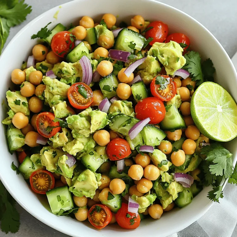 - 2 ripe avocados - 1 can (15 oz) chickpeas, drained and rinsed - 1 small red onion, finely chopped - 1 cup cherry tomatoes, halved - 1 cucumber, diced - 1 jalapeño, deseeded and minced (optional for spice) - 2 tablespoons fresh cilantro, chopped - Juice of 1 lime (about 2 tablespoons) - 2 tablespoons extra virgin olive oil - Salt and black pepper to taste What are the health benefits of avocados? Avocados are creamy and packed with nutrients. They contain healthy fats that help your heart. They also have fiber, which aids digestion. Plus, avocados give you vitamins like E and K. These vitamins help keep your skin healthy and your bones strong. What are the benefits of chickpeas? Chickpeas are small but mighty. They are high in protein, making them great for energy. They also have fiber, which keeps you full and helps with digestion. Chickpeas contain iron, which supports blood health and helps you feel good. By adding them to your salad, you boost your meal's nutrition. This Smashed Avocado Chickpea Salad is not just tasty, but it also packs a punch of nutrients. For the full recipe, check out the details above! To prepare avocados, start by slicing each one in half. Remove the pit carefully with a spoon or knife. Scoop the green flesh into a medium bowl. Use a fork to mash the avocado. Aim for a creamy mix, but keep some chunks for a nice texture. This adds a fun bite to your salad. Next, add the drained and rinsed chickpeas to the avocado. Take your fork again and lightly mash them into the mix. Remember, you want some chickpeas to stay whole. This keeps the salad hearty and adds protein. The combination of avocado and chickpeas creates a rich and satisfying base. Now it’s time to mix in fresh ingredients. Gently fold in the finely chopped red onion, halved cherry tomatoes, diced cucumber, minced jalapeño, and chopped cilantro. This burst of color and flavor brightens the dish. Then, squeeze the juice of one lime over the mixture. Drizzle in the olive oil. Use a spatula to fold everything together until it’s well combined. Finally, taste the salad! Season it with salt and black pepper to your liking. You can serve this salad right away for a fresh taste, or chill it for 30 minutes to let the flavors blend. For the full recipe, check out the complete guide. Enjoy your delicious creation! To create a great Smashed Avocado Chickpea Salad, aim for the right texture. You want a mix of creaminess and chunkiness. Start by mashing the ripe avocados until smooth, but leave some small pieces intact. This adds a nice bite. When you mix in the chickpeas, mash some lightly, but keep others whole. This contrast makes each bite exciting. You can elevate your salad with some fun add-ins. Try adding: - Feta cheese for creaminess - Diced bell peppers for crunch - A sprinkle of smoked paprika for a smoky note - A dash of hot sauce for heat Feel free to experiment with these ingredients. Each option can change the flavor profile and make it more unique. Serving matters just as much as making the salad. For a lovely presentation, place the salad in a big bowl. You can also scoop it onto individual plates. Garnish with fresh cilantro and lime wedges for a pop. This salad pairs well with whole-grain pita chips. You could even serve it on a bed of leafy greens for added texture and nutrition. Enjoy your colorful and tasty dish! For the complete recipe, visit the Full Recipe link. {{image_4}} If you want to switch things up, you have options! You can swap the avocados for ripe bananas or silken tofu. These will change the taste but still give a creamy feel. For chickpeas, black beans or white beans work well. They add a different flavor and texture. Feel free to make this salad your own! You can add spices like cumin or smoked paprika for a kick. Want more protein? Toss in cooked quinoa or diced chicken. You can also add nuts for crunch. Try walnuts or almonds to mix it up. Use fresh seasonal produce for the best flavor. In summer, add sweet corn or diced bell peppers. In fall, roasted pumpkin or butternut squash can add warmth. Choose seasonal fruits too, like juicy peaches or ripe strawberries, to enhance the salad's sweetness. For the full recipe, follow the steps to create your own Smashed Avocado Chickpea Salad! To keep your Smashed Avocado Chickpea Salad fresh, store it in an airtight container. Press plastic wrap directly onto the salad's surface to reduce air exposure. This step helps prevent browning. Place it in the fridge right after serving. The salad lasts about three days in the fridge. After that, the avocado may turn brown, and the flavors can fade. Always check for any off smells or changes in texture before eating. I do not recommend freezing this salad. Freezing alters the texture of avocados. If you want to prep ahead, consider leaving out the avocado until you are ready to serve. You can freeze the chickpeas and fresh veggies separately for later use. You can use lemon juice instead of lime juice. Both add a fresh, tangy flavor. Vinegar, like apple cider or white wine vinegar, works too. Each option will give a different taste, but all are good. Yes, this salad is vegan-friendly. It contains no animal products. The main ingredients are plant-based, making it a great choice for vegans and vegetarians. You can make this salad ahead of time. Just keep it in the fridge. However, it’s best to add the avocado close to serving. This keeps it fresh and green. If you want to prep, chop veggies and store them. Mix them with avocado just before eating. For the full recipe, check the detailed steps above! This blog post guides you through making a tasty Smashed Avocado Chickpea Salad. We covered key ingredients, starting with avocados and chickpeas, and their health benefits. You learned how to prepare, mix, and dress your salad for the perfect balance of creaminess and texture. We also explored tips for flavor, variations, storage, and answered common questions. In closing, this salad is not just healthy but also adaptable. It’s a great dish you can customize. Enjoy creating your fresh masterpiece!