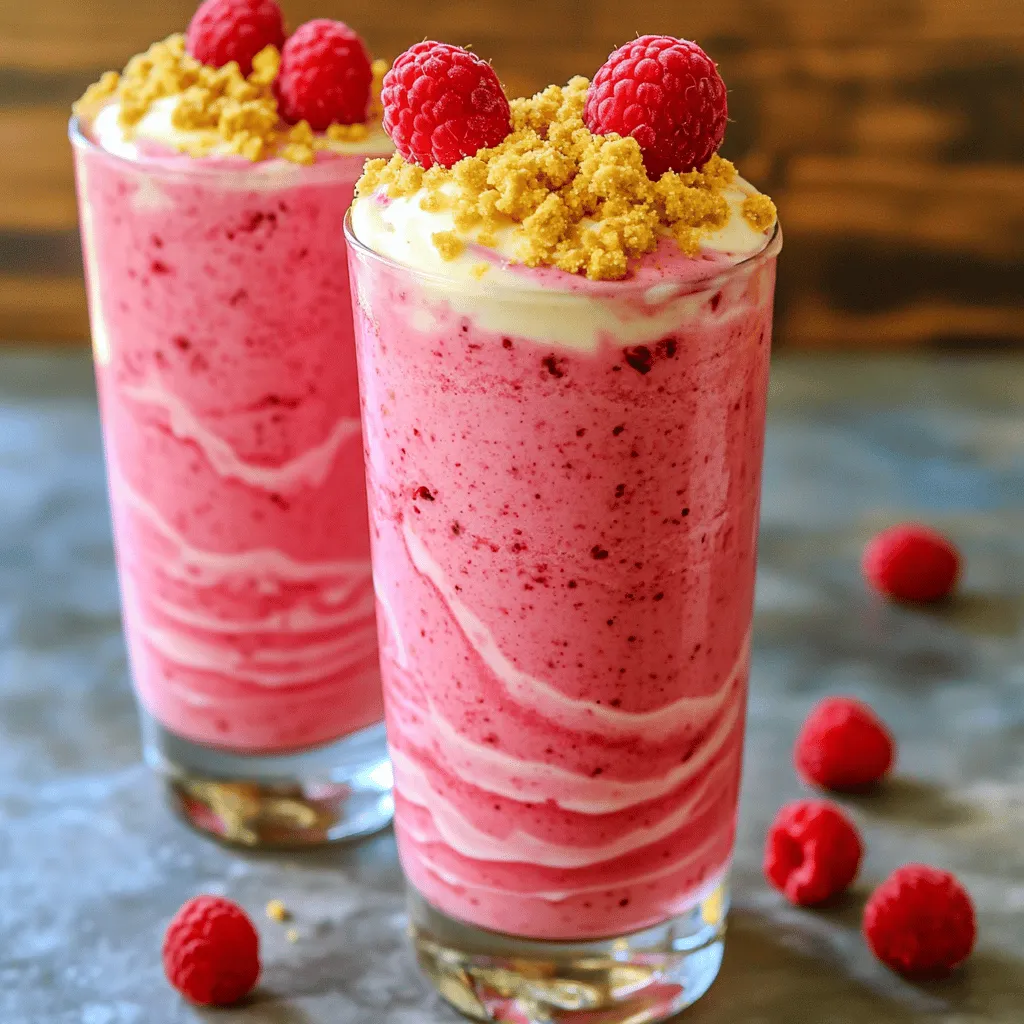 To make a tasty raspberry lemon cheesecake shake, you need these key items: - 1 cup fresh raspberries (reserve a handful for garnish) - 1 cup creamy vanilla ice cream - 1/2 cup cream cheese, softened to room temperature - 1/2 cup milk (whole or your choice) - 2 tablespoons granulated sugar (adjust according to your sweetness preference) - 1 tablespoon fresh lemon juice - 1 teaspoon grated lemon zest - Crushed graham crackers, for a delectable topping Adding garnishes can make your shake look even better. Here are some fun ideas: - Extra fresh raspberries on top - A drizzle of honey or chocolate sauce - Whipped cream for a creamy finish - A sprinkle of lemon zest for extra flavor You can tweak the recipe based on what you have. Here are some swaps: - Use frozen raspberries if fresh ones are not available. - Swap vanilla ice cream for lemon sorbet for a fruity twist. - Substitute cream cheese with Greek yogurt for a lighter option. - Use almond milk or oat milk if you want a dairy-free choice. These simple tips help you craft a delightful shake that suits your taste. Check out the Full Recipe for detailed instructions on how to prepare your Raspberry Lemon Cheesecake Shake! First, gather your ingredients. You need fresh raspberries, ice cream, cream cheese, milk, sugar, lemon juice, and lemon zest. Start by rinsing the raspberries under cool water. Gently pat them dry with a paper towel. Set aside a few for garnish later. Next, place the cleaned raspberries into your blender. Add the creamy vanilla ice cream, softened cream cheese, milk, sugar, fresh lemon juice, and lemon zest. Blend these together on high speed until the mix is smooth. The blend should turn a bright pink color as the raspberries break down. After blending, taste your shake. If you want it sweeter, add more sugar. Blend again until smooth. Pour the shake into tall glasses. Fill them generously, leaving some space for toppings. To get a very smooth shake, make sure your cream cheese is softened. This helps it blend easily. If your blender has a pulse setting, use it to break up the cream cheese first. Then blend on high speed until everything is combined. If your shake seems too thick, add a splash of milk. Blend again until you achieve your desired consistency. A good shake should be creamy and smooth, with no chunks. Once you pour your shake, it’s time to make it look great! Sprinkle crushed graham crackers on top for crunch. Add a couple of whole raspberries for color and garnish. For an extra touch, drizzle lemon juice around the glass’s edge before serving. Serve your shake with colorful straws or spoons. Enjoy this treat right away for the best taste! For the full recipe, check out the provided details. To make your shake smooth, blend on high speed. Start with the ice cream and milk. Add the other ingredients slowly. If your shake is too thick, add a splash of milk. Blend again until it reaches a creamy texture. You want a drinkable shake, not a spoonable one. For a twist, add a splash of vanilla extract. You can also mix in fresh mint leaves for a fresh taste. If you love sweetness, try honey or maple syrup. These can bring out the tartness of the raspberries and balance the flavors. A great shake deserves a fun look. Use tall, clear glasses to show off the pink color. Drizzle extra lemon juice on the glass edges for flair. Sprinkle crushed graham crackers on top for crunch. Top with whole raspberries and serve with colorful straws. These small touches make your shake feel extra special. {{image_4}} You can make a dairy-free or vegan version of this shake. Swap the ice cream for a plant-based alternative, like coconut or almond milk ice cream. Use vegan cream cheese, which you can find in many stores. Replace regular milk with almond milk or oat milk. This way, you can enjoy the same rich taste without dairy. Feel free to mix up the flavors! Instead of raspberries, try strawberries or blueberries. You can also add a dash of vanilla extract for extra flavor. If you want a little crunch, toss in some nuts or seeds. Each swap gives a new taste while keeping the shake creamy and sweet. Seasonal fruits can bring a fresh twist to your shake. In spring, use fresh strawberries or cherries. In summer, try adding peaches or melons. In fall, you can mix in pumpkin spice or apple slices. Winter calls for cozy flavors like cinnamon or even peppermint. These twists keep the recipe exciting all year long. For the full recipe, check the earlier section! To store your leftover raspberry lemon cheesecake shake, pour it into a container with a lid. Seal it tightly to keep the shake fresh. Place the container in the fridge. It will last for up to two days. Give it a gentle stir before enjoying it again. If it seems thicker, add a splash of milk to loosen it. Choose glass or plastic containers that are airtight. Glass jars work well because they help keep the shake cold. If you use plastic, pick BPA-free options for safety. Make sure the container is big enough to hold all the shake without spilling. You can freeze the raspberry lemon cheesecake shake for later. Pour the shake into ice cube trays for easy portions. Once frozen, transfer the cubes to a freezer bag. They’ll last for about one month. When you're ready to enjoy, blend the cubes with a little milk until smooth. This makes a quick and tasty treat! For the full recipe, check out the original. A Raspberry Lemon Cheesecake Shake is a tasty treat. One serving has about 400 calories. It has 15 grams of fat, 55 grams of carbs, and 8 grams of protein. You get vitamins from the raspberries and lemon. This shake gives you energy and a dose of joy in every sip. Yes, you can make the shake ahead of time. Blend it, pour it into a container, and store it in the fridge. It will stay fresh for about one day. Just remember to stir it well before serving. It may separate a bit, but that’s normal. If you need a substitute for cream cheese, try Greek yogurt. It gives a nice creaminess and adds some protein. You can also use mascarpone cheese for a richer taste. Tofu blended until smooth works for a dairy-free option. Each substitute will change the flavor a bit. You can store leftover shake for up to two days. Keep it in an airtight container in the fridge. If it separates, just stir it before drinking. For the best taste, enjoy it fresh. However, it can still be tasty later on. This blog post covered key details to make a delicious Raspberry Lemon Cheesecake Shake. We explored essential ingredients, preparation steps, and tips to enhance flavor and presentation. I shared dairy-free options and various ways to store leftovers. Remember, you can tweak the recipe to suit your taste. Enjoy experimenting with different flavors and ingredients. Dive in, have fun, and treat yourself to this refreshing shake!
