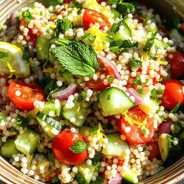 To make a tasty Lemon Herb Couscous Salad, you will need some fresh ingredients. Here’s what you’ll need: - 1 cup couscous - 1 and 1/4 cups vegetable broth - 1/2 cup cherry tomatoes, halved - 1/2 cucumber, diced into small cubes - 1/4 red onion, finely chopped - 1/4 cup fresh parsley, roughly chopped - 1/4 cup fresh mint, roughly chopped - 2 tablespoons extra virgin olive oil - 2 tablespoons freshly squeezed lemon juice - Zest of 1 lemon - Salt and freshly ground black pepper, to taste Each ingredient plays an important role. The couscous is the base, soaking up all the flavors. The vegetable broth gives it a rich taste. Fresh veggies like tomatoes and cucumber add crunch and color. Herbs like parsley and mint bring brightness. The olive oil and lemon juice create a light dressing that ties everything together. When you gather these ingredients, choose fresh and high-quality ones. This makes your salad not just good but great. For the full recipe, you can check the detailed instructions. Enjoy your cooking! To start, we need to boil the vegetable broth. Pour 1 and 1/4 cups of broth into a medium saucepan. Heat it on medium until it boils. This step is key; it adds great flavor to the couscous. Once the broth is boiling, stir in 1 cup of couscous. Make sure it spreads out evenly. Cover the saucepan with a lid and remove it from heat. Let it sit for 5 minutes. The couscous will absorb all that tasty broth. After 5 minutes, it’s time to fluff the couscous. Grab a fork and gently break up any clumps. This step makes the couscous light and airy. Let it cool for a few minutes at room temperature. In a large mixing bowl, we’ll combine the fluffed couscous with some fresh ingredients. Add the halved cherry tomatoes, diced cucumber, finely chopped red onion, fresh parsley, and mint. Stir gently to mix everything well. Now, let’s make the dressing. In a small bowl, whisk together 2 tablespoons of extra virgin olive oil, 2 tablespoons of freshly squeezed lemon juice, and the zest of 1 lemon. Add a pinch of salt and pepper. Whisk until it all blends together nicely. Pour this dressing over the salad. Toss gently to coat all the ingredients. Taste the salad to check the flavor. You can add more salt, pepper, or a splash of lemon juice if you want it even zestier. For the full recipe, check out the complete instructions provided above. Enjoy making this fresh and flavorful dish! To avoid clumping couscous, start with good technique. When you add couscous to boiling broth, stir it right away. This helps each grain separate. After cooking, wait five minutes before fluffing. Use a fork to gently break up any clumps. You can adjust the seasoning to fit your taste. Start with the basic salt and pepper. Taste the salad after mixing. If it needs more flavor, add a bit more salt, lemon juice, or pepper. This will help you create a dish that feels just right for you. For serving bowls, choose something bright and cheerful. A wide bowl shows off the colorful salad well. A clear glass bowl can also highlight the layers of texture and color. Garnish the salad for visual appeal. Use extra lemon zest on top for a pop of color. Fresh mint leaves add a nice touch too. You can even place lemon wedges around the bowl for extra flair. To boost the flavor, think about adding more herbs. Fresh dill or basil can mix well with the lemon. You can also try using cilantro for a different twist. For extra toppings, consider adding nuts or seeds for crunch. Toasted pine nuts or sunflower seeds work great. You can also mix in some feta cheese for a savory touch. These additions can give your salad a new layer of flavor and texture. For the full recipe, check out the complete guide above. {{image_4}} You can easily make this dish fit your needs. For a gluten-free option, use quinoa or rice instead of couscous. They both work well and have a nice texture. If you want to change up the veggies, try bell peppers, zucchini, or even roasted carrots. These add flavor and color to the salad. To make the salad heartier, add proteins. Chickpeas or shredded chicken are great options. They add protein and texture. For a twist, try infusing different citrus flavors. Instead of lemon, use lime or orange juice. This will give the salad a new taste that surprises your palate. You can enjoy this salad warm or cold. To make a warm version, heat the couscous with some broth and mix it with the other ingredients right away. This brings out the flavors nicely. Another fun idea is to use it as a stuffing. Hollow out bell peppers and fill them with the couscous mix. Bake them for a tasty and visually appealing dish. For the full recipe, click [Full Recipe]. To keep your Lemon Herb Couscous Salad fresh, place it in an airtight container. This helps prevent drying out and keeps flavors intact. Store it in the fridge right after serving. The salad will stay good for about 3 to 5 days. Always check for any signs of spoilage before enjoying your leftovers. If you want to warm it up, use a microwave. Heat it in short bursts, stirring in between. This keeps it from getting too hot or dry. For a refreshing taste, serve it cold. The bright lemon flavor shines when chilled, making it perfect for summer picnics. You can freeze couscous salad, but it may change in texture. If you decide to freeze it, pack it tightly in a freezer-safe container. When ready to eat, thaw it overnight in the fridge. For best results, enjoy it fresh. That way, you’ll savor all the vibrant flavors. Check the full recipe for tips on how to make this dish shine! What is couscous made from? Couscous is made from semolina flour. This flour comes from durum wheat. It is tiny, round granules that cook quickly. Many people love its light and fluffy texture. Can I make this salad in advance? Yes, you can make this salad in advance. It tastes even better after sitting for a while. Store it in the fridge for up to three days. Just give it a stir before serving to mix the flavors. Is Lemon Herb Couscous Salad healthy? Yes, Lemon Herb Couscous Salad is quite healthy. It has fresh veggies and herbs that add vitamins. Couscous is a good source of carbs for energy. The olive oil offers healthy fats. What are the calories per serving? Each serving has about 200 calories. This can vary based on how much dressing you use. You can adjust it by adding less oil or lemon juice. Is this recipe suitable for vegans? Yes, this recipe is perfect for vegans. It contains no animal products. You can enjoy a fresh, plant-based dish that is full of flavor. How to make it nut-free? To make it nut-free, simply avoid any nuts in the recipe. The current ingredients are already nut-free. Focus on fresh herbs and veggies for taste and crunch. For the full recipe, visit the recipe section above. This blog post explored the refreshing Lemon Herb Couscous Salad recipe. You learned about essential ingredients, step-by-step instructions, and tips for preparation. Variations allow you to customize the dish, making it fun and flexible. Proper storage ensures the salad stays fresh. Enjoy making this dish and experimenting with flavors. It's healthy, tasty, and easy to prepare. You can impress guests or enjoy it on your own!
