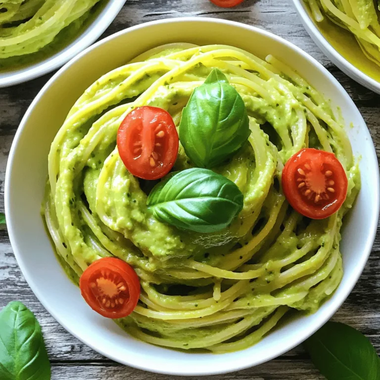 - 12 ounces spaghetti or preferred pasta - 2 ripe avocados - 3 cloves garlic - 1/4 cup fresh basil leaves - 2 tablespoons lemon juice - 1/4 cup olive oil - 1/4 teaspoon red pepper flakes - Salt and black pepper - 1/4 cup grated Parmesan cheese - Cherry tomatoes for garnishing To make creamy avocado pasta, you need some key items. First, choose your pasta. I love spaghetti, but any pasta works. Next, grab two ripe avocados. Look for ones that are soft but not mushy. The garlic is essential for flavor. Use three cloves, finely minced. Fresh basil leaves add a lovely aroma and taste, so don’t skip those. You’ll also need lemon juice for a fresh zing. It helps balance the creaminess of the avocado. Olive oil adds richness and makes the sauce smooth. For those who like a little spice, red pepper flakes can give a nice kick. Add salt and black pepper to taste. If you want to make it extra special, grated Parmesan cheese is a great choice. Lastly, cherry tomatoes add a pop of color when you garnish your dish. If you want the full recipe with all the steps, check out the Full Recipe. Enjoy the flavors and fun of making this dish! To start, bring a large pot of salted water to a rolling boil. Add 12 ounces of spaghetti or your chosen pasta. Cook it according to the package instructions until it is al dente. This means it will be firm to the bite. Before draining, reserve about 1 cup of the pasta water. This water helps the sauce stick later. Drain the noodles and set them aside. Now, let’s make the creamy avocado sauce. In a high-speed blender or food processor, combine the flesh of 2 ripe avocados and 3 cloves of minced garlic. Add 1/4 cup of fresh basil leaves, 2 tablespoons of lemon juice, and 1/4 cup of extra-virgin olive oil. If you like a bit of spice, you can also add 1/4 teaspoon of red pepper flakes. Blend until the mixture is smooth and creamy. In a large mixing bowl, add the drained pasta. Pour the avocado sauce over the pasta. Toss gently to coat the pasta evenly. If the sauce is too thick, add a little of the reserved pasta water. Mix it well until the sauce is your desired consistency. Finally, fold in 1/4 cup of grated Parmesan cheese. This adds a nice touch of flavor and creaminess. Serve the pasta right away, garnished with halved cherry tomatoes and extra basil leaves for color. You can find the full recipe above for more details! To get the smoothest sauce, use a high-speed blender. Blend the avocados, garlic, and basil well. If your sauce is too thick, add pasta water. This water has starch, which helps the sauce stick to the pasta. Start with a little and mix until creamy. Add fresh herbs like parsley or cilantro for a new taste. You can also try spices like black pepper or chili flakes. For extra crunch, add nuts like pine nuts or walnuts on top. Squeeze a bit more lemon juice for a zesty kick. To make your dish look fancy, use wide bowls. Place the pasta in the center and top it with bright cherry tomato halves. Add a few fresh basil leaves on top. This adds color and freshness, making your meal more inviting. For extra flair, sprinkle more Parmesan cheese on top before serving. {{image_4}} To make this dish vegan, you can swap the Parmesan cheese for nutritional yeast. This gives a cheesy flavor without any dairy. You can also use different vegan-friendly ingredients. For a creamy touch, consider adding cashew cream or silken tofu to the avocado sauce. If you want to boost the protein in your meal, try adding chicken or shrimp. Cook them separately, then mix them in before serving. For a vegetarian option, chickpeas work great. They add texture and protein without changing the flavor much. Switching up the pasta can change the dish entirely. Use gluten-free pasta if you need a gluten-free option. Zoodles, or zucchini noodles, are a fun choice if you're looking for a low-carb meal. Whole grain pasta is also a healthy alternative that adds fiber. For more ideas, check the Full Recipe for creamy avocado pasta! To keep your creamy avocado pasta fresh, store it in the fridge. Use an airtight container. This helps prevent browning and keeps flavors intact. Make sure to eat leftovers within two days for the best taste. If you have extra sauce, store it separately. This way, it stays creamy and delicious. When reheating, do it slowly on low heat. This keeps the pasta from becoming mushy. Add a splash of water or olive oil to help maintain moisture. Stir often as it warms up. If you notice the sauce thickening too much, just add a little more liquid. Enjoy your creamy avocado pasta just like freshly made! Yes, you can use frozen avocados. Thaw them first for best results. Frozen avocados can lack some texture but still work well in the sauce. Just blend them until smooth. To add heat, include red pepper flakes in the sauce. You can also mix in fresh jalapeños or a dash of hot sauce. Adjust the spice to your taste. You can make the avocado sauce ahead of time. Store it in the fridge for up to two days. Just keep it in an airtight container to prevent browning. Cook the pasta fresh when ready to serve. Creamy avocado pasta pairs nicely with a side salad. Grilled vegetables also make a great match. For protein, consider shrimp or grilled chicken. The sauce lasts about two days in the fridge. Use an airtight container to keep it fresh. If it browns, just stir it before serving. For the full recipe, check out the delicious details above! In this post, I shared how to make creamy avocado pasta. You learned about the main and optional ingredients. I covered clear steps for cooking pasta and making the sauce. Tips helped you get the best texture and flavor. Don’t forget the fun variations, too! Experiment with proteins and different pasta types. With simple storage tips, you can enjoy leftovers easily. This dish is tasty and healthy. I hope you feel ready to make it now. Enjoy your cooking adventure!