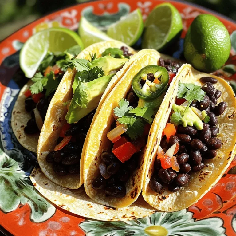 To make spicy black bean tacos, you need simple, fresh ingredients. Here’s the list: - 2 cups canned black beans, rinsed and drained - 1 tablespoon extra-virgin olive oil - 1 small onion, finely diced - 2 cloves garlic, minced - 1 red bell pepper, finely diced - 1 jalapeño pepper, seeds removed and minced - 1 teaspoon ground cumin - 1 teaspoon smoked paprika - Salt and freshly cracked black pepper to taste - 8 small corn tortillas - 1 ripe avocado, sliced - Fresh cilantro leaves, for garnish - Lime wedges, for serving These ingredients create a rich flavor and a hearty texture. The black beans provide protein and fiber. The jalapeño adds the heat, while cumin and smoked paprika bring depth. You can enhance your tacos with some tasty toppings: - Diced tomatoes - Shredded lettuce - Sour cream or Greek yogurt - Shredded cheese - Pickled red onions These extras add color and texture. Feel free to mix and match based on your taste. Serve your tacos with great sides to make the meal complete. Here are some ideas: - Mexican street corn - Simple green salad - Rice with lime and cilantro - Chips with salsa or guacamole These sides pair well with the spicy flavors of the tacos. They make your meal fun and festive. For the full recipe, check the recipe section to guide you through each step. To make the black bean filling, start by heating a medium skillet over medium heat. Add one tablespoon of extra-virgin olive oil. Once the oil is hot, add one small onion, finely diced. Sauté the onion for about 3-4 minutes until it becomes soft. Next, add two cloves of minced garlic, one diced red bell pepper, and one minced jalapeño pepper. Cook this mix for another 2-3 minutes. The veggies should be tender and fragrant. After that, add two cups of rinsed black beans to the skillet. Sprinkle in one teaspoon of ground cumin and one teaspoon of smoked paprika. Season with salt and freshly cracked black pepper to taste. Cook this mixture for 5-7 minutes. Stir it often to let the beans soak up those rich flavors. While the bean filling cooks, it’s time to warm the tortillas. Grab a separate skillet and heat it over low heat. Place each small corn tortilla in the skillet for about one minute on each side. You want them warm and slightly toasted. This step makes them more pliable and adds a nice texture. Now comes the fun part—assembling the tacos! Take each warmed tortilla and place a generous spoonful of the spicy black bean mixture in the center. Spread it evenly but don’t overfill. Next, add a few slices of ripe avocado on top. For a fresh touch, sprinkle some cilantro leaves over the tacos. Finally, serve the tacos with lime wedges on the side. Squeezing fresh lime juice over the tacos adds a burst of flavor that brightens the dish. Enjoy this delicious meal right away! To boost flavor, add fresh herbs. Fresh cilantro adds a bright taste. You can also add lime juice for acidity. Consider using smoked salt for a deeper flavor. For texture, mix in some corn or diced zucchini. This gives the filling a nice crunch. Rinse canned black beans well. This helps remove extra sodium and improves taste. Heat beans gently to avoid mushiness. Stir them often to prevent sticking. If using dried beans, soak them overnight. This softens them and cuts cooking time. Cook until they're tender but not falling apart. Serve your tacos on a colorful plate. Arrange them neatly for a pretty look. Add lime wedges and extra cilantro for flair. You can also include a small bowl of salsa. This lets guests add their own kick. For a fun touch, serve with small wooden forks. This makes the meal feel special and casual at the same time. {{image_4}} You can add more veggies to your tacos. Try corn, zucchini, or mushrooms. These add great texture and flavor. You can also mix in some cooked quinoa for extra protein and crunch. Adding fresh spinach or kale gives your tacos a healthy boost. This recipe is already vegan since it uses black beans and vegetables. You can keep it simple. Just skip any cheese or sour cream. Instead, add a nut-based cheese or a creamy cashew sauce. This keeps your tacos creamy and rich without dairy. If you like heat, add more jalapeños or a dash of hot sauce. You can even use chipotle peppers for a smoky flavor. Swap black beans for pinto beans or lentils if you want. Each option brings its own taste and kick. To keep your leftover spicy black bean tacos fresh, place them in an airtight container. Make sure to separate the filling and tortillas. Store them in the fridge for up to three days. This way, the tortillas stay soft and the filling stays flavorful. Reheat the black bean filling in a skillet over medium heat. Stir it often until it's warm. This usually takes about 5 minutes. For the tortillas, warm them in a dry skillet for 30 seconds on each side. This method helps them regain their texture. You can freeze the black bean filling for later use. Allow it to cool completely first. Then, place it in a freezer-safe bag or container. It can stay in the freezer for up to three months. When you're ready to eat, thaw it overnight in the fridge before reheating. This makes meal prep easy and keeps your tacos delicious. If you want to swap black beans, you can use pinto beans. They have a similar texture and flavor. You can also try kidney beans for a different taste. Chickpeas are another option, giving a unique twist to the dish. To make these tacos gluten-free, use corn tortillas. Most corn tortillas are naturally gluten-free. Always check the package to be sure. You can also use lettuce wraps as a fresh, crunchy alternative. Yes, you can prepare the filling ahead of time. Cook it and store it in the fridge for up to three days. Just reheat it before serving. This saves time and makes meal prep easy. To make spicy black bean tacos from scratch, follow these steps: 1. Heat olive oil in a skillet over medium heat. Add diced onion and sauté for 3-4 minutes. 2. Stir in minced garlic, red bell pepper, and jalapeño. Cook for 2-3 minutes until tender. 3. Add rinsed black beans, cumin, smoked paprika, salt, and pepper. Cook for 5-7 minutes. 4. Warm corn tortillas in a separate skillet for about 1 minute on each side. 5. Assemble tacos by placing the bean mixture on each tortilla. Top with avocado and cilantro. 6. Serve with lime wedges for added freshness. This full recipe shows how to create delicious, spicy black bean tacos at home. Spicy black bean tacos are simple, delicious, and versatile. We covered the key ingredients, step-by-step preparation, and tips to boost flavor. You can customize them with toppings or variations to suit your taste. Storing leftovers is easy, and reheating will keep them fresh. These tacos are perfect for any meal. Enjoy your cooking adventure and share these recipes with friends. You’ll impress everyone with your tasty creations.