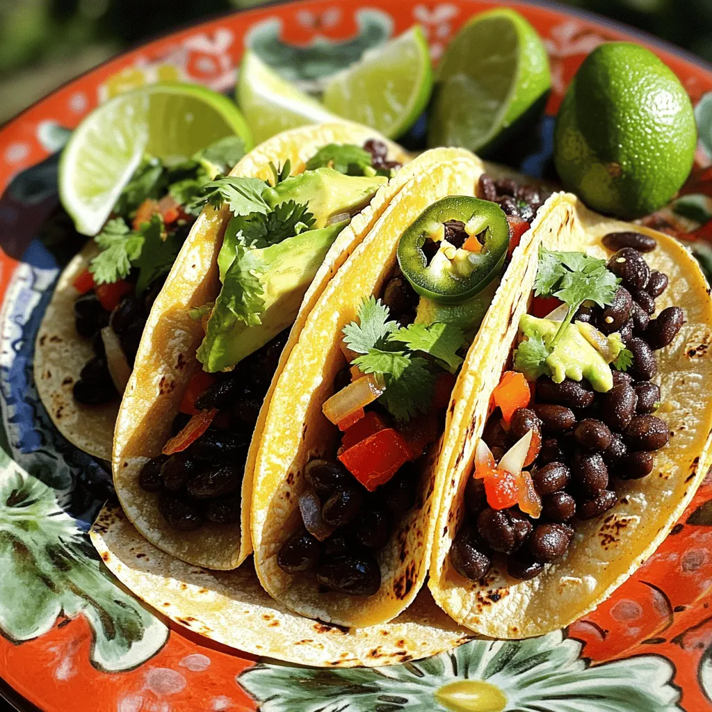 To make spicy black bean tacos, you need simple, fresh ingredients. Here’s the list: - 2 cups canned black beans, rinsed and drained - 1 tablespoon extra-virgin olive oil - 1 small onion, finely diced - 2 cloves garlic, minced - 1 red bell pepper, finely diced - 1 jalapeño pepper, seeds removed and minced - 1 teaspoon ground cumin - 1 teaspoon smoked paprika - Salt and freshly cracked black pepper to taste - 8 small corn tortillas - 1 ripe avocado, sliced - Fresh cilantro leaves, for garnish - Lime wedges, for serving These ingredients create a rich flavor and a hearty texture. The black beans provide protein and fiber. The jalapeño adds the heat, while cumin and smoked paprika bring depth. You can enhance your tacos with some tasty toppings: - Diced tomatoes - Shredded lettuce - Sour cream or Greek yogurt - Shredded cheese - Pickled red onions These extras add color and texture. Feel free to mix and match based on your taste. Serve your tacos with great sides to make the meal complete. Here are some ideas: - Mexican street corn - Simple green salad - Rice with lime and cilantro - Chips with salsa or guacamole These sides pair well with the spicy flavors of the tacos. They make your meal fun and festive. For the full recipe, check the recipe section to guide you through each step. To make the black bean filling, start by heating a medium skillet over medium heat. Add one tablespoon of extra-virgin olive oil. Once the oil is hot, add one small onion, finely diced. Sauté the onion for about 3-4 minutes until it becomes soft. Next, add two cloves of minced garlic, one diced red bell pepper, and one minced jalapeño pepper. Cook this mix for another 2-3 minutes. The veggies should be tender and fragrant. After that, add two cups of rinsed black beans to the skillet. Sprinkle in one teaspoon of ground cumin and one teaspoon of smoked paprika. Season with salt and freshly cracked black pepper to taste. Cook this mixture for 5-7 minutes. Stir it often to let the beans soak up those rich flavors. While the bean filling cooks, it’s time to warm the tortillas. Grab a separate skillet and heat it over low heat. Place each small corn tortilla in the skillet for about one minute on each side. You want them warm and slightly toasted. This step makes them more pliable and adds a nice texture. Now comes the fun part—assembling the tacos! Take each warmed tortilla and place a generous spoonful of the spicy black bean mixture in the center. Spread it evenly but don’t overfill. Next, add a few slices of ripe avocado on top. For a fresh touch, sprinkle some cilantro leaves over the tacos. Finally, serve the tacos with lime wedges on the side. Squeezing fresh lime juice over the tacos adds a burst of flavor that brightens the dish. Enjoy this delicious meal right away! To boost flavor, add fresh herbs. Fresh cilantro adds a bright taste. You can also add lime juice for acidity. Consider using smoked salt for a deeper flavor. For texture, mix in some corn or diced zucchini. This gives the filling a nice crunch. Rinse canned black beans well. This helps remove extra sodium and improves taste. Heat beans gently to avoid mushiness. Stir them often to prevent sticking. If using dried beans, soak them overnight. This softens them and cuts cooking time. Cook until they're tender but not falling apart. Serve your tacos on a colorful plate. Arrange them neatly for a pretty look. Add lime wedges and extra cilantro for flair. You can also include a small bowl of salsa. This lets guests add their own kick. For a fun touch, serve with small wooden forks. This makes the meal feel special and casual at the same time. {{image_4}} You can add more veggies to your tacos. Try corn, zucchini, or mushrooms. These add great texture and flavor. You can also mix in some cooked quinoa for extra protein and crunch. Adding fresh spinach or kale gives your tacos a healthy boost. This recipe is already vegan since it uses black beans and vegetables. You can keep it simple. Just skip any cheese or sour cream. Instead, add a nut-based cheese or a creamy cashew sauce. This keeps your tacos creamy and rich without dairy. If you like heat, add more jalapeños or a dash of hot sauce. You can even use chipotle peppers for a smoky flavor. Swap black beans for pinto beans or lentils if you want. Each option brings its own taste and kick. To keep your leftover spicy black bean tacos fresh, place them in an airtight container. Make sure to separate the filling and tortillas. Store them in the fridge for up to three days. This way, the tortillas stay soft and the filling stays flavorful. Reheat the black bean filling in a skillet over medium heat. Stir it often until it's warm. This usually takes about 5 minutes. For the tortillas, warm them in a dry skillet for 30 seconds on each side. This method helps them regain their texture. You can freeze the black bean filling for later use. Allow it to cool completely first. Then, place it in a freezer-safe bag or container. It can stay in the freezer for up to three months. When you're ready to eat, thaw it overnight in the fridge before reheating. This makes meal prep easy and keeps your tacos delicious. If you want to swap black beans, you can use pinto beans. They have a similar texture and flavor. You can also try kidney beans for a different taste. Chickpeas are another option, giving a unique twist to the dish. To make these tacos gluten-free, use corn tortillas. Most corn tortillas are naturally gluten-free. Always check the package to be sure. You can also use lettuce wraps as a fresh, crunchy alternative. Yes, you can prepare the filling ahead of time. Cook it and store it in the fridge for up to three days. Just reheat it before serving. This saves time and makes meal prep easy. To make spicy black bean tacos from scratch, follow these steps: 1. Heat olive oil in a skillet over medium heat. Add diced onion and sauté for 3-4 minutes. 2. Stir in minced garlic, red bell pepper, and jalapeño. Cook for 2-3 minutes until tender. 3. Add rinsed black beans, cumin, smoked paprika, salt, and pepper. Cook for 5-7 minutes. 4. Warm corn tortillas in a separate skillet for about 1 minute on each side. 5. Assemble tacos by placing the bean mixture on each tortilla. Top with avocado and cilantro. 6. Serve with lime wedges for added freshness. This full recipe shows how to create delicious, spicy black bean tacos at home. Spicy black bean tacos are simple, delicious, and versatile. We covered the key ingredients, step-by-step preparation, and tips to boost flavor. You can customize them with toppings or variations to suit your taste. Storing leftovers is easy, and reheating will keep them fresh. These tacos are perfect for any meal. Enjoy your cooking adventure and share these recipes with friends. You’ll impress everyone with your tasty creations.