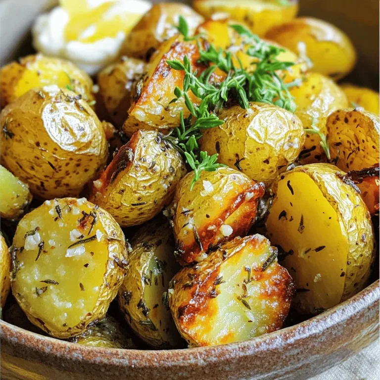 - 2 pounds baby potatoes, halved - 4 tablespoons extra-virgin olive oil - 6 cloves of garlic, finely minced - 2 teaspoons dried rosemary - 2 teaspoons dried thyme - 1 teaspoon smoked paprika - Salt and freshly ground black pepper, to taste - Fresh parsley, finely chopped (for garnish) For those with different dietary needs, you can make some simple swaps. If you need a lower-fat option, use less olive oil or a cooking spray. You can also swap the baby potatoes for sweet potatoes or other root veggies for a twist. Want to add more flavor? Consider mixing in some red pepper flakes for heat or using fresh herbs instead of dried. Fresh rosemary and thyme can brighten the dish. Check out the Full Recipe for a complete guide on making garlic herb roasted potatoes. 1. Preheating the Oven Start by preheating your oven to 425°F (220°C). This high heat is key for crispy potatoes. 2. Mixing Ingredients Thoroughly In a large bowl, add 2 pounds of halved baby potatoes and 6 minced garlic cloves. Pour 4 tablespoons of olive oil over them. Next, add 2 teaspoons of dried rosemary, 2 teaspoons of dried thyme, and 1 teaspoon of smoked paprika. Season with salt and pepper to taste. Mix everything well. Make sure each potato is coated evenly. 3. Spreading Potatoes on the Baking Sheet Transfer the seasoned potatoes to a large baking sheet. Spread them out in a single layer. Give them enough space to roast nicely. Crowding will make them steam instead of roast. 1. Roasting Time and Temperature Place the baking sheet in the preheated oven. Roast the potatoes for about 25 to 30 minutes. 2. Tips For Achieving Desired Crispiness Halfway through roasting, toss the potatoes gently. This helps them brown evenly and get crispy all over. Keep an eye on them as they cook, so they don’t burn. 3. How to Know When They’re Done Your garlic herb roasted potatoes are done when they are golden brown and crispy outside. Inside, they should be tender. Remove them from the oven and taste. Adjust the salt and pepper if needed. Transfer the potatoes to a serving platter and garnish with fresh parsley for a beautiful touch. Why Fresh Herbs Can Make a Difference Fresh herbs add bright flavors. They enhance the taste of garlic herb roasted potatoes. Use herbs like parsley, rosemary, or thyme. Fresh herbs smell great and look good too. Try to chop them finely for better flavor. This small change can make your dish shine. Adjusting Seasonings to Taste Taste is personal. Feel free to adjust the seasonings. If you like more garlic, add it! If you want extra heat, add a pinch of red pepper flakes. Always start with less salt and pepper. You can add more after tasting. This way, you can control the flavor. Avoiding Common Mistakes Don’t overcrowd the baking sheet. Leave space between the potatoes. This helps them roast instead of steam. Also, toss them halfway through cooking. This promotes even browning. Keep an eye on the time. Overcooked potatoes can be dry, so check for doneness around 25 minutes. Presentation Ideas for Meal Settings Serve garlic herb roasted potatoes in a rustic bowl. This adds charm to your meal. Garnish with fresh herbs on top. You can also sprinkle some lemon zest for a pop of color. Pairing with Proteins and Other Sides These potatoes pair well with many proteins. Try them with grilled chicken or roasted fish. They also go great with a fresh salad or steamed veggies. This balance makes a complete meal. Enhancements with Dipping Sauces Dipping sauces can elevate your dish. Consider a lemon aioli for a zesty touch. Or serve with a tangy yogurt dip. These sauces add depth and excitement. You can even try a squeeze of fresh lemon juice for a bright finish. For the full recipe, check the earlier section! {{image_4}} You can change the flavors of garlic herb roasted potatoes in fun ways. Try using different herbs for a fresh taste. Here are some ideas: - Thyme and Oregano: This mix gives a lovely Italian vibe. - Basil and Parsley: Perfect for a garden-fresh flavor. - Cilantro and Lime: For a bright, zesty twist. If you want to make a roasted medley, add other veggies. Carrots, bell peppers, or zucchini work well. Chop them into similar sizes as the potatoes, so they cook evenly. Toss them with the same oil and herbs. For extra heat, add spices like cayenne or chili powder. Start with a small amount, then taste as you go. You can always add more, but it’s hard to take it out! You can also cook garlic herb roasted potatoes in different ways. Here are some options: - Air Fryer Instructions: Toss the potatoes in oil and spices. Place them in the air fryer at 400°F for 15-20 minutes. Shake halfway through for crispiness. - Grilling for a Smoky Flavor: Toss the potatoes on a grill. Use a grill basket or wrap them in foil. Grill over medium heat for about 25-30 minutes. Check for tenderness with a fork. - Instant Pot for Speedy Preparation: Place the potatoes in the Instant Pot with 1 cup of water. Cook on high pressure for 5 minutes. Quick release the pressure, then toss them with oil and herbs. Roast in the oven or air fryer for a crispy finish. By trying these variations, you can keep your meals exciting and tasty. For the full recipe, check out the details above! To keep your garlic herb roasted potatoes fresh, cool them first. Let them sit at room temperature for about 30 minutes. This step helps prevent moisture in the container. Once cooled, store them in airtight containers. Glass or plastic containers work well. Make sure they are sealed tightly to keep them fresh. These potatoes last about 3 to 5 days in the fridge. If you want them to last longer, consider freezing them. They can stay good in the freezer for up to 2 months. Just remember to let them cool completely before freezing. To reheat your garlic herb roasted potatoes while keeping them crispy, the oven is your best friend. Preheat it to 350°F (175°C). Spread the potatoes out on a baking sheet. Bake for about 10 to 15 minutes until they are warm and crispy again. This method keeps them tasting fresh. You can use the microwave, but it may make them soft. If you choose this method, heat them in short bursts. Check often to avoid overcooking. Leftovers can also add flavor to other dishes. You might chop them up for a tasty breakfast hash. They can also work well in salads or as a topping on pizzas. The options are endless! For the full recipe, check back earlier in this article. Can I use other types of potatoes? Yes, you can use other potatoes like red, Yukon gold, or fingerling. Each type has a unique taste and texture. For example, red potatoes give a creamier bite. Yukon golds offer a buttery flavor. Choose based on your preference! How can I make this dish vegan? To make this dish vegan, simply use vegetable oil instead of olive oil. The rest of the ingredients are already plant-based. Your garlic herb roasted potatoes will still be full of flavor! Can I prepare garlic herb roasted potatoes ahead of time? Yes, you can prep the potatoes ahead. Cut and season them, then store in the fridge for up to 24 hours. When ready, just roast them in the oven. They will still taste fresh and delicious! What can I serve with garlic herb roasted potatoes? These potatoes pair well with many dishes. Try serving them with grilled chicken, steak, or roasted vegetables. They also complement a fresh salad or a hearty soup. Are there any dietary considerations for this recipe? This recipe is gluten-free and dairy-free. If you have allergies, check ingredients like olive oil. You can also modify spices to fit your dietary needs. How do I prevent sticking on the baking sheet? To prevent sticking, use a non-stick baking sheet or line it with parchment paper. A light coat of oil also helps. This way, your potatoes will slide right off when they’re done! This blog post covered everything you need for garlic herb roasted potatoes. We explored ingredients, cooking steps, and tips for great flavor. You learned about storage and reheating to keep them crispy. Variations and serving ideas help make this dish your own. Try new spices or cooking methods for unique meals. Cooking at home can be fun and rewarding. Enjoy your tasty creations and share them with others!