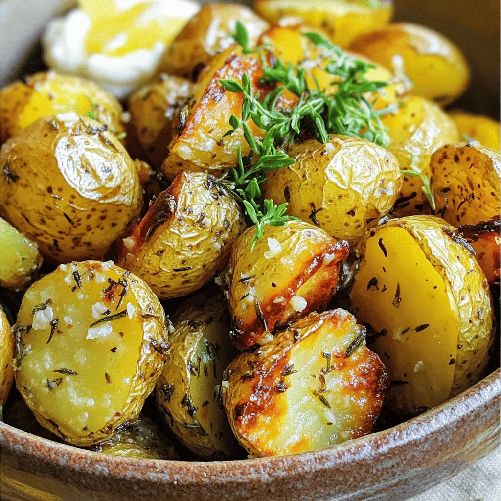 - 2 pounds baby potatoes, halved - 4 tablespoons extra-virgin olive oil - 6 cloves of garlic, finely minced - 2 teaspoons dried rosemary - 2 teaspoons dried thyme - 1 teaspoon smoked paprika - Salt and freshly ground black pepper, to taste - Fresh parsley, finely chopped (for garnish) For those with different dietary needs, you can make some simple swaps. If you need a lower-fat option, use less olive oil or a cooking spray. You can also swap the baby potatoes for sweet potatoes or other root veggies for a twist. Want to add more flavor? Consider mixing in some red pepper flakes for heat or using fresh herbs instead of dried. Fresh rosemary and thyme can brighten the dish. Check out the Full Recipe for a complete guide on making garlic herb roasted potatoes. 1. Preheating the Oven Start by preheating your oven to 425°F (220°C). This high heat is key for crispy potatoes. 2. Mixing Ingredients Thoroughly In a large bowl, add 2 pounds of halved baby potatoes and 6 minced garlic cloves. Pour 4 tablespoons of olive oil over them. Next, add 2 teaspoons of dried rosemary, 2 teaspoons of dried thyme, and 1 teaspoon of smoked paprika. Season with salt and pepper to taste. Mix everything well. Make sure each potato is coated evenly. 3. Spreading Potatoes on the Baking Sheet Transfer the seasoned potatoes to a large baking sheet. Spread them out in a single layer. Give them enough space to roast nicely. Crowding will make them steam instead of roast. 1. Roasting Time and Temperature Place the baking sheet in the preheated oven. Roast the potatoes for about 25 to 30 minutes. 2. Tips For Achieving Desired Crispiness Halfway through roasting, toss the potatoes gently. This helps them brown evenly and get crispy all over. Keep an eye on them as they cook, so they don’t burn. 3. How to Know When They’re Done Your garlic herb roasted potatoes are done when they are golden brown and crispy outside. Inside, they should be tender. Remove them from the oven and taste. Adjust the salt and pepper if needed. Transfer the potatoes to a serving platter and garnish with fresh parsley for a beautiful touch. Why Fresh Herbs Can Make a Difference Fresh herbs add bright flavors. They enhance the taste of garlic herb roasted potatoes. Use herbs like parsley, rosemary, or thyme. Fresh herbs smell great and look good too. Try to chop them finely for better flavor. This small change can make your dish shine. Adjusting Seasonings to Taste Taste is personal. Feel free to adjust the seasonings. If you like more garlic, add it! If you want extra heat, add a pinch of red pepper flakes. Always start with less salt and pepper. You can add more after tasting. This way, you can control the flavor. Avoiding Common Mistakes Don’t overcrowd the baking sheet. Leave space between the potatoes. This helps them roast instead of steam. Also, toss them halfway through cooking. This promotes even browning. Keep an eye on the time. Overcooked potatoes can be dry, so check for doneness around 25 minutes. Presentation Ideas for Meal Settings Serve garlic herb roasted potatoes in a rustic bowl. This adds charm to your meal. Garnish with fresh herbs on top. You can also sprinkle some lemon zest for a pop of color. Pairing with Proteins and Other Sides These potatoes pair well with many proteins. Try them with grilled chicken or roasted fish. They also go great with a fresh salad or steamed veggies. This balance makes a complete meal. Enhancements with Dipping Sauces Dipping sauces can elevate your dish. Consider a lemon aioli for a zesty touch. Or serve with a tangy yogurt dip. These sauces add depth and excitement. You can even try a squeeze of fresh lemon juice for a bright finish. For the full recipe, check the earlier section! {{image_4}} You can change the flavors of garlic herb roasted potatoes in fun ways. Try using different herbs for a fresh taste. Here are some ideas: - Thyme and Oregano: This mix gives a lovely Italian vibe. - Basil and Parsley: Perfect for a garden-fresh flavor. - Cilantro and Lime: For a bright, zesty twist. If you want to make a roasted medley, add other veggies. Carrots, bell peppers, or zucchini work well. Chop them into similar sizes as the potatoes, so they cook evenly. Toss them with the same oil and herbs. For extra heat, add spices like cayenne or chili powder. Start with a small amount, then taste as you go. You can always add more, but it’s hard to take it out! You can also cook garlic herb roasted potatoes in different ways. Here are some options: - Air Fryer Instructions: Toss the potatoes in oil and spices. Place them in the air fryer at 400°F for 15-20 minutes. Shake halfway through for crispiness. - Grilling for a Smoky Flavor: Toss the potatoes on a grill. Use a grill basket or wrap them in foil. Grill over medium heat for about 25-30 minutes. Check for tenderness with a fork. - Instant Pot for Speedy Preparation: Place the potatoes in the Instant Pot with 1 cup of water. Cook on high pressure for 5 minutes. Quick release the pressure, then toss them with oil and herbs. Roast in the oven or air fryer for a crispy finish. By trying these variations, you can keep your meals exciting and tasty. For the full recipe, check out the details above! To keep your garlic herb roasted potatoes fresh, cool them first. Let them sit at room temperature for about 30 minutes. This step helps prevent moisture in the container. Once cooled, store them in airtight containers. Glass or plastic containers work well. Make sure they are sealed tightly to keep them fresh. These potatoes last about 3 to 5 days in the fridge. If you want them to last longer, consider freezing them. They can stay good in the freezer for up to 2 months. Just remember to let them cool completely before freezing. To reheat your garlic herb roasted potatoes while keeping them crispy, the oven is your best friend. Preheat it to 350°F (175°C). Spread the potatoes out on a baking sheet. Bake for about 10 to 15 minutes until they are warm and crispy again. This method keeps them tasting fresh. You can use the microwave, but it may make them soft. If you choose this method, heat them in short bursts. Check often to avoid overcooking. Leftovers can also add flavor to other dishes. You might chop them up for a tasty breakfast hash. They can also work well in salads or as a topping on pizzas. The options are endless! For the full recipe, check back earlier in this article. Can I use other types of potatoes? Yes, you can use other potatoes like red, Yukon gold, or fingerling. Each type has a unique taste and texture. For example, red potatoes give a creamier bite. Yukon golds offer a buttery flavor. Choose based on your preference! How can I make this dish vegan? To make this dish vegan, simply use vegetable oil instead of olive oil. The rest of the ingredients are already plant-based. Your garlic herb roasted potatoes will still be full of flavor! Can I prepare garlic herb roasted potatoes ahead of time? Yes, you can prep the potatoes ahead. Cut and season them, then store in the fridge for up to 24 hours. When ready, just roast them in the oven. They will still taste fresh and delicious! What can I serve with garlic herb roasted potatoes? These potatoes pair well with many dishes. Try serving them with grilled chicken, steak, or roasted vegetables. They also complement a fresh salad or a hearty soup. Are there any dietary considerations for this recipe? This recipe is gluten-free and dairy-free. If you have allergies, check ingredients like olive oil. You can also modify spices to fit your dietary needs. How do I prevent sticking on the baking sheet? To prevent sticking, use a non-stick baking sheet or line it with parchment paper. A light coat of oil also helps. This way, your potatoes will slide right off when they’re done! This blog post covered everything you need for garlic herb roasted potatoes. We explored ingredients, cooking steps, and tips for great flavor. You learned about storage and reheating to keep them crispy. Variations and serving ideas help make this dish your own. Try new spices or cooking methods for unique meals. Cooking at home can be fun and rewarding. Enjoy your tasty creations and share them with others!