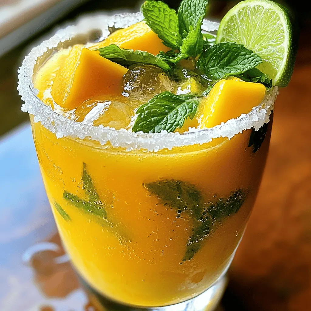 - 2 ripe mangoes, peeled and diced - 1 cup fresh lime juice - 1/4 cup agave syrup (or honey) Starting with fresh ingredients is key for a great mocktail. Ripe mangoes bring a sweet and juicy flavor. Look for mangoes that give slightly when you press them. Fresh lime juice adds a zesty kick that brightens the drink. You can squeeze limes yourself for the best taste. Agave syrup or honey gives sweetness without overpowering the flavors. - 1 cup coconut water Coconut water is a great addition to your mocktail. It adds a light, tropical taste. When choosing coconut water, look for brands with no added sugars. Pure coconut water has a smooth texture and a hint of saltiness. This helps balance the sweetness of the mangoes. - 2 cups ice cubes - Optional ingredients for sweetness and flavor enhancement Ice cubes are essential for a frozen drink. They make the mocktail cold and refreshing. You can add more ice if you want a thicker consistency. For extra flavor, consider adding a splash of fruit juice or even fresh herbs like mint. Experimenting with optional ingredients can make your drink unique and fun. To make your drink pop, we need to prepare the glasses first. Start by rimming with salt. Take a fresh lime wedge and gently rub it around the edge of your glass. This step adds flavor and makes your drink look great. Next, dip the rim into a small plate of salt. Make sure the rim is well-coated. If you want to try something different, consider using sugar instead. Sugar adds a sweet touch and pairs well with the mango. You can also add lime zest to the sugar for a fun twist. Now, it’s time to blend! I recommend using a high-powered blender. This helps mix everything smoothly. Start by adding the diced mangoes into the blender. Next, pour in the fresh lime juice. Follow with the agave syrup or honey, then the coconut water. Finally, add the ice cubes on top. This order helps create a smooth blend. After blending, check the texture. You want it smooth and creamy. If it’s too thin, add more ice and blend again. For a thicker drink, use extra mango or ice. If you want it thinner, just add a bit more coconut water. Tasting is key! Adjust the sweetness if needed by adding more agave syrup or honey. Blend again until it’s just right. Enjoy your delicious Frozen Mango Margarita Mocktail! To make your frozen mango margarita mocktail great, balance sweetness and acidity. Start with ripe mangoes. They bring natural sweetness. Taste your mangoes first. If they are very sweet, use less agave syrup. If they taste a bit tart, add a touch more syrup. You can also add more lime juice for a zesty kick if needed. To get a frosty texture, blend your ingredients well. Use a high-powered blender. Start on low and work your way up to high speed. If you want a thicker drink, add more ice. Serve the mocktail in a chilled glass for a cool experience. Garnish with lime slices and mint leaves to make it pretty. A salted rim can add a nice touch too. One common mistake is not blending long enough. Your mocktail should be smooth and creamy. If it’s too chunky, blend a bit more. Another mistake is pouring too soon. Allow it to chill in the blender for a moment. If your drink is too sweet, add a splash of lime juice. If it’s too tart, add a bit of agave syrup. Enjoy your delicious creation! {{image_4}} You can mix other fruits into your frozen mango margarita mocktail. Try adding strawberries for a sweet touch. Pineapple adds a tropical vibe. If you want a tart flavor, include raspberries. Seasonal fruits like peaches or blackberries can also bring a fun twist. When you use what's fresh, your mocktail feels special. Herbs and spices can make your drink stand out. Fresh mint adds a refreshing kick. A pinch of chili powder can spice things up. You can also try flavored sparkling water. This adds bubbles and a unique taste. Think about using coconut or lime-flavored sparkling water for extra zest. Customizing your mocktail is easy and fun! Start with the basic recipe and swap ingredients. Use different sweeteners, like maple syrup or stevia. You can even change the fruit base! If you love citrus, add orange juice or lemon juice. Feel free to play with flavors until you find your perfect mix. You could even create a signature drink that reflects your style! Once you finish your delicious mocktail, store any leftovers in the fridge. Use an airtight container to keep it fresh. The mocktail stays good for up to two days. After that, it may lose some flavor and texture. Yes, you can freeze the mocktail! This makes it easy to enjoy later. Pour the mocktail into ice cube trays or freezer-safe bags. Leave a little space for expansion. When you want to drink it, blend the frozen cubes until smooth. For the best experience, serve your mocktail fresh. If you must store it, give it a quick stir before serving. This helps mix any ingredients that may have separated. Garnish with lime slices and mint leaves just before serving for a fresh look. Always remember, fresh garnishes make a big difference! A frozen mango margarita mocktail is a non-alcoholic drink made with mangoes and lime. It is a fun twist on a classic margarita. The main difference is that a traditional margarita has alcohol, while the mocktail does not. You get all the refreshing taste without any booze. Yes, you can prepare this mocktail ahead of time! To do this, blend all the ingredients except for the ice. Store the mixture in the fridge. When you are ready to serve, add ice to the blender and blend again until smooth. This keeps it fresh and tasty. Making this recipe vegan is easy! Use agave syrup instead of honey. Agave is plant-based and perfect for sweetening. You can also use other vegan-friendly sweeteners like maple syrup or coconut sugar. To adjust sweetness, taste your drink after blending. If you want it sweeter, add more agave syrup or honey. Blend again until mixed well. Start with a little and add more as needed. This way, you can get the perfect balance. This mocktail pairs well with light snacks. Try serving it with chips and salsa or fresh fruit. You can also enjoy it with tacos or a fresh salad. The bright flavors of the mocktail match well with these dishes. To recap, we explored how to make a refreshing frozen mango margarita mocktail. We discussed key ingredients, like ripe mangoes and coconut water, along with steps for preparation and storage. You learned tips for balance and creativity, plus how to fix common mistakes. This mocktail is fun, easy, and perfect for any gathering. I encourage you to experiment with flavors and create your own unique twist. Cheers to your delicious mocktail adventures!