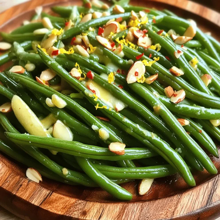 - 1 pound fresh green beans, trimmed - 4 tablespoons unsalted butter - 4 cloves garlic, minced - 1 teaspoon salt - ½ teaspoon freshly ground black pepper - ¼ teaspoon red pepper flakes (optional) - 1 tablespoon freshly squeezed lemon juice - Zest of 1 lemon - 2 tablespoons toasted almonds, chopped (for garnish) Gather these simple ingredients before you start. Fresh green beans bring a crisp taste. The unsalted butter adds richness, while garlic gives a strong flavor. Salt and pepper enhance all the tastes. Red pepper flakes add a little heat, but you can skip them if you prefer. Lemon juice and zest give a nice brightness to the dish. Finally, toasted almonds add crunch and depth. - Almonds, lemon zest - Other possible add-ins (e.g., crushed red pepper, different herbs) Feel free to mix things up! You can add different herbs like thyme or basil for more flavor. Try using other nuts, like pecans or walnuts, for a twist. Citrus zest from oranges or limes can also change the taste. The options are endless, so have fun with it! First, fill a large pot with water and add salt. Bring the water to a rolling boil. The salt helps season the beans. Once boiling, carefully add the trimmed green beans. Blanch them for about 3 to 4 minutes. You want them bright green and tender-crisp. Next, prepare an ice water bowl. After blanching, use a slotted spoon to transfer the green beans to the ice water. This stops the cooking and keeps them vibrant. Let them cool for a few minutes. Drain and set aside. Now, grab a large skillet. Heat the butter over medium heat until it melts and bubbles. This should take a minute or two. As the butter melts, add the minced garlic. Stir it constantly for about 1 minute. You want it fragrant but not brown; burnt garlic can taste bitter. Once the garlic is ready, toss in the blanched green beans. Stir well to coat them in the garlic butter. Add salt, black pepper, and red pepper flakes if you like heat. Sauté everything together for another 2 to 3 minutes. You want the beans heated through and full of flavor. Remove the skillet from the heat. Squeeze fresh lemon juice over the green beans. Sprinkle lemon zest on top as well. Toss everything together so the flavors mix well. Finally, transfer the green beans to a serving platter. Garnish with chopped toasted almonds for a nice crunch. This adds texture and flavor to your dish. Enjoy your garlic butter green beans with toasted almonds! For the full recipe, check the earlier section. When choosing green beans, look for ones that are bright green. Fresh beans should snap easily when bent. Avoid beans that look wilted or have brown spots. Firmness is key; they should feel crisp to the touch. Sourcing organic beans can enhance flavor and quality. If you find local farmers' markets, check them for fresh options! Cooking garlic properly is vital to avoid bitterness. Start with medium heat for your butter. Let it melt slowly until it bubbles. Add minced garlic and stir it constantly. This helps it cook evenly. Cook for just about one minute. You want it fragrant but not brown. If it turns brown, it tastes bitter and ruins your dish. To add more flavor, consider spices like cumin or paprika. Fresh herbs like thyme or basil can also brighten the dish. A pinch of red pepper flakes adds a nice kick. Lemon juice and zest are crucial for a zesty finish. They balance the richness of the butter. Experiment with these flavors to find your favorite twist. {{image_4}} You can add a tasty crunch to your garlic butter green beans by using nuts. Toasted almonds, pecans, or walnuts work great. To incorporate them, simply chop up your choice of nut. After sautéing the green beans, toss in the nuts for the last minute of cooking. This adds flavor and texture. You can also sprinkle nuts on top when serving for a nice look. If you want a new twist, try using lime or orange instead of lemon. Lime gives a fresh, zesty kick, while orange adds a sweet touch. To use, squeeze in the juice and add a little zest at the end. This small change can brighten the whole dish and make it feel new. Mixing in other veggies can make this dish even more colorful and nutritious. Carrots or bell peppers are great choices. Slice them thinly, and add them to the skillet with the garlic. Cook them until they soften a bit before adding the green beans. This way, you create a blend of flavors that everyone will love. To keep leftover garlic butter green beans fresh, store them in an airtight container. Make sure to refrigerate them within two hours of cooking. This helps avoid bacteria growth. They will stay good for up to three days in the fridge. Before sealing, allow them to cool slightly. This prevents moisture buildup, which can make them soggy. To reheat your green beans, use the stove or microwave. For the stove, place them in a skillet over medium heat. Add a splash of water or a bit of butter for moisture. Stir often until they are heated through. If using the microwave, cover them with a damp paper towel. Heat in 30-second bursts, stirring between each. This keeps them tender and flavorful. If you want to freeze green beans, first blanch them. Boil them for 3-4 minutes, then cool in ice water. Drain them well to remove excess water. Pack the green beans into freezer bags, removing as much air as possible. Label the bags with the date. They can stay frozen for up to six months. When ready to use, thaw them overnight in the fridge or cook them straight from the freezer. This way, you can enjoy this dish later! To prepare green beans, start by rinsing them under cold water. This removes dirt and debris. Next, trim the ends. You can snap them off with your fingers, or use a knife for a clean cut. I prefer to use fresh, firm green beans for the best taste. Yes, you can use frozen green beans. They are convenient and save time. However, they may not have the same crispness as fresh beans. Frozen beans also require a different cooking time. Make sure to thaw them before cooking. Garlic butter green beans pair well with many dishes. They go great with grilled chicken or fish. You can also serve them with steak or roasted veggies. For a lighter meal, try them with a fresh salad. Garlic butter green beans last about 3 to 4 days in the fridge. Store them in an airtight container. Always check for freshness before eating. If they smell off or look slimy, it’s best to throw them away. For the full recipe, check out Garlic Butter Green Beans with Toasted Almonds. In this article, I covered how to make delicious garlic butter green beans. We discussed essential and optional ingredients, step-by-step cooking instructions, and some helpful tips. You learned about enhancing flavors and storage best practices. These green beans are easy to prepare and delicious. With variations, you can make this dish your own. Enjoy these tasty green beans as a side or mix them with other vegetables!