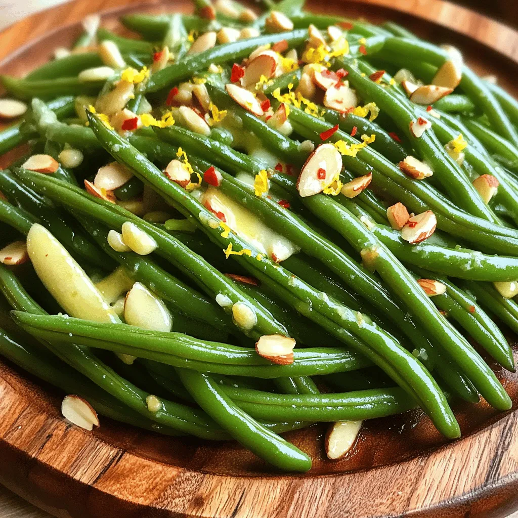 - 1 pound fresh green beans, trimmed - 4 tablespoons unsalted butter - 4 cloves garlic, minced - 1 teaspoon salt - ½ teaspoon freshly ground black pepper - ¼ teaspoon red pepper flakes (optional) - 1 tablespoon freshly squeezed lemon juice - Zest of 1 lemon - 2 tablespoons toasted almonds, chopped (for garnish) Gather these simple ingredients before you start. Fresh green beans bring a crisp taste. The unsalted butter adds richness, while garlic gives a strong flavor. Salt and pepper enhance all the tastes. Red pepper flakes add a little heat, but you can skip them if you prefer. Lemon juice and zest give a nice brightness to the dish. Finally, toasted almonds add crunch and depth. - Almonds, lemon zest - Other possible add-ins (e.g., crushed red pepper, different herbs) Feel free to mix things up! You can add different herbs like thyme or basil for more flavor. Try using other nuts, like pecans or walnuts, for a twist. Citrus zest from oranges or limes can also change the taste. The options are endless, so have fun with it! First, fill a large pot with water and add salt. Bring the water to a rolling boil. The salt helps season the beans. Once boiling, carefully add the trimmed green beans. Blanch them for about 3 to 4 minutes. You want them bright green and tender-crisp. Next, prepare an ice water bowl. After blanching, use a slotted spoon to transfer the green beans to the ice water. This stops the cooking and keeps them vibrant. Let them cool for a few minutes. Drain and set aside. Now, grab a large skillet. Heat the butter over medium heat until it melts and bubbles. This should take a minute or two. As the butter melts, add the minced garlic. Stir it constantly for about 1 minute. You want it fragrant but not brown; burnt garlic can taste bitter. Once the garlic is ready, toss in the blanched green beans. Stir well to coat them in the garlic butter. Add salt, black pepper, and red pepper flakes if you like heat. Sauté everything together for another 2 to 3 minutes. You want the beans heated through and full of flavor. Remove the skillet from the heat. Squeeze fresh lemon juice over the green beans. Sprinkle lemon zest on top as well. Toss everything together so the flavors mix well. Finally, transfer the green beans to a serving platter. Garnish with chopped toasted almonds for a nice crunch. This adds texture and flavor to your dish. Enjoy your garlic butter green beans with toasted almonds! For the full recipe, check the earlier section. When choosing green beans, look for ones that are bright green. Fresh beans should snap easily when bent. Avoid beans that look wilted or have brown spots. Firmness is key; they should feel crisp to the touch. Sourcing organic beans can enhance flavor and quality. If you find local farmers' markets, check them for fresh options! Cooking garlic properly is vital to avoid bitterness. Start with medium heat for your butter. Let it melt slowly until it bubbles. Add minced garlic and stir it constantly. This helps it cook evenly. Cook for just about one minute. You want it fragrant but not brown. If it turns brown, it tastes bitter and ruins your dish. To add more flavor, consider spices like cumin or paprika. Fresh herbs like thyme or basil can also brighten the dish. A pinch of red pepper flakes adds a nice kick. Lemon juice and zest are crucial for a zesty finish. They balance the richness of the butter. Experiment with these flavors to find your favorite twist. {{image_4}} You can add a tasty crunch to your garlic butter green beans by using nuts. Toasted almonds, pecans, or walnuts work great. To incorporate them, simply chop up your choice of nut. After sautéing the green beans, toss in the nuts for the last minute of cooking. This adds flavor and texture. You can also sprinkle nuts on top when serving for a nice look. If you want a new twist, try using lime or orange instead of lemon. Lime gives a fresh, zesty kick, while orange adds a sweet touch. To use, squeeze in the juice and add a little zest at the end. This small change can brighten the whole dish and make it feel new. Mixing in other veggies can make this dish even more colorful and nutritious. Carrots or bell peppers are great choices. Slice them thinly, and add them to the skillet with the garlic. Cook them until they soften a bit before adding the green beans. This way, you create a blend of flavors that everyone will love. To keep leftover garlic butter green beans fresh, store them in an airtight container. Make sure to refrigerate them within two hours of cooking. This helps avoid bacteria growth. They will stay good for up to three days in the fridge. Before sealing, allow them to cool slightly. This prevents moisture buildup, which can make them soggy. To reheat your green beans, use the stove or microwave. For the stove, place them in a skillet over medium heat. Add a splash of water or a bit of butter for moisture. Stir often until they are heated through. If using the microwave, cover them with a damp paper towel. Heat in 30-second bursts, stirring between each. This keeps them tender and flavorful. If you want to freeze green beans, first blanch them. Boil them for 3-4 minutes, then cool in ice water. Drain them well to remove excess water. Pack the green beans into freezer bags, removing as much air as possible. Label the bags with the date. They can stay frozen for up to six months. When ready to use, thaw them overnight in the fridge or cook them straight from the freezer. This way, you can enjoy this dish later! To prepare green beans, start by rinsing them under cold water. This removes dirt and debris. Next, trim the ends. You can snap them off with your fingers, or use a knife for a clean cut. I prefer to use fresh, firm green beans for the best taste. Yes, you can use frozen green beans. They are convenient and save time. However, they may not have the same crispness as fresh beans. Frozen beans also require a different cooking time. Make sure to thaw them before cooking. Garlic butter green beans pair well with many dishes. They go great with grilled chicken or fish. You can also serve them with steak or roasted veggies. For a lighter meal, try them with a fresh salad. Garlic butter green beans last about 3 to 4 days in the fridge. Store them in an airtight container. Always check for freshness before eating. If they smell off or look slimy, it’s best to throw them away. For the full recipe, check out Garlic Butter Green Beans with Toasted Almonds. In this article, I covered how to make delicious garlic butter green beans. We discussed essential and optional ingredients, step-by-step cooking instructions, and some helpful tips. You learned about enhancing flavors and storage best practices. These green beans are easy to prepare and delicious. With variations, you can make this dish your own. Enjoy these tasty green beans as a side or mix them with other vegetables!