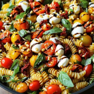 To make a tasty Caprese pasta salad, you need these key ingredients: - 8 oz pasta (fusilli or penne) - 1 cup cherry tomatoes, halved - 1 cup fresh mozzarella balls, halved - 1 cup fresh basil leaves, chopped - 1/2 cup sun-dried tomatoes, finely chopped - 1/4 cup balsamic glaze - 1/4 cup extra virgin olive oil - 1 teaspoon garlic powder - Salt and black pepper to taste - 1/4 cup pine nuts, toasted These ingredients bring together fresh flavors and textures. The pasta serves as a sturdy base, while the tomatoes and mozzarella add creaminess and sweetness. Fresh basil gives a lovely aroma and taste. Sun-dried tomatoes add depth, and the balsamic glaze offers a tangy finish. You can make this dish more exciting by adding a few optional ingredients: - Grilled chicken for protein - Arugula for a peppery bite - Spinach for extra greens - Olives for a briny flavor Feel free to mix and match these additions. They can help customize the salad to your liking. If you have dietary needs, here are some easy swaps: - Use gluten-free pasta for a gluten-free option. - Swap mozzarella with vegan cheese for a dairy-free version. - Replace balsamic glaze with lemon juice for a lighter dressing. These substitutions keep the dish tasty while meeting your dietary needs. Enjoy the fresh and flavorful delight of Caprese pasta salad! For the full recipe, check out the detailed instructions. First, boil a large pot of salted water. Add 8 oz of pasta, either fusilli or penne. Cook it for 8 to 10 minutes until it is al dente. Drain the pasta and rinse it under cold water. This stops the cooking and cools it down. In a big mixing bowl, add the cooled pasta. Now, toss in 1 cup of halved cherry tomatoes, 1 cup of halved fresh mozzarella balls, and 1 cup of chopped basil leaves. Don't forget 1/2 cup of finely chopped sun-dried tomatoes. Mix them well so everything is evenly spread. Grab a small bowl and whisk together 1/4 cup of balsamic glaze and 1/4 cup of extra virgin olive oil. Add 1 teaspoon of garlic powder, and a pinch of salt and black pepper. Blend it until smooth. This dressing brings all the flavors together. Drizzle the dressing over the pasta mixture. Gently toss everything together. Make sure every piece is coated with the dressing. This step is key to a flavorful salad. Sprinkle 1/4 cup of toasted pine nuts over the salad. Fold them in for that delightful crunch. Taste the salad and adjust the seasoning if needed. Add more salt, pepper, or balsamic glaze if you like. Let the salad sit for at least 15 minutes. This marinating time helps the flavors blend beautifully. Remember, this is a fresh and flavorful delight. You can find the full recipe in the previous section. To cook perfect pasta, always use a large pot. Fill it with water and add salt. Salt helps flavor the pasta. Bring the water to a boil before adding the pasta. For this recipe, cook it for about 8-10 minutes until al dente. Al dente means the pasta is firm but not hard. After cooking, drain the pasta and rinse it with cold water. This stops the cooking and cools it down quickly. Fresh herbs can really boost your dish. For Caprese pasta salad, I love using basil. Basil adds a sweet, peppery flavor. Chop it up and mix it in with the pasta. You can also add parsley or oregano for more taste. Don’t forget to taste your salad as you go. Adjust the herbs to match your preference. How you present your salad matters. Serve it in a big, colorful bowl. It makes the dish look more inviting. Use a sprinkle of fresh basil on top for a pop of green. A drizzle of balsamic glaze adds shine and flavor. You want your Caprese pasta salad to look as good as it tastes. For the full recipe, check it out! {{image_4}} Want to make your Caprese pasta salad heartier? Adding grilled chicken is a great choice. It gives the dish a nice boost of protein. Grill the chicken until it's golden brown and juicy. Then, slice it into strips and mix it in with the pasta. You can even use rotisserie chicken for a quicker option. This simple addition makes the salad filling and satisfying. If you're going vegan, you can easily adapt this recipe. Replace the mozzarella with cubes of avocado or vegan cheese. Both options provide a creamy texture. You can also add more veggies like bell peppers or zucchini for extra flavor and crunch. Use a vegan balsamic dressing to keep it fully plant-based. This way, you still enjoy the same fresh taste without the dairy. The beauty of Caprese pasta salad lies in its versatility. While fusilli or penne works well, feel free to experiment with other pasta shapes. Bowties, rotini, or even whole wheat pasta can add a fun twist. Each shape holds the dressing differently, creating a new eating experience. Try gluten-free pasta if you're avoiding gluten. This dish remains delicious no matter the pasta you choose. For the full recipe, check out the Caprese pasta salad with a twist. To store leftover Caprese pasta salad, place it in an airtight container. Make sure to seal it tightly. This helps keep the salad fresh for a longer time. You can also cover the bowl with plastic wrap if you do not have a container. For the best taste, eat the salad within three days. The tomatoes and mozzarella may lose their texture over time. Keep the salad chilled in the fridge. Avoid leaving it at room temperature for too long. This keeps the ingredients safe and tasty. If you want to reheat the pasta salad, do it gently. Use a microwave on low power to warm it up. Heat it in short bursts to avoid cooking the tomatoes. You can also serve it cold. This keeps the fresh flavors intact. If it seems dry, drizzle a little olive oil before serving. You can check the [Full Recipe] for more tips and details. Caprese Pasta Salad is a bright, fresh dish. It combines pasta, cherry tomatoes, mozzarella, and basil. This salad brings the classic Caprese flavors into a fun new form. You get a tasty mix that is both filling and refreshing. The balsamic glaze adds a sweet touch, while the olive oil gives richness. You can easily prepare Caprese Pasta Salad ahead of time. Cook the pasta and let it cool. Mix the ingredients and toss them with dressing. Store the salad in the fridge. Just remember to add the pine nuts right before serving for extra crunch. Yes, you can use other cheeses! Try feta for a salty kick, or goat cheese for creaminess. Each cheese changes the flavor a bit, so feel free to experiment. Just keep the cheese fresh and tasty for the best results. Caprese Pasta Salad lasts about three days in the fridge. Store it in an airtight container. The flavors may blend more over time, making it even tastier. Just check for freshness before serving to ensure it's still good. Caprese Pasta Salad pairs well with grilled meats or fish. It also goes great with crusty bread or a light soup. For a light meal, serve it with a green salad. This salad makes a great side dish for any summer gathering! For the Full Recipe, check out the detailed instructions and ingredients list. Enjoy your culinary adventure! This blog post covered how to make a Caprese pasta salad, starting with key ingredients like fresh tomatoes and basil. I shared step-by-step cooking instructions and offered tips for a perfect dish. You learned how to store leftovers and discovered fun variations. In the end, this dish is versatile, tasty, and easy to make. Enjoy trying different flavors and share your own twists!
