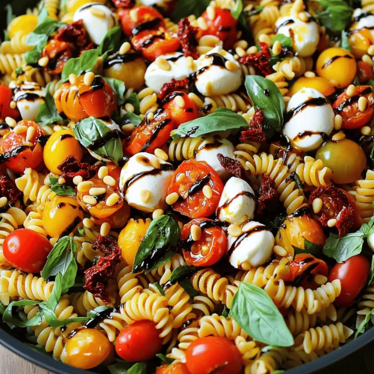 To make a tasty Caprese pasta salad, you need these key ingredients: - 8 oz pasta (fusilli or penne) - 1 cup cherry tomatoes, halved - 1 cup fresh mozzarella balls, halved - 1 cup fresh basil leaves, chopped - 1/2 cup sun-dried tomatoes, finely chopped - 1/4 cup balsamic glaze - 1/4 cup extra virgin olive oil - 1 teaspoon garlic powder - Salt and black pepper to taste - 1/4 cup pine nuts, toasted These ingredients bring together fresh flavors and textures. The pasta serves as a sturdy base, while the tomatoes and mozzarella add creaminess and sweetness. Fresh basil gives a lovely aroma and taste. Sun-dried tomatoes add depth, and the balsamic glaze offers a tangy finish. You can make this dish more exciting by adding a few optional ingredients: - Grilled chicken for protein - Arugula for a peppery bite - Spinach for extra greens - Olives for a briny flavor Feel free to mix and match these additions. They can help customize the salad to your liking. If you have dietary needs, here are some easy swaps: - Use gluten-free pasta for a gluten-free option. - Swap mozzarella with vegan cheese for a dairy-free version. - Replace balsamic glaze with lemon juice for a lighter dressing. These substitutions keep the dish tasty while meeting your dietary needs. Enjoy the fresh and flavorful delight of Caprese pasta salad! For the full recipe, check out the detailed instructions. First, boil a large pot of salted water. Add 8 oz of pasta, either fusilli or penne. Cook it for 8 to 10 minutes until it is al dente. Drain the pasta and rinse it under cold water. This stops the cooking and cools it down. In a big mixing bowl, add the cooled pasta. Now, toss in 1 cup of halved cherry tomatoes, 1 cup of halved fresh mozzarella balls, and 1 cup of chopped basil leaves. Don't forget 1/2 cup of finely chopped sun-dried tomatoes. Mix them well so everything is evenly spread. Grab a small bowl and whisk together 1/4 cup of balsamic glaze and 1/4 cup of extra virgin olive oil. Add 1 teaspoon of garlic powder, and a pinch of salt and black pepper. Blend it until smooth. This dressing brings all the flavors together. Drizzle the dressing over the pasta mixture. Gently toss everything together. Make sure every piece is coated with the dressing. This step is key to a flavorful salad. Sprinkle 1/4 cup of toasted pine nuts over the salad. Fold them in for that delightful crunch. Taste the salad and adjust the seasoning if needed. Add more salt, pepper, or balsamic glaze if you like. Let the salad sit for at least 15 minutes. This marinating time helps the flavors blend beautifully. Remember, this is a fresh and flavorful delight. You can find the full recipe in the previous section. To cook perfect pasta, always use a large pot. Fill it with water and add salt. Salt helps flavor the pasta. Bring the water to a boil before adding the pasta. For this recipe, cook it for about 8-10 minutes until al dente. Al dente means the pasta is firm but not hard. After cooking, drain the pasta and rinse it with cold water. This stops the cooking and cools it down quickly. Fresh herbs can really boost your dish. For Caprese pasta salad, I love using basil. Basil adds a sweet, peppery flavor. Chop it up and mix it in with the pasta. You can also add parsley or oregano for more taste. Don’t forget to taste your salad as you go. Adjust the herbs to match your preference. How you present your salad matters. Serve it in a big, colorful bowl. It makes the dish look more inviting. Use a sprinkle of fresh basil on top for a pop of green. A drizzle of balsamic glaze adds shine and flavor. You want your Caprese pasta salad to look as good as it tastes. For the full recipe, check it out! {{image_4}} Want to make your Caprese pasta salad heartier? Adding grilled chicken is a great choice. It gives the dish a nice boost of protein. Grill the chicken until it's golden brown and juicy. Then, slice it into strips and mix it in with the pasta. You can even use rotisserie chicken for a quicker option. This simple addition makes the salad filling and satisfying. If you're going vegan, you can easily adapt this recipe. Replace the mozzarella with cubes of avocado or vegan cheese. Both options provide a creamy texture. You can also add more veggies like bell peppers or zucchini for extra flavor and crunch. Use a vegan balsamic dressing to keep it fully plant-based. This way, you still enjoy the same fresh taste without the dairy. The beauty of Caprese pasta salad lies in its versatility. While fusilli or penne works well, feel free to experiment with other pasta shapes. Bowties, rotini, or even whole wheat pasta can add a fun twist. Each shape holds the dressing differently, creating a new eating experience. Try gluten-free pasta if you're avoiding gluten. This dish remains delicious no matter the pasta you choose. For the full recipe, check out the Caprese pasta salad with a twist. To store leftover Caprese pasta salad, place it in an airtight container. Make sure to seal it tightly. This helps keep the salad fresh for a longer time. You can also cover the bowl with plastic wrap if you do not have a container. For the best taste, eat the salad within three days. The tomatoes and mozzarella may lose their texture over time. Keep the salad chilled in the fridge. Avoid leaving it at room temperature for too long. This keeps the ingredients safe and tasty. If you want to reheat the pasta salad, do it gently. Use a microwave on low power to warm it up. Heat it in short bursts to avoid cooking the tomatoes. You can also serve it cold. This keeps the fresh flavors intact. If it seems dry, drizzle a little olive oil before serving. You can check the [Full Recipe] for more tips and details. Caprese Pasta Salad is a bright, fresh dish. It combines pasta, cherry tomatoes, mozzarella, and basil. This salad brings the classic Caprese flavors into a fun new form. You get a tasty mix that is both filling and refreshing. The balsamic glaze adds a sweet touch, while the olive oil gives richness. You can easily prepare Caprese Pasta Salad ahead of time. Cook the pasta and let it cool. Mix the ingredients and toss them with dressing. Store the salad in the fridge. Just remember to add the pine nuts right before serving for extra crunch. Yes, you can use other cheeses! Try feta for a salty kick, or goat cheese for creaminess. Each cheese changes the flavor a bit, so feel free to experiment. Just keep the cheese fresh and tasty for the best results. Caprese Pasta Salad lasts about three days in the fridge. Store it in an airtight container. The flavors may blend more over time, making it even tastier. Just check for freshness before serving to ensure it's still good. Caprese Pasta Salad pairs well with grilled meats or fish. It also goes great with crusty bread or a light soup. For a light meal, serve it with a green salad. This salad makes a great side dish for any summer gathering! For the Full Recipe, check out the detailed instructions and ingredients list. Enjoy your culinary adventure! This blog post covered how to make a Caprese pasta salad, starting with key ingredients like fresh tomatoes and basil. I shared step-by-step cooking instructions and offered tips for a perfect dish. You learned how to store leftovers and discovered fun variations. In the end, this dish is versatile, tasty, and easy to make. Enjoy trying different flavors and share your own twists!