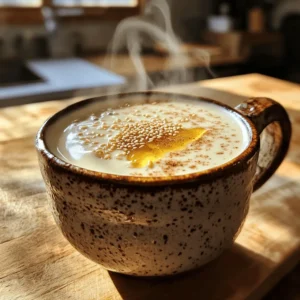 To make a delicious Sesame Honey Soy Latte, you'll need the following ingredients: - 1 cup unsweetened soy milk - 1 tablespoon tahini - 1 tablespoon honey (or maple syrup for vegan) - 1 teaspoon pure vanilla extract - 1/2 teaspoon ground cinnamon - Pinch of fine sea salt - 1/2 cup freshly brewed strong coffee or espresso - Toasted sesame seeds for garnish These ingredients work together to create a creamy and flavorful drink. Each one plays a role in building the taste. The soy milk serves as the base, while tahini adds a nutty flavor. Honey or maple syrup brings sweetness, and vanilla adds warmth. Ground cinnamon gives it a cozy spice, while the salt enhances all the flavors. Finally, the toasted sesame seeds provide a lovely crunch and visual appeal. You can find the full recipe in the article. Enjoy gathering these ingredients and preparing your latte! Start by pouring 1 cup of unsweetened soy milk into a small saucepan. Add 1 tablespoon of tahini to the milk. Whisk the soy milk and tahini together over medium heat. Keep mixing until the two blend well and the mixture is hot, but do not let it boil. You want a smooth consistency. This step is key for a creamy latte. Once your soy-tahini mixture is hot, take it off the heat. Add in 1 tablespoon of honey or maple syrup, 1 teaspoon of pure vanilla extract, 1/2 teaspoon of ground cinnamon, and a pinch of fine sea salt. Stir these in well. You should aim for a silky smooth blend here. This mix adds rich flavor and sweetness to your latte. While you prepare the soy mixture, brew your coffee or espresso. I suggest using 1/2 cup of freshly brewed strong coffee for the best taste. If you like it stronger, go for espresso. The stronger your coffee, the better it balances the creamy soy mixture. Now it's time to put it all together. In a large mug, combine your brewed coffee or espresso with the tahini-soy mixture. Stir gently to blend them well. For a special touch, sprinkle some toasted sesame seeds on top. This adds a nice crunch and a beautiful finish to your drink. Enjoy your warm Sesame Honey Soy Latte right away for the best flavor! For the full recipe, check out the detailed instructions above. To make the best Sesame Honey Soy Latte, focus on two key things: temperature and mixing. Heat your soy milk slowly. It should be warm but not boiling. This keeps the flavors intact. Whisk the milk and tahini well. You want a smooth blend without lumps. The better the mix, the creamier your latte will be. Use high-quality ingredients. Fresh soy milk and pure honey boost flavor. Good ingredients make a big difference in taste. Always choose organic when possible. This enhances your drink's overall quality. Pick a fun mug for your latte. A clear glass mug works great. It shows off the layers of your latte. It adds to the visual appeal. You can also use a colorful ceramic mug for a cozy vibe. Garnishing adds flair. Besides toasted sesame seeds, try a sprinkle of cinnamon or cocoa. These small touches make your drink look fancy. You can even add a star anise for a unique twist. Want to mix it up? Add spices like nutmeg or ginger. Nutmeg gives warmth, while ginger adds a spicy kick. Both pair well with the sesame and honey flavors. Think about snacks too. A small piece of dark chocolate complements the latte well. You could also serve it with sesame cookies. These snacks make for a delightful treat alongside your drink. For the Full Recipe, refer back to the previous section for complete details. {{image_4}} You can easily make this latte vegan by switching out honey. Use maple syrup instead. It has a similar sweetness and works well with sesame. You can also try agave nectar for a different flavor. For a dairy-free option, soy milk is great. But you can use almond milk or oat milk too. Both have a creamy texture and a nice taste. Choose unsweetened versions for the best results. Want a chocolate twist? Simply add cocoa powder to your latte. Start with one tablespoon and adjust to your taste. It adds a rich flavor that pairs well with sesame. You can also try other extracts. Almond or coconut extract can give your latte a fun spin. A drop or two goes a long way, so start small. If you prefer cold drinks, use cold brew coffee. It has a smooth flavor that complements the sesame well. Just mix it with the tahini-soy mixture as you would with hot coffee. You can also experiment with flavored coffees. Try vanilla or hazelnut coffee for a unique taste. Just brew your favorite flavored coffee to match your mood. For the full recipe, check [Full Recipe]. To store your Sesame Honey Soy Latte, let it cool first. Pour the mixture into an airtight container. Glass jars or plastic containers work well. Keep it in the fridge for the best results. This helps keep the flavors fresh and tasty. When reheating, use a small saucepan over low heat. Stir gently to keep the texture smooth. You can also use a microwave, but heat it in short bursts, stirring in between. This way, you maintain the latte’s creaminess and flavor. You can keep the latte in the fridge for about three days. If you see separation or an off smell, it’s time to toss it. Always check for signs of spoilage to ensure safety. Yes, you can! Try using matcha or chai instead of coffee. Matcha gives a lovely green color and a unique taste. Chai offers warm spices that blend well with sesame and honey. Both options create a tasty latte without coffee. Absolutely! Tahini is packed with nutrients. It contains healthy fats, protein, and vitamins. It is rich in calcium, which is great for bones. Plus, tahini has antioxidants that help protect your body. Using tahini in your latte boosts both flavor and nutrition. To froth soy milk, heat it in a saucepan until warm. Use a hand frother or whisk to create foam. You can also use a French press to froth soy milk. Just pump the plunger up and down. This method works well to create a creamy texture. Many cafes offer unique lattes. Look for local coffee shops that focus on craft drinks. They may have seasonal menus featuring specialty lattes. You can also check popular chains that often have unique flavors. Don't hesitate to ask for a Sesame Honey Soy Latte! This blog post explored the delightful Sesame Honey Soy Latte. We covered easy steps to make it, from mixing the soy milk and tahini to brewing strong coffee. I shared tips for perfecting your latte, enhancing flavors, and even storing leftovers. You can customize this drink with vegan options or different coffee bases to suit your taste. In conclusion, making this latte at home is fun and rewarding. You'll enjoy a tasty drink while impressing friends. I hope you try my recipe and enjoy every sip!