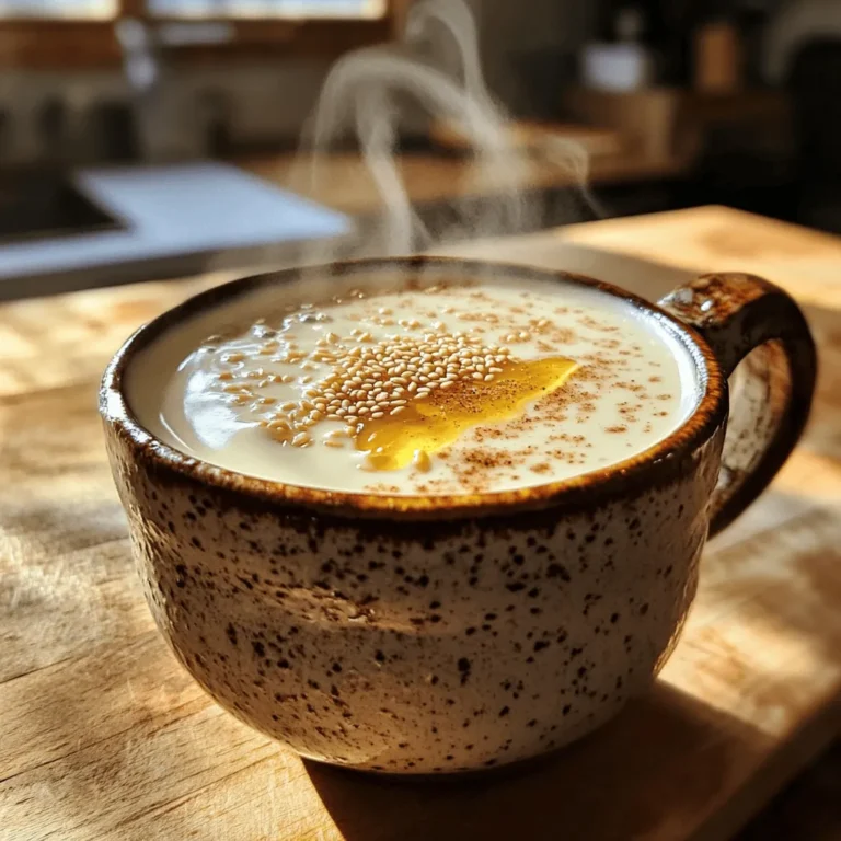 To make a delicious Sesame Honey Soy Latte, you'll need the following ingredients: - 1 cup unsweetened soy milk - 1 tablespoon tahini - 1 tablespoon honey (or maple syrup for vegan) - 1 teaspoon pure vanilla extract - 1/2 teaspoon ground cinnamon - Pinch of fine sea salt - 1/2 cup freshly brewed strong coffee or espresso - Toasted sesame seeds for garnish These ingredients work together to create a creamy and flavorful drink. Each one plays a role in building the taste. The soy milk serves as the base, while tahini adds a nutty flavor. Honey or maple syrup brings sweetness, and vanilla adds warmth. Ground cinnamon gives it a cozy spice, while the salt enhances all the flavors. Finally, the toasted sesame seeds provide a lovely crunch and visual appeal. You can find the full recipe in the article. Enjoy gathering these ingredients and preparing your latte! Start by pouring 1 cup of unsweetened soy milk into a small saucepan. Add 1 tablespoon of tahini to the milk. Whisk the soy milk and tahini together over medium heat. Keep mixing until the two blend well and the mixture is hot, but do not let it boil. You want a smooth consistency. This step is key for a creamy latte. Once your soy-tahini mixture is hot, take it off the heat. Add in 1 tablespoon of honey or maple syrup, 1 teaspoon of pure vanilla extract, 1/2 teaspoon of ground cinnamon, and a pinch of fine sea salt. Stir these in well. You should aim for a silky smooth blend here. This mix adds rich flavor and sweetness to your latte. While you prepare the soy mixture, brew your coffee or espresso. I suggest using 1/2 cup of freshly brewed strong coffee for the best taste. If you like it stronger, go for espresso. The stronger your coffee, the better it balances the creamy soy mixture. Now it's time to put it all together. In a large mug, combine your brewed coffee or espresso with the tahini-soy mixture. Stir gently to blend them well. For a special touch, sprinkle some toasted sesame seeds on top. This adds a nice crunch and a beautiful finish to your drink. Enjoy your warm Sesame Honey Soy Latte right away for the best flavor! For the full recipe, check out the detailed instructions above. To make the best Sesame Honey Soy Latte, focus on two key things: temperature and mixing. Heat your soy milk slowly. It should be warm but not boiling. This keeps the flavors intact. Whisk the milk and tahini well. You want a smooth blend without lumps. The better the mix, the creamier your latte will be. Use high-quality ingredients. Fresh soy milk and pure honey boost flavor. Good ingredients make a big difference in taste. Always choose organic when possible. This enhances your drink's overall quality. Pick a fun mug for your latte. A clear glass mug works great. It shows off the layers of your latte. It adds to the visual appeal. You can also use a colorful ceramic mug for a cozy vibe. Garnishing adds flair. Besides toasted sesame seeds, try a sprinkle of cinnamon or cocoa. These small touches make your drink look fancy. You can even add a star anise for a unique twist. Want to mix it up? Add spices like nutmeg or ginger. Nutmeg gives warmth, while ginger adds a spicy kick. Both pair well with the sesame and honey flavors. Think about snacks too. A small piece of dark chocolate complements the latte well. You could also serve it with sesame cookies. These snacks make for a delightful treat alongside your drink. For the Full Recipe, refer back to the previous section for complete details. {{image_4}} You can easily make this latte vegan by switching out honey. Use maple syrup instead. It has a similar sweetness and works well with sesame. You can also try agave nectar for a different flavor. For a dairy-free option, soy milk is great. But you can use almond milk or oat milk too. Both have a creamy texture and a nice taste. Choose unsweetened versions for the best results. Want a chocolate twist? Simply add cocoa powder to your latte. Start with one tablespoon and adjust to your taste. It adds a rich flavor that pairs well with sesame. You can also try other extracts. Almond or coconut extract can give your latte a fun spin. A drop or two goes a long way, so start small. If you prefer cold drinks, use cold brew coffee. It has a smooth flavor that complements the sesame well. Just mix it with the tahini-soy mixture as you would with hot coffee. You can also experiment with flavored coffees. Try vanilla or hazelnut coffee for a unique taste. Just brew your favorite flavored coffee to match your mood. For the full recipe, check [Full Recipe]. To store your Sesame Honey Soy Latte, let it cool first. Pour the mixture into an airtight container. Glass jars or plastic containers work well. Keep it in the fridge for the best results. This helps keep the flavors fresh and tasty. When reheating, use a small saucepan over low heat. Stir gently to keep the texture smooth. You can also use a microwave, but heat it in short bursts, stirring in between. This way, you maintain the latte’s creaminess and flavor. You can keep the latte in the fridge for about three days. If you see separation or an off smell, it’s time to toss it. Always check for signs of spoilage to ensure safety. Yes, you can! Try using matcha or chai instead of coffee. Matcha gives a lovely green color and a unique taste. Chai offers warm spices that blend well with sesame and honey. Both options create a tasty latte without coffee. Absolutely! Tahini is packed with nutrients. It contains healthy fats, protein, and vitamins. It is rich in calcium, which is great for bones. Plus, tahini has antioxidants that help protect your body. Using tahini in your latte boosts both flavor and nutrition. To froth soy milk, heat it in a saucepan until warm. Use a hand frother or whisk to create foam. You can also use a French press to froth soy milk. Just pump the plunger up and down. This method works well to create a creamy texture. Many cafes offer unique lattes. Look for local coffee shops that focus on craft drinks. They may have seasonal menus featuring specialty lattes. You can also check popular chains that often have unique flavors. Don't hesitate to ask for a Sesame Honey Soy Latte! This blog post explored the delightful Sesame Honey Soy Latte. We covered easy steps to make it, from mixing the soy milk and tahini to brewing strong coffee. I shared tips for perfecting your latte, enhancing flavors, and even storing leftovers. You can customize this drink with vegan options or different coffee bases to suit your taste. In conclusion, making this latte at home is fun and rewarding. You'll enjoy a tasty drink while impressing friends. I hope you try my recipe and enjoy every sip!