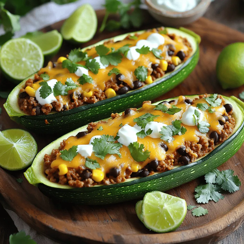When making taco stuffed zucchini boats, you'll need simple ingredients that pack a punch. Here’s what you need: - 4 medium zucchini - 1 tablespoon olive oil - 1 pound ground turkey or beef - 1 small onion, finely diced - 2 cloves garlic, minced - 1 cup canned black beans, rinsed and drained - 1 cup corn (frozen or fresh) - 1 packet taco seasoning - 1 cup diced tomatoes (fresh or canned) - 1 cup shredded cheese (cheddar or Mexican blend) - Fresh cilantro, chopped, for garnish - Sour cream or Greek yogurt, for serving (optional) - Lime wedges, for serving These ingredients work together to create a dish that is not only tasty but also low in carbs. The zucchini acts as a healthy base, while the taco filling adds a burst of flavor. You can find the full recipe at the end of this article. It shows you how to bring all these ingredients together into a meal that everyone will love. - Preheat the oven to 375°F (190°C). This ensures the zucchini cooks evenly. - Take each zucchini and cut them in half lengthwise. Use a spoon to scoop out the center, making a boat shape. Keep the flesh you scoop out for later. - In a large skillet, heat the olive oil over medium heat. Add the diced onion and minced garlic. Sauté for about 3-4 minutes until the onion is soft and smells good. - Next, add the ground turkey or beef to the skillet. Break it apart with a spatula while it cooks. Cook for around 5-7 minutes until it’s nicely browned. - Stir in the reserved zucchini flesh, black beans, corn, taco seasoning, and diced tomatoes. Cook this mixture for another 5 minutes. Make sure everything is warm and mixed well. - Now, take the hollowed zucchini boats and place them in a baking dish. Fill each boat with the taco meat mixture, packing it in for a hearty meal. - Sprinkle the remaining shredded cheese on top of each boat for a cheesy finish. - Cover the baking dish with aluminum foil and bake in the oven for 25 minutes. After that, remove the foil and bake for another 10-15 minutes. The zucchini should be soft, and the cheese should be bubbling and golden. - Once done, take the zucchini boats out of the oven and let them cool for a few minutes. Before serving, add freshly chopped cilantro for extra flavor. For the full recipe, refer to the complete instructions provided. To keep your zucchinis tender but not mushy, choose medium-sized ones. Larger zucchinis can hold too much water. Cut them in half lengthwise and scoop out some flesh, but leave enough to keep them sturdy. Bake at 375°F (190°C) for the best texture. For perfectly melted cheese, use shredded cheese rather than slices. Layer the cheese on top of the filling before baking. Remove the foil during the last baking phase to let the cheese brown. This step adds flavor and texture. To enhance your meal, serve with sour cream or Greek yogurt. Lime wedges add a zesty touch. You can also pair these boats with a fresh salad or tortilla chips for crunch. For a stylish presentation, place the zucchini boats on a wooden platter. Drizzle with sour cream and sprinkle with cilantro right before serving. This makes for a colorful, eye-catching dish that impresses guests. For a vegetarian option, use beans and lentils in place of meat. You can also add extra veggies to the filling for more flavor and texture. If you need a dairy-free version, skip the cheese or use vegan cheese alternatives. Coconut yogurt can replace sour cream. These small changes keep the dish delicious while meeting your dietary needs. For the full recipe, check out Taco Stuffed Zucchini Boats. {{image_4}} You can easily switch up the protein in your taco stuffed zucchini boats. If you want a lighter option, try using chicken. Ground chicken is a great choice. It cooks quickly and takes on flavors well. If you prefer a meatless dish, use beans instead. Black beans or pinto beans work nicely. They add protein and fiber while keeping it hearty. To kick up the heat, add spicy elements. Jalapeños bring a nice zing, while cayenne pepper adds a bold flavor. If you enjoy the crunch, toss in some chopped bell peppers or corn. You can also add diced onions or mushrooms for extra texture and taste. Mixing in these veggies makes each bite more exciting! You can give your zucchini boats an international flair. For a Mexican touch, top with guacamole or pico de gallo. The creaminess of avocado balances the spices. If you want a Mediterranean twist, sprinkle some feta and add olives. This mix creates a fresh and tangy flavor that pairs well with the zucchini. These variations let you explore new tastes and keep your meals fun! For the full recipe, check out [Full Recipe]. To store leftover taco stuffed zucchini boats, let them cool first. Place them in an airtight container. They will stay fresh for up to four days in the fridge. The zucchini should remain firm, and the filling will hold its flavor well. To freeze the zucchini boats, wrap them tightly in plastic wrap. Then, place them in a freezer-safe bag. They can last up to three months in the freezer. When ready to eat, thaw overnight in the fridge. Reheat in the oven at 350°F (175°C) until heated through. This helps keep the flavor and texture intact. You can prepare the filling in advance. Cook the meat and mix in the other ingredients. Store this mixture in the fridge for up to three days. When you're ready to eat, simply fill the zucchini and bake. Aim for one boat per serving for easy meal planning. This helps save time and makes healthy eating simple. For more ideas, check the Full Recipe for variations. Can I use different types of meat for the filling? Yes, you can use any ground meat you like. Ground chicken, pork, or even plant-based meat work well. Each meat brings its own flavor, so feel free to experiment! How do I make taco stuffed zucchini boats vegan? To make this dish vegan, swap meat for lentils or black beans. Use vegan cheese or skip it entirely. You can add more veggies for texture and flavor. Can I prepare the filling in advance? Absolutely! You can cook the filling a day ahead. Store it in the fridge. Just reheat it before stuffing the zucchini. What can I do with leftover zucchini flesh? You can add the leftover zucchini flesh to soups, stir-fries, or salads. It’s great for adding nutrients and flavor. How do I know when the zucchini is done baking? The zucchini is done when it feels tender when pierced with a fork. The cheese on top should be bubbling and golden. What is the best way to cut zucchini for stuffing? Cut the zucchini in half lengthwise. Use a spoon to scoop out the center flesh. This creates a nice boat shape for filling. What are some good side dishes to serve with this recipe? Serve with a fresh salad, guacamole, or corn tortillas. Rice or quinoa also pairs nicely for a full meal. How can I spice up my taco stuffed zucchini boats further? Add jalapeños for heat or top with salsa. Fresh herbs like cilantro or a squeeze of lime can enhance the flavor too. For the full recipe, visit the provided link and enjoy your cooking adventure! This blog post shared a simple recipe for taco stuffed zucchini boats. I covered the ingredients, step-by-step cooking instructions, and tips for tasty results. You can adapt this dish for various diets and enjoy fun flavors. These stuffed zucchini boats are easy to make and full of nutrition. With a few simple swaps and creative touches, your meal can please everyone at the table. Now, it's your turn to cook and impress!