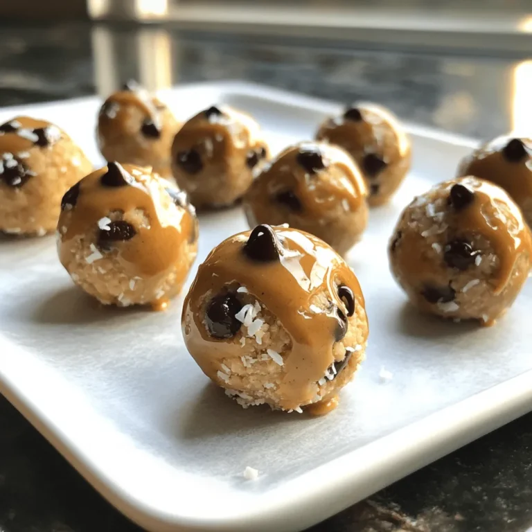 To make these No Bake Cookie Dough Bites, you need simple and tasty ingredients. Here’s what you will need: - 1 cup almond flour - 1/2 cup creamy peanut butter (or your preferred nut/seed butter) - 1/4 cup pure maple syrup - 1 teaspoon vanilla extract - 1/4 teaspoon fine sea salt - 1/2 cup semi-sweet dark chocolate chips - 1/4 cup unsweetened shredded coconut (optional) Each ingredient plays a key role in the flavor and texture. Almond flour gives a nice nutty base. Peanut butter adds creaminess and protein. Maple syrup sweetens the bites naturally. Vanilla extract brings warmth, while sea salt enhances all the flavors. Dark chocolate chips add rich sweetness, and the coconut gives a fun chewiness. Feel free to swap any ingredients to fit your taste or dietary needs. For example, use sunflower seed butter if you're allergic to nuts. Enjoy the process of making these delightful bites! Check out the Full Recipe for more detailed steps. Mixing the Base Ingredients Start by gathering your ingredients. In a medium bowl, mix together the almond flour, creamy peanut butter, maple syrup, vanilla extract, and sea salt. Use a spatula or wooden spoon to stir them well. Keep mixing until the mixture is smooth and creamy. This step is key for great texture. Folding in Chocolate Chips and Coconut Next, add the semi-sweet dark chocolate chips. If you like, you can also include the unsweetened shredded coconut. Gently fold these ingredients into the dough. Make sure they are evenly spread throughout the mixture. This adds a nice crunch and sweetness to your bites. Rolling Technique Now it's time to shape your cookie dough bites. Take small portions of the mixture and roll them into balls. Each ball should be about 1 inch wide. If the dough sticks to your hands, slightly dampen them. This makes rolling easier and cleaner. Placement on Baking Sheet After rolling, place the bites on a parchment-lined baking sheet. Make sure to space them out. This prevents them from sticking together as they chill. You can also use a plate if you prefer. Recommended Chill Time Put the baking sheet or plate in the fridge. Let the bites chill for at least 30 minutes. This helps them firm up and hold their shape. Chilling is crucial for the best texture and flavor. Final Serving Tips Once chilled, serve your Cookie Dough Bliss Bites straight from the fridge. They make a perfect snack or dessert. For a fun touch, you can sprinkle a few extra chocolate chips or coconut on top before serving. Enjoy every blissful bite! - Ensuring Smooth Mixture To get a smooth mixture, mix the almond flour and peanut butter well. I like using a spatula. This helps blend everything nicely. Make sure there are no lumps left. If it feels too dry, add a bit more maple syrup. - Avoiding Sticking When Rolling Sometimes the dough sticks to your hands. To avoid this, wet your hands slightly. This helps in rolling the bites without any mess. If it still sticks, try chilling the mixture a bit before rolling. - Sprinkle Suggestions You can sprinkle a few dark chocolate chips on top. It adds a nice touch. Another idea is to sprinkle some shredded coconut. This gives a lovely look and extra flavor. - Variation Ideas Want to change it up? You can mix in chopped nuts or dried fruit. Try adding a bit of cinnamon or a dash of sea salt for a surprise twist. - Measurement Errors Be careful with your measurements. Too much almond flour can make the mixture dry. Use measuring cups to ensure you get it right. - Not Chilling Long Enough Don’t skip the chill time. Chilling for at least 30 minutes helps the bites firm up. If you eat them too soon, they might fall apart. Enjoy the wait; it’s worth it! {{image_4}} You can make your cookie dough bites even more fun! Adding nuts or seeds gives a nice crunch. Try adding chopped walnuts, almonds, or even sunflower seeds. They add flavor and texture. You can also infuse the bites with extracts. Vanilla is classic, but almond extract works well too. A few drops of mint extract bring a fresh twist. Just remember to use them sparingly to avoid overpowering the taste. If you need gluten-free options, almond flour is already a great choice. You can also use oat flour or a gluten-free blend. These keep the bites soft and tasty without gluten. For vegan substitutes, swap the honey for maple syrup. Use nut or seed butter that fits your diet. This makes the bites vegan-friendly while still delicious. Dried fruits add extra sweetness. Try raisins, cranberries, or chopped apricots. They bring a chewy texture that pairs well with the cookie dough. Spices can elevate the flavor too. A pinch of cinnamon or nutmeg adds warmth. You can also try adding cocoa powder for a chocolatey twist. Get creative and mix flavors you love! - Recommended Containers: Use airtight containers for the best results. Glass or plastic containers work well. - Refrigeration and Freezing Tips: Keep the cookie dough bites in the fridge for short-term storage. For longer storage, freeze them. Just separate layers with parchment paper. - How Long They Last in the Fridge: In the fridge, these delights stay fresh for about one week. Check for any signs of spoilage before eating. - Guidelines for Freezing: When frozen, they can last up to three months. Be sure to wrap them tightly to avoid freezer burn. - Best Ways to Serve After Storage: No reheating needed! Enjoy them cold right from the fridge. For a warm treat, pop them in the microwave for a few seconds. Enjoy these bites as they are or with a dip of your choice! To make No Bake Cookie Dough Bites, follow these simple steps: 1. Mix the Base: In a bowl, combine almond flour, creamy peanut butter, maple syrup, vanilla extract, and sea salt. Stir until smooth. 2. Add Extras: Gently fold in dark chocolate chips and shredded coconut if you like. Mix well. 3. Shape the Bites: Take small amounts of the mix and roll them into 1-inch balls. 4. Chill: Place the bites on a parchment-lined sheet and chill for 30 minutes. 5. Serve: Enjoy these tasty bites straight from the fridge. For the full recipe, check the detailed instructions above. Yes, you can use other nut butters! Almond butter, cashew butter, or sunflower seed butter work great. Each butter gives a unique taste. Just make sure it is creamy for the best texture. If you want a nut-free option, choose sunflower seed butter. These bites have some health benefits. They contain almond flour, which is low in carbs and high in healthy fats. Peanut butter adds protein and fiber. The dark chocolate chips also have antioxidants. However, they are still a treat, so enjoy in moderation. You can pair these bites with many things! Try serving them with fresh fruit like strawberries or bananas. A glass of milk or a plant-based milk also complements these bites well. For a fun touch, add them to a dessert platter with other sweet treats. You learned how to make tasty No Bake Cookie Dough Bites. We covered all the ingredients and steps. I shared tips for best results and ways to customize your bites. You can make these treats fit your diet, too. Remember to store them right for lasting freshness. Enjoy crafting your bites and sharing them with friends! Happy snacking!
