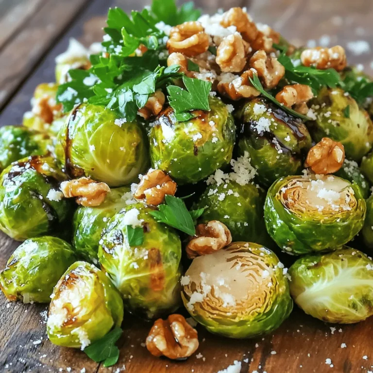 - 1 lb Brussels sprouts, trimmed and halved - 3 tablespoons balsamic vinegar - 2 tablespoons extra virgin olive oil - 1 tablespoon honey (or maple syrup for a vegan option) - 3 cloves garlic, finely minced - 1/4 cup crushed walnuts (for added texture) - 1/4 cup grated Parmesan cheese (for a savory finish) - Fresh parsley for garnish - Salt and freshly cracked black pepper, to taste I love using fresh Brussels sprouts for this dish. They become sweet and crispy when roasted. For the main ingredients, you need Brussels sprouts, balsamic vinegar, olive oil, and honey. This mix gives depth and sweetness to the sprouts. If you want to enhance the flavor, consider adding garlic. It brings a nice kick. Crushed walnuts add crunch, while Parmesan provides a cheesy layer. Fresh parsley brightens the dish and makes it pretty on the plate. For seasoning, keep it simple. Salt and cracked black pepper bring out the natural taste. This recipe is flexible, so feel free to skip the optional ingredients if you prefer. For the full recipe, check out the detailed instructions. Start by trimming the Brussels sprouts. Cut off the tough ends and remove any yellow leaves. Then, cut each sprout in half. This helps them cook evenly and become crispy. Next, mix the marinade ingredients. In a large bowl, add the halved Brussels sprouts. Pour in 3 tablespoons of balsamic vinegar and 2 tablespoons of extra virgin olive oil. Add 1 tablespoon of honey or maple syrup for sweetness. Finely mince 3 cloves of garlic and add them to the bowl. Season with salt and freshly cracked black pepper. Toss everything together until the sprouts are well-coated. Preheat your oven to 400°F (200°C). This high heat will give your Brussels sprouts a nice caramelization. Prepare a baking sheet by lining it with parchment paper. This makes cleanup easy and helps prevent sticking. Spread the Brussels sprouts on the baking sheet in a single layer. Make sure they are spaced out; this allows hot air to circulate around each sprout for even roasting. Bake the sprouts in the oven for 20-25 minutes. Halfway through, stir the sprouts to ensure they roast evenly. This step is key for achieving that perfect crispy texture. If using crushed walnuts, sprinkle them over the Brussels sprouts during the last 5 minutes of roasting. This adds a delightful crunch. Once the sprouts are golden-brown and crispy, take them out of the oven. Transfer them to a serving dish while warm. If desired, sprinkle 1/4 cup of grated Parmesan cheese over the sprouts for a savory finish. Finally, garnish with finely chopped fresh parsley. This adds a pop of color and freshness. Serve your balsamic roasted Brussels sprouts warm and enjoy! For the full recipe, check out the details above. To get the best texture, spacing is key. Place Brussels sprouts in a single layer on the baking sheet. This allows hot air to flow around each piece, giving you that nice, crispy finish. If they are too close, they will steam instead of roast. Roasting times can vary based on your oven type. Most home ovens work well at 400°F for 20-25 minutes. If your oven runs hot or cold, check your sprouts at the 15-minute mark. Remember, you want a golden-brown color on the outside. Spices and herbs can elevate your dish. Try adding a pinch of red pepper flakes for heat or thyme for a fresh taste. These small additions make a big difference. For balsamic glaze variations, consider mixing in maple syrup or a splash of orange juice. These tweaks add new layers of flavor and keep the dish exciting. To serve beautifully, use a decorative platter. Arrange the Brussels sprouts in a circle, and drizzle with extra balsamic glaze. This will catch the eye and make the dish pop. Garnishes help too. Sprinkle fresh parsley on top for a splash of color. You can also add lemon zest for a bright finish. These little touches make your dish look and taste gourmet. For a full recipe, check out the instructions above. Enjoy your cooking! {{image_4}} For a vegan twist on Balsamic Roasted Brussels Sprouts, swap honey for maple syrup. This keeps the dish sweet without using animal products. You can also use plant-based cheese instead of Parmesan. Look for brands that melt well and add a cheesy flavor. Want to jazz up your Brussels sprouts? Add crispy bacon or dried cranberries for a fun mix of flavors. You can also try using different vinegars, like apple cider or red wine vinegar, for a unique taste. Changing the oil can also make a difference. Try using avocado oil for a rich, buttery flavor. You can cook Brussels sprouts in various ways. Air frying gives them a nice crunch and saves time. Just set the air fryer to 375°F and cook for about 15 minutes. For stovetop sautéing, heat olive oil in a pan. Add the Brussels sprouts and cook for 10-15 minutes until they are tender and golden. Don't forget to check the [Full Recipe] for more details! To keep your Balsamic Roasted Brussel Sprouts fresh, store them in an airtight container. Place them in the fridge right after they cool down. They will stay fresh for about 3 to 5 days. Make sure to check for any signs of spoilage before eating. When you want to enjoy your leftovers, the best method is to use the oven. Preheat your oven to 350°F (175°C). Spread the Brussels sprouts on a baking sheet and bake for about 10 to 15 minutes. This helps them regain their crispiness. You can also use a skillet over medium heat, stirring often until hot. Yes, you can freeze Balsamic Roasted Brussel Sprouts! To freeze, let them cool completely. Then, place them in a freezer-safe bag or container. They can last up to 3 months in the freezer. When ready to eat, thaw them in the fridge overnight. Reheat them in the oven to keep them crispy. Enjoy the delicious flavors even after freezing! To make Balsamic Roasted Brussel Sprouts, you first gather your ingredients. You need Brussels sprouts, balsamic vinegar, olive oil, honey, garlic, salt, and pepper. You can also add walnuts and Parmesan if you like. Start by preheating your oven to 400°F (200°C). Next, trim and halve the Brussels sprouts. In a bowl, mix them with olive oil, balsamic vinegar, honey, minced garlic, salt, and pepper. Make sure each sprout gets coated well. Then, spread them on a baking sheet. Roast for 20-25 minutes, stirring halfway. This helps them cook evenly. If using walnuts, add them five minutes before the end. Once roasted, garnish with Parmesan and parsley. For the full recipe, check the section above. Yes, you can use frozen Brussels sprouts. They save time and are easy to find. However, there are pros and cons. Pros: - Convenient and quick to prepare. - Have a long shelf life. Cons: - May not get as crispy as fresh ones. - Can have a more watery texture after cooking. If using frozen sprouts, make sure to thaw and drain them first. This helps reduce excess moisture. Balsamic Roasted Brussel Sprouts pair well with many dishes. Here are some great options: - Grilled chicken or fish for a healthy meal. - Quinoa or rice for a filling side. - A fresh salad for a light touch. - Pasta dishes for a comforting combo. You can also serve them with roasted meats or as part of a vegetable platter. If you want to make more Balsamic Roasted Brussel Sprouts, it's easy to adjust. Here are some tips: - Simply double or triple the ingredients. - Use multiple baking sheets if needed. - Space the sprouts out well to ensure even roasting. Keep the cooking time the same, but check for doneness. You want them crispy and caramelized. Balsamic roasted Brussels sprouts combine simple ingredients for a tasty dish. We discussed key ingredients and helpful tips for perfect roasting. Remember, spacing and timing matter for crispy results. You can also change flavors or cooking methods for variety. Don't forget to store leftovers properly for later enjoyment. Now it's time to get cooking and enjoy this dish that fits any table! A little effort brings great taste.