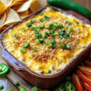 To make a rich and creamy Jalapeño Popper Dip, you'll need: - 8 oz cream cheese, softened to room temperature - 1 cup sour cream for creaminess - 1 cup shredded sharp cheddar cheese for a rich flavor - 1/2 cup diced jalapeños (use fresh for a kick or pickled for a tangy twist) - 1/2 cup diced green onions for a fresh crunch - 1 tsp garlic powder to enhance the flavor - 1/2 tsp smoked paprika for a subtle smokiness - Salt and pepper to taste - 1/2 cup breadcrumbs for an irresistible topping - 2 tbsp olive oil to bind the breadcrumbs If you want to switch things up, here are some ideas: - Swap cream cheese for Greek yogurt for a lighter dip. - Use any cheese you like, such as Monterey Jack or pepper jack, for different flavors. - Instead of jalapeños, you can try banana peppers for less heat. - Green onions can be replaced with chives if you want a milder taste. Choosing the right jalapeños makes a big difference: - Look for smooth, shiny skin. Avoid any with wrinkles or dark spots. - Choose peppers that feel firm and heavy for their size. - For more heat, pick smaller peppers; larger ones tend to be milder. - Smell them! Fresh jalapeños have a bright, spicy aroma. This rich and creamy dip is a delight for gatherings. For a full recipe, check out the details above! Start by preheating your oven to 350°F (175°C). This step ensures the dip bakes evenly. Gather all your ingredients to save time. You need: - 8 oz cream cheese, softened to room temperature - 1 cup sour cream - 1 cup shredded sharp cheddar cheese - 1/2 cup diced jalapeños - 1/2 cup diced green onions - 1 tsp garlic powder - 1/2 tsp smoked paprika - Salt and pepper - 1/2 cup breadcrumbs - 2 tbsp olive oil In a large bowl, mix the softened cream cheese and sour cream. Use a spatula or mixer for a smooth blend. Next, add the shredded cheddar, diced jalapeños, and green onions. Sprinkle in the garlic powder and smoked paprika. Season with salt and pepper. Stir until all ingredients are well combined and creamy. This mixture is the heart of your dip. Spoon the creamy mixture into a medium baking dish. Spread it evenly to ensure even cooking. In a small bowl, mix the breadcrumbs with olive oil. Stir until the breadcrumbs are moist. Sprinkle this mixture over the dip for a crunchy top. Place the dish in the preheated oven. Bake for 25 to 30 minutes. Watch for bubbly edges and a golden crust. Once baked, let it cool for 5 minutes before serving. Enjoy your rich and creamy Jalapeño Popper Dip! For the full recipe, check the earlier section. To make your jalapeño popper dip just right, adjust the heat. Use fresh jalapeños for a strong kick. If you prefer less heat, use pickled jalapeños instead. You can also remove the seeds and veins for milder flavor. For an even spicier dip, add some cayenne pepper or diced habaneros. Taste as you go to find your perfect balance. For the perfect creamy texture, start with softened cream cheese. This helps it blend smoothly. Use full-fat sour cream for extra richness. Mixing in shredded cheddar cheese adds flavor and creaminess. If you want a lighter dip, consider Greek yogurt instead of sour cream. Just remember to blend everything well for a smooth finish. When serving your dip, presentation matters. Use a nice baking dish to show it off. Offer a variety of dippers like crispy tortilla chips, sliced veggies, or buttery crackers. For an eye-catching touch, sprinkle extra green onions on top. You can even garnish with slices of fresh jalapeño. This makes your dip look as good as it tastes. For the full recipe, check the section above. {{image_4}} You can easily make this dip vegetarian. Simply swap out the cream cheese for a plant-based version. Many brands offer great alternatives that taste just as creamy. You can also use nutritional yeast instead of cheese. It adds a cheesy flavor without animal products. This way, everyone can enjoy a rich and creamy treat! To make your dip even better, try adding different flavors. You can toss in some cooked bacon for a smoky touch. If you love a bit of sweetness, add corn or diced bell peppers. Chopped herbs like cilantro or parsley can also brighten the taste. Mix and match to find your favorite combo! You don't have to bake this dip! A slow cooker works well, too. Just mix all the ingredients and set it on low for about 2 hours. Stir occasionally for even cooking. An air fryer is another great option. Cook it at 350°F for around 15-20 minutes. This gives you a nice crispy top without the oven! For the full recipe, check out the details above. Enjoy exploring these tasty variations! After enjoying your dip, store the leftovers in an airtight container. This keeps the dip fresh. Make sure it cools down first. You can place it in the fridge. It will stay good for about three to four days. When you're ready to enjoy the dip again, reheating is easy. You can use the oven or microwave. For the oven, preheat it to 350°F (175°C). Place the dip in a baking dish and heat for about 15 to 20 minutes. Stir halfway for even warmth. If using a microwave, heat in short bursts of 30 seconds. Stir in between until it's hot. Want to save some for later? You can freeze the dip! First, let it cool completely. Then, transfer it to a freezer-safe container. Make sure to leave some space, as it may expand. It can freeze well for up to three months. When ready to eat, let it thaw in the fridge overnight. Reheat as mentioned before. Enjoy a rich and creamy treat any time! Yes, you can. Prepare the dip the day before. Mix all the ingredients and place it in the baking dish. Cover it tightly with plastic wrap and store it in the fridge. When you’re ready to bake, just remove the wrap and pop it in the oven. It’s that easy! This method helps all the flavors blend nicely too. You have many great options for dippers! Here are some ideas: - Tortilla chips for crunch - Sliced bell peppers for freshness - Pita chips for a nice bite - Soft bread for a creamy scoop - Crackers for added texture These choices bring different flavors and textures, making your dip even more fun to enjoy. To adjust the spice, you have a few options. If you want it milder, use fewer jalapeños. You can also remove the seeds and membranes from the jalapeños, where most heat lives. For more heat, add extra jalapeños or a dash of hot sauce. Taste the mix before baking to find your perfect heat level. This blog post covered how to make a tasty Jalapeño Popper Dip. We explored the best ingredients and their substitutes. I shared tips for selecting fresh jalapeños and prepping your oven. You learned step-by-step instructions for mixing and baking the dip to perfection. We also looked at ways to customize heat levels and achieve the best creaminess. Plus, I offered options for vegetarian diets and different cooking methods. Finally, I provided storage tips to keep leftovers fresh. Enjoy making this dip, and impress your guests with your skills!