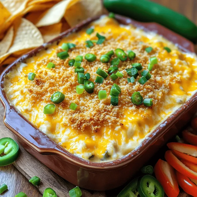 To make a rich and creamy Jalapeño Popper Dip, you'll need: - 8 oz cream cheese, softened to room temperature - 1 cup sour cream for creaminess - 1 cup shredded sharp cheddar cheese for a rich flavor - 1/2 cup diced jalapeños (use fresh for a kick or pickled for a tangy twist) - 1/2 cup diced green onions for a fresh crunch - 1 tsp garlic powder to enhance the flavor - 1/2 tsp smoked paprika for a subtle smokiness - Salt and pepper to taste - 1/2 cup breadcrumbs for an irresistible topping - 2 tbsp olive oil to bind the breadcrumbs If you want to switch things up, here are some ideas: - Swap cream cheese for Greek yogurt for a lighter dip. - Use any cheese you like, such as Monterey Jack or pepper jack, for different flavors. - Instead of jalapeños, you can try banana peppers for less heat. - Green onions can be replaced with chives if you want a milder taste. Choosing the right jalapeños makes a big difference: - Look for smooth, shiny skin. Avoid any with wrinkles or dark spots. - Choose peppers that feel firm and heavy for their size. - For more heat, pick smaller peppers; larger ones tend to be milder. - Smell them! Fresh jalapeños have a bright, spicy aroma. This rich and creamy dip is a delight for gatherings. For a full recipe, check out the details above! Start by preheating your oven to 350°F (175°C). This step ensures the dip bakes evenly. Gather all your ingredients to save time. You need: - 8 oz cream cheese, softened to room temperature - 1 cup sour cream - 1 cup shredded sharp cheddar cheese - 1/2 cup diced jalapeños - 1/2 cup diced green onions - 1 tsp garlic powder - 1/2 tsp smoked paprika - Salt and pepper - 1/2 cup breadcrumbs - 2 tbsp olive oil In a large bowl, mix the softened cream cheese and sour cream. Use a spatula or mixer for a smooth blend. Next, add the shredded cheddar, diced jalapeños, and green onions. Sprinkle in the garlic powder and smoked paprika. Season with salt and pepper. Stir until all ingredients are well combined and creamy. This mixture is the heart of your dip. Spoon the creamy mixture into a medium baking dish. Spread it evenly to ensure even cooking. In a small bowl, mix the breadcrumbs with olive oil. Stir until the breadcrumbs are moist. Sprinkle this mixture over the dip for a crunchy top. Place the dish in the preheated oven. Bake for 25 to 30 minutes. Watch for bubbly edges and a golden crust. Once baked, let it cool for 5 minutes before serving. Enjoy your rich and creamy Jalapeño Popper Dip! For the full recipe, check the earlier section. To make your jalapeño popper dip just right, adjust the heat. Use fresh jalapeños for a strong kick. If you prefer less heat, use pickled jalapeños instead. You can also remove the seeds and veins for milder flavor. For an even spicier dip, add some cayenne pepper or diced habaneros. Taste as you go to find your perfect balance. For the perfect creamy texture, start with softened cream cheese. This helps it blend smoothly. Use full-fat sour cream for extra richness. Mixing in shredded cheddar cheese adds flavor and creaminess. If you want a lighter dip, consider Greek yogurt instead of sour cream. Just remember to blend everything well for a smooth finish. When serving your dip, presentation matters. Use a nice baking dish to show it off. Offer a variety of dippers like crispy tortilla chips, sliced veggies, or buttery crackers. For an eye-catching touch, sprinkle extra green onions on top. You can even garnish with slices of fresh jalapeño. This makes your dip look as good as it tastes. For the full recipe, check the section above. {{image_4}} You can easily make this dip vegetarian. Simply swap out the cream cheese for a plant-based version. Many brands offer great alternatives that taste just as creamy. You can also use nutritional yeast instead of cheese. It adds a cheesy flavor without animal products. This way, everyone can enjoy a rich and creamy treat! To make your dip even better, try adding different flavors. You can toss in some cooked bacon for a smoky touch. If you love a bit of sweetness, add corn or diced bell peppers. Chopped herbs like cilantro or parsley can also brighten the taste. Mix and match to find your favorite combo! You don't have to bake this dip! A slow cooker works well, too. Just mix all the ingredients and set it on low for about 2 hours. Stir occasionally for even cooking. An air fryer is another great option. Cook it at 350°F for around 15-20 minutes. This gives you a nice crispy top without the oven! For the full recipe, check out the details above. Enjoy exploring these tasty variations! After enjoying your dip, store the leftovers in an airtight container. This keeps the dip fresh. Make sure it cools down first. You can place it in the fridge. It will stay good for about three to four days. When you're ready to enjoy the dip again, reheating is easy. You can use the oven or microwave. For the oven, preheat it to 350°F (175°C). Place the dip in a baking dish and heat for about 15 to 20 minutes. Stir halfway for even warmth. If using a microwave, heat in short bursts of 30 seconds. Stir in between until it's hot. Want to save some for later? You can freeze the dip! First, let it cool completely. Then, transfer it to a freezer-safe container. Make sure to leave some space, as it may expand. It can freeze well for up to three months. When ready to eat, let it thaw in the fridge overnight. Reheat as mentioned before. Enjoy a rich and creamy treat any time! Yes, you can. Prepare the dip the day before. Mix all the ingredients and place it in the baking dish. Cover it tightly with plastic wrap and store it in the fridge. When you’re ready to bake, just remove the wrap and pop it in the oven. It’s that easy! This method helps all the flavors blend nicely too. You have many great options for dippers! Here are some ideas: - Tortilla chips for crunch - Sliced bell peppers for freshness - Pita chips for a nice bite - Soft bread for a creamy scoop - Crackers for added texture These choices bring different flavors and textures, making your dip even more fun to enjoy. To adjust the spice, you have a few options. If you want it milder, use fewer jalapeños. You can also remove the seeds and membranes from the jalapeños, where most heat lives. For more heat, add extra jalapeños or a dash of hot sauce. Taste the mix before baking to find your perfect heat level. This blog post covered how to make a tasty Jalapeño Popper Dip. We explored the best ingredients and their substitutes. I shared tips for selecting fresh jalapeños and prepping your oven. You learned step-by-step instructions for mixing and baking the dip to perfection. We also looked at ways to customize heat levels and achieve the best creaminess. Plus, I offered options for vegetarian diets and different cooking methods. Finally, I provided storage tips to keep leftovers fresh. Enjoy making this dip, and impress your guests with your skills!