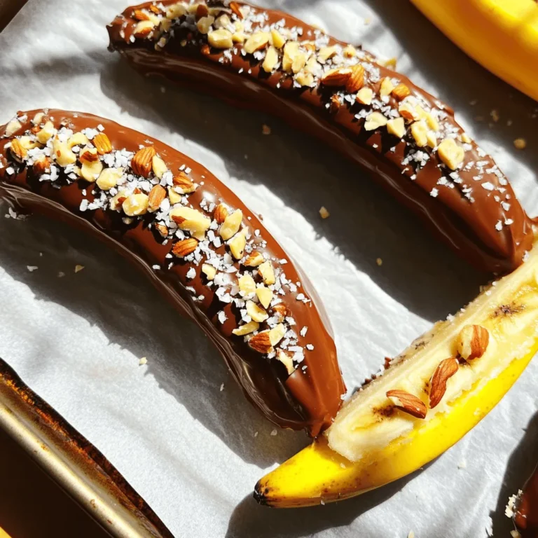 Here’s what you need to make chocolate dipped frozen bananas: - 4 ripe bananas - 1 cup semi-sweet chocolate chips - 1 tablespoon coconut oil - 1/4 cup crushed nuts (choose from almonds, peanuts, or hazelnuts) - 1/4 cup shredded coconut (optional) - Sea salt for sprinkling (optional) These ingredients are simple and easy to find. Start with ripe bananas, as they add sweetness. Semi-sweet chocolate chips give that rich chocolate flavor. Coconut oil helps the chocolate melt smoothly, making it easier to coat the bananas. If you want some crunch, crushed nuts work great. Shredded coconut adds a fun twist, while sea salt enhances the sweet taste. When you gather these ingredients, you prepare for a delightful treat. I love how each part adds to the overall flavor. The combination of chocolate and banana is a classic! For the full recipe, check out the complete guide to creating this tasty dessert. To start, peel each banana. Use ripe bananas for the best taste. Next, cut each banana in half. You can also slice them into rounds for smaller bites. After cutting, insert wooden sticks into the flat end of each banana half. This will help you dip them easily later. Now, line a baking sheet with wax paper. Place the banana pieces on the sheet, leaving space between them. This will stop them from sticking together. Put the baking sheet in the freezer for at least one hour. This step makes the bananas firm and ready for dipping. While the bananas freeze, it’s time to melt the chocolate. In a microwave-safe bowl, add 1 cup of semi-sweet chocolate chips and 1 tablespoon of coconut oil. Heat the bowl in the microwave in 30-second bursts. Stir after each interval until the mixture is smooth and melted. This method helps you avoid burning the chocolate. Once you have your chocolate ready, you can follow the Full Recipe for the next steps! To get the best chocolate coating, dip the banana quickly. Use a deep bowl for the chocolate. This allows the banana to be fully coated. Hold the banana by the stick and dip it straight down. Make sure to coat all sides. After dipping, let the excess chocolate drip back into the bowl. This helps to avoid clumps on your banana. If you find clumps, gently shake the banana to remove them before placing it on the baking sheet. Adding toppings makes your frozen bananas even better! You can sprinkle crushed nuts like almonds, peanuts, or hazelnuts over the chocolate. This gives a nice crunch. If you love coconut, use shredded coconut as a topping too. For a fun twist, sprinkle a bit of sea salt on top. The salt contrasts well with the sweet chocolate and banana. It adds a new layer of flavor that you will love! Chilling times are key. After dipping, place the bananas back in the freezer right away. Let them freeze for about 30 minutes. This sets the chocolate and makes it firm. For best results, ensure the bananas are fully frozen before dipping. This helps the chocolate stick better. If they are too soft, the coating may slide off when you dip them. {{image_4}} You can choose dark chocolate or milk chocolate for this treat. Dark chocolate gives a rich taste, while milk chocolate adds sweetness. You can also add flavors to your chocolate. Try mixing in mint extract or some orange zest. This will give your treats a fun twist. The fun doesn’t stop with chocolate! You can add toppings to make these bananas even better. Try colorful sprinkles for a party look. You can also use dried fruit for a chewy texture. When adding toppings, layer them well. This creates a mix of flavors and textures. Serving these treats is easy and fun! Place them on a platter for a party. Guests will love choosing their favorites. You can also pair them with dips or sauces. A scoop of peanut butter or chocolate sauce makes a great side. These ideas make your chocolate dipped bananas even more delightful. For the full recipe, check out Frozen Banana Bliss. To keep your chocolate dipped bananas fresh, store them in a single layer. Use an airtight container to prevent freezer burn. Wrap each banana in plastic wrap if you want extra protection. This method keeps them safe from strong odors in the freezer. When freezing, place the bananas on a baking sheet first. This helps them freeze evenly. After they freeze solid, transfer them to your container. To thaw, take them out and let them sit at room temperature for a few minutes. This helps keep their creamy texture. These treats will last up to two months in the freezer. Look for signs that they are spoiling, like ice crystals forming or a change in color. If you notice any odd smells, toss them out. Enjoy your frozen banana bliss, but always check for freshness! Yes, you can use other fruits! Strawberries, apple slices, and pineapple chunks taste great dipped in chocolate. You can also try using kiwi or peaches for a fun twist. Just make sure the fruit is sturdy enough to hold up when frozen. To make this recipe vegan, choose dairy-free chocolate chips. Look for brands that use plant-based ingredients. You can also swap coconut oil for any other plant-based oil. This way, you keep it tasty and vegan-friendly! Serve chocolate dipped bananas at parties or as a fun snack for kids. You can put them on a platter with colorful plates. They also work well for dessert after dinner. Drizzle some extra melted chocolate on top for a fancy touch. Yes, you can prepare these treats in advance! Freeze the bananas after dipping them in chocolate. Store them in a sealed container for up to two weeks. This way, you’ll have a sweet snack ready whenever you want. For the full recipe, check out the Frozen Banana Bliss section! This blog post covered how to make delicious chocolate-dipped bananas. We discussed every step, from picking ripe bananas to melting chocolate. I shared tips for perfect toppings and storage methods. You can create fun variations with different flavors and ingredients. Remember, you can enjoy these treats at any time. Whether at a party or just for fun, you will love them. Give this easy recipe a try and enjoy your tasty creations!