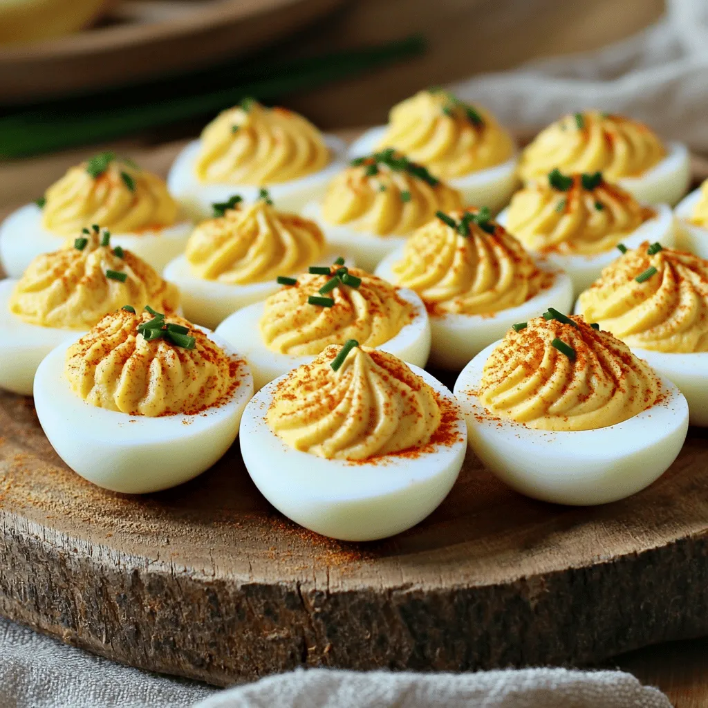 To make classic deviled eggs, gather these key ingredients: - 6 large eggs - 3 tablespoons mayonnaise - 1 teaspoon Dijon mustard - 1 teaspoon apple cider vinegar - Salt and freshly ground pepper to taste - 1/4 teaspoon smoked paprika (plus extra for garnishing) - Fresh chives or parsley, finely chopped for garnish These ingredients create the perfect balance of creaminess and flavor. You can enhance your deviled eggs with these fun extras: - Crumbled bacon for a smoky crunch - Sriracha or hot sauce for heat - Pickles or relish for a tangy bite - Capers for a briny touch Feel free to mix and match based on your taste! Don't have all the ingredients? No problem! Try these substitutions: - Greek yogurt instead of mayonnaise for a lighter option - Yellow mustard instead of Dijon for a classic flavor - White vinegar for apple cider vinegar in a pinch These swaps keep your deviled eggs delicious while using what you have on hand. For the full recipe, check out the detailed instructions above. Start by placing the eggs in a pot. Fill the pot with cold water. Make sure the eggs are fully covered. Turn the heat to medium-high. Bring the water to a brisk boil. Once it boils, cover the pot with a lid. Remove it from the heat. Let the eggs sit for exactly 12 minutes. This method gives you a perfect yolk. After the eggs cool, cut each egg in half lengthwise. Gently scoop the yolks into a bowl. Add mayonnaise, Dijon mustard, apple cider vinegar, and a pinch of salt. Add freshly cracked pepper and smoked paprika too. Mash the mixture with a fork until smooth. Make sure all the ingredients blend well. Take a spoon or a piping bag to fill the egg whites. Be generous with the yolk mixture. Create a lovely mound in each half. Dust with extra smoked paprika for color. Finally, sprinkle chopped chives or parsley on top for freshness. These steps make your deviled eggs look beautiful and tasty! To get perfectly boiled eggs, start with cold water. Place your eggs in a pot and cover them fully with cold water. Heat the pot on medium-high until the water boils. Once it boils, cover the pot with a lid and turn off the heat. Let the eggs sit for exactly 12 minutes. This method prevents gray rings around the yolk and keeps the yolks creamy. Peeling eggs can be tricky. To make it easier, cool the eggs in ice water for about 5 minutes after boiling. This helps separate the shell from the egg. When you peel the eggs, do it under running water. The water helps remove the shell without damaging the egg whites. Gently pat them dry after peeling. Deviled eggs are fun to serve in many ways. You can arrange them on a colorful plate for a nice display. For extra flair, sprinkle them with smoked paprika and fresh herbs like chives or parsley. You can also pair them with cherry tomatoes or olives for a vibrant touch. Try serving them at your next party or family gathering; they always impress! For the complete recipe, check out the Full Recipe section. {{image_4}} To make spicy deviled eggs, add a kick of heat. Mix in 1 teaspoon of hot sauce to the yolk mixture. You can also add chopped jalapeños or diced pepper for extra spice. This variation is perfect for those who love bold flavors. The heat pairs well with the creaminess of the filling. Avocado deviled eggs are a creamy twist on the classic. Replace half the mayonnaise with ripe avocado. This adds a rich flavor and a lovely green color. You can also add lime juice for a zesty touch. This version is fresh and great for a health-conscious crowd. For a savory and smoky flavor, try bacon and chive deviled eggs. Crumble crispy bacon into the yolk mixture and stir in chopped chives. The bacon adds a nice crunch, while chives bring freshness. This variation is always a hit at parties and gatherings. These tasty variations keep classic deviled eggs fun and exciting. Check out the Full Recipe for the base preparation before diving into these fun twists! Store leftover deviled eggs in an airtight container. Place a piece of plastic wrap directly on the eggs before sealing the lid. This step helps keep moisture in and stops them from drying out. Leftover eggs stay fresh for up to two days in the fridge. Always keep deviled eggs cold. They should sit in the fridge until you are ready to serve them. If you need to take them to a party, use an insulated container. Place ice packs underneath to help maintain a cool temperature. Avoid leaving them out for more than two hours at room temperature. Deviled eggs are best served cold and do not need reheating. If you made a deviled egg dish that requires heating, like a casserole, preheat your oven to 350°F (175°C). Bake it uncovered until heated through, about 15-20 minutes. Check to make sure the filling is warm, but avoid overcooking, as this can affect flavor and texture. For more details, refer to the Full Recipe. Yes, you can make deviled eggs ahead of time. They stay fresh in the fridge for up to two days. Just prepare the filling and store it in a sealed container. Keep the egg whites separate. When you're ready to serve, fill the whites with the yolk mix. This keeps the eggs looking nice and fresh. To know if your eggs are perfectly cooked, use the method I shared in the recipe. Boil the eggs for 12 minutes, then cool them in ice water. This timing gives you a firm yolk and creamy texture. Overcooked eggs can become dry and crumbly, which you want to avoid. To transport deviled eggs, use a special egg carrier or a sturdy container. If you don't have either, use a flat dish. Place a damp paper towel on the bottom to keep the eggs from sliding. Cover them with plastic wrap to keep them fresh. This way, your tasty treat arrives at the party intact! We covered the essential ingredients, cooking steps, and helpful tips for making deviled eggs. I shared fun variations to try and how to store leftovers. Remember, every cook can make these tasty bites their own. Don't be afraid to experiment with flavors. With these tips, your deviled eggs will impress everyone. Enjoy your cooking and have fun creating new recipes!