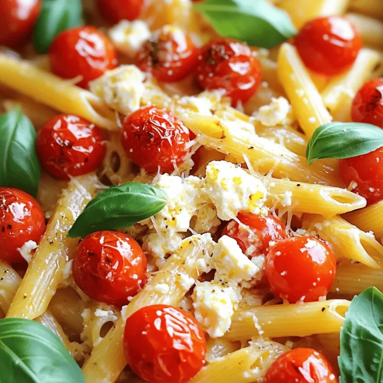 - 200g pasta (choose either penne or fusilli for best texture) - 1 block (200g) of creamy feta cheese - 2 cups cherry tomatoes, halved for sweetness and burst - 1/4 cup extra-virgin olive oil for richness - 4 cloves of garlic, minced finely for flavor - 1 teaspoon dried oregano for herbal notes - 1/2 teaspoon red pepper flakes (optional, for heat) - Salt and black pepper, to enhance flavors - Fresh basil leaves, for a fragrant garnish - Grated Parmesan cheese, for serving (optional, for extra flavor) When I think about baked feta pasta, I feel excited. It combines simple ingredients that create a tasty dish. You can choose pasta shapes that work best for you. Penne and fusilli hold the sauce well, making each bite delightful. The hero of this dish is creamy feta cheese. It melts beautifully and adds a rich flavor. The cherry tomatoes burst during baking, giving sweetness and a juicy texture. This dish is also very easy to make. You just mix everything in a baking dish and let the oven do its magic. I love to drizzle extra-virgin olive oil. It adds depth and richness. Garlic brings a warm aroma. Dried oregano adds herbal notes that make the dish shine. If you want a little kick, add red pepper flakes. They bring a nice heat without overwhelming the flavors. Don’t forget to season with salt and black pepper. It really enhances all the flavors. For garnishes, fresh basil leaves add color and aroma. Grated Parmesan cheese can make it even better. It adds a salty, creamy touch that many enjoy. For the full recipe, check out the details above. Enjoy this simple and flavorful dish at your next meal! - Preheat the oven to 400°F (200°C). - In a large baking dish, combine 2 cups of halved cherry tomatoes and 4 cloves of minced garlic. This mix will create a fresh and fragrant base for the dish. - Drizzle 1/4 cup of extra-virgin olive oil over the tomatoes and garlic. - Add 1 teaspoon of dried oregano, 1/2 teaspoon of red pepper flakes (if you like heat), and a pinch of salt and black pepper. - Nestle 1 block (200g) of creamy feta cheese right in the middle of the dish. The cheese will soak up the flavors as it bakes. - Bake for 25-30 minutes. You'll know it's done when the tomatoes burst and the feta turns golden. - While the feta and tomatoes bake, boil a large pot of salted water. Add 200g of pasta (penne or fusilli work best) and cook until al dente. Drain the pasta and set it aside. By following these steps, you're on your way to a delicious meal that is both simple and flavorful. For the full recipe, check out the details above. - Choose the right pasta shape: I recommend using penne or fusilli. These shapes hold the sauce well. Their ridges catch the creamy feta and tomatoes, making each bite flavorful. - Perfectly cooking pasta to al dente: Cook your pasta just until firm. This keeps it from becoming mushy. Follow the package instructions, but check a minute early. You want a slight bite to it. - Tips for adjusting seasoning: Taste your dish as you mix it. If it needs more flavor, add salt or black pepper. A little extra red pepper can add a nice kick, too. - Adding extra ingredients for richness: Consider adding olives or spinach. They will deepen the flavor. You could also add a splash of lemon juice for brightness. - Ideas for serving and garnishing the dish: Serve the pasta in warm bowls. This keeps it cozy and inviting. A sprinkle of fresh basil on top adds color. - Using colorful bowls for a visual appeal: Bright bowls can make your dish pop. Choose colors that contrast with the pasta. This makes your meal look even more delicious. These tips will help you make the most of your baked feta pasta. For the full recipe, check the section above. Enjoy your cooking! {{image_4}} For a tasty vegetarian Baked Feta Pasta, add fresh veggies. Spinach works well. Bell peppers add sweetness and color. Just toss them in the baking dish with the tomatoes. You can also swap feta for a vegan cheese. Look for a creamy option that melts well. This keeps the dish rich and satisfying without dairy. Want to make it heartier? Add protein! Cooked chicken, shrimp, or tofu are great options. Simply mix them in with the pasta after baking. If you're looking for meatless protein, try chickpeas or lentils. They bring extra fiber and flavor. Just toss them in with the pasta for a filling meal. Experiment with herbs and spices to boost flavor. Basil and thyme are excellent choices. You can also try adding sun-dried tomatoes for a unique twist. They add a deep, tangy taste. Feel free to get creative! Mix in some olives or capers for a briny kick. These additions make each bite exciting and fresh. The possibilities are endless! To store leftover Baked Feta Pasta, place it in an airtight container. This keeps it fresh. Make sure to cool the pasta to room temperature before sealing it. In the fridge, it stays good for about three to four days. Always check for any off smells before eating it again. When reheating pasta, the best method is the stovetop. Add a splash of water or olive oil to keep it moist. Heat it on low and stir often. You can also use the microwave, but cover it with a damp paper towel. This helps keep the dish from drying out. Heat in short bursts, checking the temperature. Yes, you can freeze Baked Feta Pasta! To do this, let it cool completely first. Then, place it in a freezer-safe container. It can last for about two to three months in the freezer. When you want to eat it, thaw it in the fridge overnight. Then, reheat it using the stovetop or microwave. This way, you can enjoy a quick meal anytime. It takes about 40 minutes to make Baked Feta Pasta. You spend 10 minutes prepping, and then it bakes for 25-30 minutes. This gives you time to cook your pasta while the feta and tomatoes roast. It’s a quick meal that tastes amazing! Yes, you can use other cheeses! If you want a different flavor, try goat cheese or ricotta. Cream cheese also works if you want a creamy texture. Just remember that these cheeses may change the taste a bit. You can serve many sides with Baked Feta Pasta. A simple green salad pairs nicely. You might also try garlic bread for a tasty touch. Roasted vegetables add color and nutrition. Each option boosts the meal's flavor and makes it more filling. This blog post covered all you need to know about making Baked Feta Pasta. We explored key ingredients like penne, feta, and cherry tomatoes. You learned how to season, bake, and present your dish well. I shared tips for variations and storage options to help you enjoy it longer. The dish is simple yet delicious. With creativity, you can make it unique. Now, you have all the tools to impress family and friends. Enjoy making this flavorful meal!