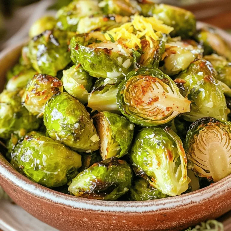 - 1 pound Brussels sprouts, trimmed and halved - 4 cloves garlic, finely minced - 3 tablespoons extra virgin olive oil - Zest of 1 lemon - 1 tablespoon balsamic vinegar - 1 teaspoon smoked paprika - Sea salt and freshly cracked black pepper to taste - 2 tablespoons grated Parmesan cheese (optional) Each serving has about 150 calories, 10 grams of fat, 4 grams of protein, and 12 grams of carbohydrates. This dish is low in calories but high in flavor. You get healthy fats from the olive oil and protein from the optional cheese. Brussels sprouts also pack vitamins and minerals, making them a great choice. - Oven - Baking sheet - Mixing bowl - Parchment paper 1. Preheat your oven to 400°F (200°C). This heat helps the sprouts get crispy. 2. Line a baking sheet with parchment paper for easy cleanup. 3. In a large mixing bowl, add the halved Brussels sprouts and minced garlic. 4. Pour in the extra virgin olive oil and balsamic vinegar. 5. Add the lemon zest, smoked paprika, sea salt, and black pepper. 6. Toss everything well to coat each sprout with the flavors. 1. Spread the seasoned Brussels sprouts on the baking sheet in a single layer. 2. This spacing is key for even roasting and browning. 3. Roast in the oven for 25-30 minutes. 4. Toss the sprouts halfway through for a golden color all around. 1. If you choose to add Parmesan cheese, sprinkle it on during the last five minutes. 2. This makes a tasty, cheesy crust on top of the sprouts. 3. For serving, place them in a rustic bowl. 4. Garnish with extra lemon zest and Parmesan for a beautiful look. For the full recipe, check out the details above. To get the best roast, spread the Brussels sprouts out evenly on the baking sheet. This helps them cook all the way through. If they are too close, they will steam instead of roast. Keep them crispy by tossing them halfway through. This way, they get golden brown on all sides. Add more spices to boost flavor. You can try a pinch of cayenne for heat or some thyme for an earthy taste. Fresh herbs like parsley can also add a nice touch at the end. For garnishes, try pomegranate seeds for a pop of color and sweetness. You can cook Brussels sprouts in different ways. Air frying gives them a great crunch without too much oil. Sautéing them on the stovetop is quick and simple too. If you follow a vegan or gluten-free diet, this recipe fits your needs. Just skip the Parmesan cheese, and you’re all set! For more details, check out the Full Recipe. {{image_4}} You can make garlic roasted Brussels sprouts even better with some fun twists. Adding nuts or seeds brings a great crunch. Try slivered almonds or pumpkin seeds. They add texture and healthy fats. Using different vinegars or citrus zests can also change the taste. Swap balsamic for apple cider vinegar for a fruitier note. Or, try orange zest instead of lemon for a sweet twist. These small changes can brighten the dish. Fresh herbs can bring a new flavor to your Brussels sprouts. In spring, add fresh dill or parsley. In fall, try thyme or rosemary for a cozy taste. They make the dish feel bright and lively. You can also adapt garlic roasted Brussels sprouts for holiday meals. Add nutmeg or cinnamon for warmth. This creates a festive flavor that fits right in with holiday dishes. If you can’t find Brussels sprouts, don’t worry! You can use broccoli or cauliflower instead. Both roast well and taste great with garlic. For cheese lovers, there are many options. If you want a dairy-free choice, use nutritional yeast. It gives a cheesy flavor without the dairy. You could also try feta or goat cheese for a tangy taste. Each option can add a unique twist to your dish. For the full recipe, check out the [Full Recipe]. To store your roasted Brussels sprouts, let them cool first. Place them in an airtight container. This keeps them fresh and tasty. Make sure to refrigerate them within two hours of cooking. They will last for about three to four days. For best flavor and texture, eat them within this time. When reheating Brussels sprouts, avoid sogginess. The best way is to use the oven. Preheat your oven to 350°F (175°C). Spread the sprouts on a baking sheet. Heat for about 10 to 15 minutes. This keeps them crispy. If you use a microwave, they may become soft. If you must use the microwave, heat for a short time. Check them often to make sure they do not overcook. You can freeze roasted Brussels sprouts, but they may lose some texture. First, let them cool completely. Then, place them in a freezer-safe bag or container. Remove as much air as possible. They can last up to three months in the freezer. To thaw, place them in the refrigerator overnight. Reheat them in the oven for the best result. This helps keep them crispy and delicious. If you follow these tips, your garlic roasted Brussels sprouts will stay tasty! For the full recipe, check the earlier section. How long do Brussels sprouts last in the fridge? Brussels sprouts can last about 3 to 5 days in the fridge. Make sure to store them in a cool, dry place. Keep them in a plastic bag or a container with a lid. This helps them stay fresh longer. Can I prepare the dish ahead of time? Yes, you can prep Brussels sprouts a day in advance. Trim and halve them, then store in the fridge. Mix the spices and oil in a bowl. Just add them when you are ready to roast. What's the best way to trim Brussels sprouts? To trim Brussels sprouts, slice off the tough stem end. Remove any yellow or damaged leaves. Halve each sprout to help them cook evenly and get nice and crispy. How do I know when the Brussels sprouts are done roasting? Brussels sprouts are done when they are golden brown and tender. You can poke them with a fork. They should feel soft but still have some bite. Toss them halfway through roasting for even cooking. Can I make this recipe without garlic? Yes, you can make this dish without garlic. While garlic adds great flavor, you can use onion powder or omit it entirely. The dish will still taste delicious. What can I serve with garlic roasted Brussels sprouts? Garlic roasted Brussels sprouts pair well with many dishes. Try serving them with grilled chicken, steak, or fish. They also work great alongside pasta or quinoa. For a complete meal, add a fresh salad. Check the Full Recipe for more ideas! In this post, I covered how to make garlic roasted Brussels sprouts. You learned about the key ingredients, cooking steps, and tips for the perfect roast. I shared ideas for variations and storage methods to keep the dish fresh. Remember, the right seasoning and techniques can elevate your sprouts. Now, with this knowledge, you can create a tasty dish that impresses everyone at your table. Enjoy experimenting and make this recipe your own!