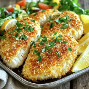 For the Crispy Parmesan Crusted Chicken, you need simple yet tasty ingredients. Here’s what you’ll need: - 4 boneless, skinless chicken breasts - 1 cup grated Parmesan cheese - 1 cup panko breadcrumbs - 1 teaspoon garlic powder - 1 teaspoon onion powder - 1 teaspoon Italian seasoning - Salt and pepper to taste - 2 large eggs - 1 tablespoon Dijon mustard - 2 tablespoons fresh parsley, finely chopped (for garnish) - Olive oil spray Each ingredient plays a key role in creating the perfect crunchy crust. The chicken provides a juicy base. The Parmesan cheese gives a rich, savory flavor. Panko breadcrumbs add that extra crunch. Garlic and onion powders bring warmth, while Italian seasoning adds a hint of herbiness. Eggs and Dijon mustard help the coating stick, while olive oil spray ensures a golden finish. Don't rush the process. Gather your ingredients first. Following the [Full Recipe] will lead you to a delicious dinner. 1. Preheat your oven to 425°F (220°C). This is key for a great crust. 2. Line a baking sheet with parchment paper or a silicone mat. This helps with cleanup. 3. In a shallow bowl, mix together the grated Parmesan cheese, panko breadcrumbs, garlic powder, onion powder, Italian seasoning, salt, and pepper. Stir until well mixed. 4. In another bowl, whisk together the eggs and Dijon mustard until smooth. This will be your egg wash. 1. Pat the chicken breasts dry with paper towels. This helps the coating stick. 2. Season both sides of the chicken breasts with salt and pepper. 3. Dip each chicken breast into the egg wash. Make sure to coat them well, then let any excess drip off. 4. Next, press the chicken into the Parmesan breadcrumb mixture. Make sure to cover all sides evenly. 1. Arrange the coated chicken on the prepared baking sheet. 2. Lightly spray the tops with olive oil to promote crispiness. 3. Bake in the preheated oven for 20-25 minutes. Check that the internal temperature reaches 165°F (75°C). 4. Once done, remove the chicken and let it rest for a few minutes. This keeps it juicy. 5. Garnish with freshly chopped parsley before serving. This adds color and freshness. For the full recipe, check out the details above. To get that crunchy bite, start by drying the chicken. Moisture can make the crust soggy. Use paper towels to pat each breast dry. Next, preheat your oven to 425°F (220°C). This high heat helps create that golden crust. Bake the chicken for 20-25 minutes. Check for an internal temperature of 165°F (75°C). That ensures it’s cooked through and safe to eat. You can add more flavor to your chicken by changing up the seasonings. Try smoked paprika or cayenne pepper for some heat. Fresh herbs like thyme or rosemary also work well. They add a fragrant touch. Experiment with different spices to find your favorite mix. You might even enjoy a dash of lemon zest for brightness. When serving your Crispy Parmesan Crusted Chicken, think about your sides. A fresh mixed salad or steamed veggies pairs nicely. Arrange the chicken on a large plate. Add lemon wedges for a zesty flair. Finally, sprinkle some freshly chopped parsley on top. It adds color and freshness to your meal. For a fun twist, serve with dipping sauces like honey mustard or aioli. {{image_4}} You can switch up the protein in this recipe. Try using pork or fish. Pork chops work well with the same crispy coating. Fish like tilapia or cod can also be delicious. Just adjust the cooking time. Fish will need less time in the oven. If you want a vegetarian option, use eggplant or zucchini. Slice them thick, then follow the same steps. The cheese and breadcrumbs add great flavor. You can try this as a tasty meatless meal! You can change the cheese for new flavors. Mozzarella or cheddar can add a twist. Each cheese brings a unique taste. Mix in some herbs like parsley or basil for a fresh kick. Using flavored breadcrumbs adds depth. Look for garlic or herb panko. These small changes can make a big difference in taste. Feel free to experiment until you find your favorite! Air frying is a great option for a healthier version. Set your air fryer to 400°F (200°C). Cook the chicken for about 12-15 minutes. Check that the internal temperature reaches 165°F (75°C). This method gives a nice crunch without using much oil. You can also cook in a skillet. Heat some olive oil over medium heat. Fry the chicken for about 5-7 minutes on each side. This method will give you a nice golden crust, too. Each method adds its own flavor and texture to the dish. For the full recipe, check out the instructions above. To keep your Crispy Parmesan Crusted Chicken fresh, store it in the fridge. Place the chicken in an airtight container. It stays good for about three to four days. For best taste, eat it within this time. If you notice any off smells, it’s best to toss it out. When reheating, aim for a crispy texture. Preheat your oven to 375°F (190°C). Place the chicken on a baking sheet. Bake for about 10-15 minutes. Keep an eye on it to avoid drying out. Avoid microwaving, as it can make the chicken soggy. If you must use the microwave, do so for a short time, and let it rest briefly before eating. You can freeze this chicken both before and after cooking. If freezing raw, coat the chicken as you normally would. Place it in a freezer bag, removing as much air as possible. It will last up to three months. To freeze cooked chicken, let it cool first, then wrap it tightly. Thaw overnight in the fridge before reheating. When ready to cook, ensure the chicken reaches an internal temperature of 165°F (75°C). To make your chicken extra crispy, ensure you dry the chicken well before coating. A good tip is to pat the chicken with paper towels. This removes any moisture. Also, use panko breadcrumbs. They create a crunchier texture than regular breadcrumbs. Finally, lightly spray the coated chicken with olive oil before baking. This helps the crust get golden. Yes, you can use regular breadcrumbs, but panko works best. Panko is lighter and flakier. This leads to a crunchier finish. If you only have regular breadcrumbs, consider mixing them with some crushed crackers for a better texture. You can serve many sides with this dish. I love a fresh mixed salad for a light touch. Steamed vegetables like broccoli or green beans also pair well. For something hearty, try mashed potatoes or garlic bread. These options balance the meal nicely. The best way to check is by using a meat thermometer. The internal temperature should reach 165°F (75°C). If you don’t have a thermometer, cut into the thickest part of the chicken. The meat should be white and juices should run clear, not pink. Yes, you can make this dish in advance. You can coat the chicken and store it in the fridge for up to a day. When ready to bake, just pop it in the oven. This saves time and still gives you that crispy texture. For best results, cook it fresh if possible. Check the [Full Recipe] for more details! In this post, we covered how to make Crispy Parmesan Crusted Chicken. You learned about the key ingredients and step-by-step instructions for perfecting this dish. We also discussed helpful tips for a crispy texture, variations for different diets, and storage methods for leftovers. Try these ideas to create a meal that impresses anyone. Enjoy cooking and have fun with this recipe!