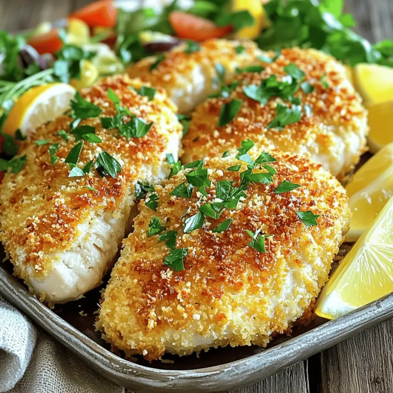 For the Crispy Parmesan Crusted Chicken, you need simple yet tasty ingredients. Here’s what you’ll need: - 4 boneless, skinless chicken breasts - 1 cup grated Parmesan cheese - 1 cup panko breadcrumbs - 1 teaspoon garlic powder - 1 teaspoon onion powder - 1 teaspoon Italian seasoning - Salt and pepper to taste - 2 large eggs - 1 tablespoon Dijon mustard - 2 tablespoons fresh parsley, finely chopped (for garnish) - Olive oil spray Each ingredient plays a key role in creating the perfect crunchy crust. The chicken provides a juicy base. The Parmesan cheese gives a rich, savory flavor. Panko breadcrumbs add that extra crunch. Garlic and onion powders bring warmth, while Italian seasoning adds a hint of herbiness. Eggs and Dijon mustard help the coating stick, while olive oil spray ensures a golden finish. Don't rush the process. Gather your ingredients first. Following the [Full Recipe] will lead you to a delicious dinner. 1. Preheat your oven to 425°F (220°C). This is key for a great crust. 2. Line a baking sheet with parchment paper or a silicone mat. This helps with cleanup. 3. In a shallow bowl, mix together the grated Parmesan cheese, panko breadcrumbs, garlic powder, onion powder, Italian seasoning, salt, and pepper. Stir until well mixed. 4. In another bowl, whisk together the eggs and Dijon mustard until smooth. This will be your egg wash. 1. Pat the chicken breasts dry with paper towels. This helps the coating stick. 2. Season both sides of the chicken breasts with salt and pepper. 3. Dip each chicken breast into the egg wash. Make sure to coat them well, then let any excess drip off. 4. Next, press the chicken into the Parmesan breadcrumb mixture. Make sure to cover all sides evenly. 1. Arrange the coated chicken on the prepared baking sheet. 2. Lightly spray the tops with olive oil to promote crispiness. 3. Bake in the preheated oven for 20-25 minutes. Check that the internal temperature reaches 165°F (75°C). 4. Once done, remove the chicken and let it rest for a few minutes. This keeps it juicy. 5. Garnish with freshly chopped parsley before serving. This adds color and freshness. For the full recipe, check out the details above. To get that crunchy bite, start by drying the chicken. Moisture can make the crust soggy. Use paper towels to pat each breast dry. Next, preheat your oven to 425°F (220°C). This high heat helps create that golden crust. Bake the chicken for 20-25 minutes. Check for an internal temperature of 165°F (75°C). That ensures it’s cooked through and safe to eat. You can add more flavor to your chicken by changing up the seasonings. Try smoked paprika or cayenne pepper for some heat. Fresh herbs like thyme or rosemary also work well. They add a fragrant touch. Experiment with different spices to find your favorite mix. You might even enjoy a dash of lemon zest for brightness. When serving your Crispy Parmesan Crusted Chicken, think about your sides. A fresh mixed salad or steamed veggies pairs nicely. Arrange the chicken on a large plate. Add lemon wedges for a zesty flair. Finally, sprinkle some freshly chopped parsley on top. It adds color and freshness to your meal. For a fun twist, serve with dipping sauces like honey mustard or aioli. {{image_4}} You can switch up the protein in this recipe. Try using pork or fish. Pork chops work well with the same crispy coating. Fish like tilapia or cod can also be delicious. Just adjust the cooking time. Fish will need less time in the oven. If you want a vegetarian option, use eggplant or zucchini. Slice them thick, then follow the same steps. The cheese and breadcrumbs add great flavor. You can try this as a tasty meatless meal! You can change the cheese for new flavors. Mozzarella or cheddar can add a twist. Each cheese brings a unique taste. Mix in some herbs like parsley or basil for a fresh kick. Using flavored breadcrumbs adds depth. Look for garlic or herb panko. These small changes can make a big difference in taste. Feel free to experiment until you find your favorite! Air frying is a great option for a healthier version. Set your air fryer to 400°F (200°C). Cook the chicken for about 12-15 minutes. Check that the internal temperature reaches 165°F (75°C). This method gives a nice crunch without using much oil. You can also cook in a skillet. Heat some olive oil over medium heat. Fry the chicken for about 5-7 minutes on each side. This method will give you a nice golden crust, too. Each method adds its own flavor and texture to the dish. For the full recipe, check out the instructions above. To keep your Crispy Parmesan Crusted Chicken fresh, store it in the fridge. Place the chicken in an airtight container. It stays good for about three to four days. For best taste, eat it within this time. If you notice any off smells, it’s best to toss it out. When reheating, aim for a crispy texture. Preheat your oven to 375°F (190°C). Place the chicken on a baking sheet. Bake for about 10-15 minutes. Keep an eye on it to avoid drying out. Avoid microwaving, as it can make the chicken soggy. If you must use the microwave, do so for a short time, and let it rest briefly before eating. You can freeze this chicken both before and after cooking. If freezing raw, coat the chicken as you normally would. Place it in a freezer bag, removing as much air as possible. It will last up to three months. To freeze cooked chicken, let it cool first, then wrap it tightly. Thaw overnight in the fridge before reheating. When ready to cook, ensure the chicken reaches an internal temperature of 165°F (75°C). To make your chicken extra crispy, ensure you dry the chicken well before coating. A good tip is to pat the chicken with paper towels. This removes any moisture. Also, use panko breadcrumbs. They create a crunchier texture than regular breadcrumbs. Finally, lightly spray the coated chicken with olive oil before baking. This helps the crust get golden. Yes, you can use regular breadcrumbs, but panko works best. Panko is lighter and flakier. This leads to a crunchier finish. If you only have regular breadcrumbs, consider mixing them with some crushed crackers for a better texture. You can serve many sides with this dish. I love a fresh mixed salad for a light touch. Steamed vegetables like broccoli or green beans also pair well. For something hearty, try mashed potatoes or garlic bread. These options balance the meal nicely. The best way to check is by using a meat thermometer. The internal temperature should reach 165°F (75°C). If you don’t have a thermometer, cut into the thickest part of the chicken. The meat should be white and juices should run clear, not pink. Yes, you can make this dish in advance. You can coat the chicken and store it in the fridge for up to a day. When ready to bake, just pop it in the oven. This saves time and still gives you that crispy texture. For best results, cook it fresh if possible. Check the [Full Recipe] for more details! In this post, we covered how to make Crispy Parmesan Crusted Chicken. You learned about the key ingredients and step-by-step instructions for perfecting this dish. We also discussed helpful tips for a crispy texture, variations for different diets, and storage methods for leftovers. Try these ideas to create a meal that impresses anyone. Enjoy cooking and have fun with this recipe!