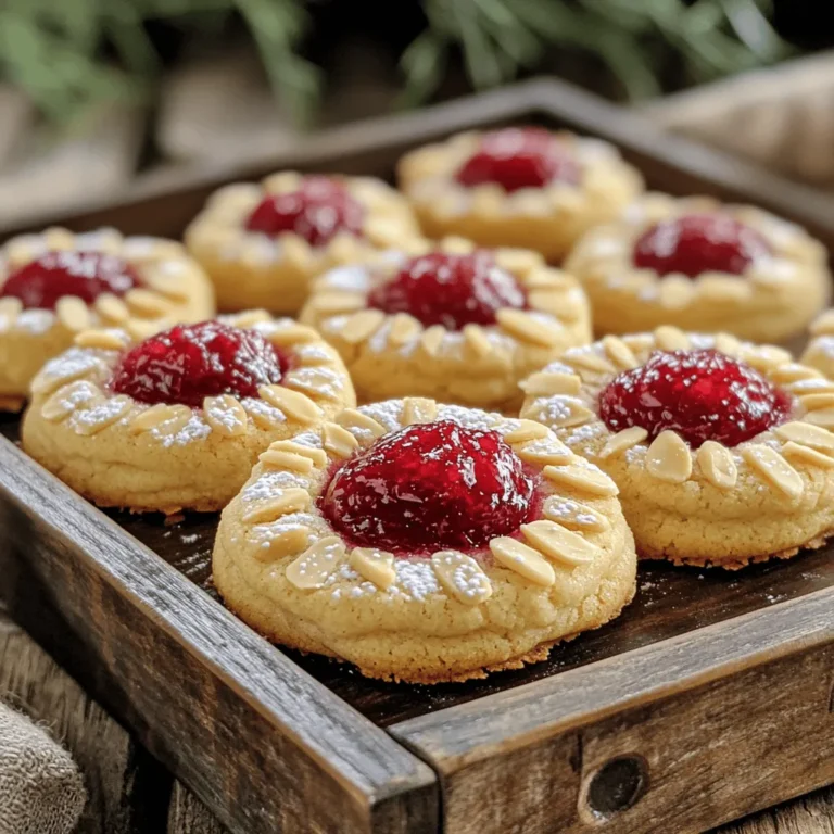 - 1 cup unsalted butter - 1 cup granulated sugar - 1 large egg yolk - 1 teaspoon pure almond extract - 1/2 cup raspberry jam - 1/4 cup sliced almonds - Powdered sugar for dusting - Sea salt for balance When making Raspberry Almond Thumbprint Cookies, you need simple yet rich ingredients. The unsalted butter gives a creamy texture. The granulated sugar adds sweetness. Using one large egg yolk makes the dough rich and smooth. For flavor, pure almond extract brings a nice nutty taste. Raspberry jam is key for the thumbprint filling. It gives a burst of fruity flavor. Sliced almonds add a lovely crunch and look. You can dust the cookies with powdered sugar for a sweet finish. Adding a pinch of sea salt balances the sweetness and enhances flavors. Each ingredient plays a vital role in making these cookies delicious. You can find the Full Recipe for more detailed steps. - Preheat your oven to 350°F (175°C). - Line two baking sheets with parchment paper. Start by mixing the softened butter and sugar. Use an electric mixer on medium speed. Beat until the mix is light and fluffy. This should take about 3-4 minutes. Next, add the egg yolk and almond extract. Mix until everything blends well. In another bowl, whisk the flour and sea salt together. Gradually add this dry mix to the butter mix. Stir gently until it just comes together. Avoid over-mixing to keep the cookies soft. Now, roll the dough into 1-inch balls. Place these on the prepared baking sheets. Make sure to leave about 2 inches between each cookie. Use your thumb or the back of a teaspoon to press down in the center. This creates a small indentation. Spoon about 1/2 teaspoon of raspberry jam into each dip. Be careful not to overfill to stop overflow while baking. Next, sprinkle sliced almonds around the edge of the jam. Press them gently into the dough to help them stick. Bake the cookies in the oven for 12-15 minutes. Look for lightly golden edges. Once done, let them cool for about 5 minutes on the baking sheets. Then, transfer them to a wire rack to cool completely. Optionally, dust the cooled cookies with powdered sugar for a sweet touch. You can find the full recipe [Full Recipe]. The best temperature for baking cookies is 350°F (175°C). This heat cooks the cookies evenly. It helps them rise and brown just right. To achieve the perfect texture, mix the butter and sugar until fluffy. This process adds air to the dough, making your cookies light. Also, avoid over-mixing the dough. Doing so can lead to tough cookies. One common mistake is over-mixing the dough. This adds too much gluten and changes the texture. Another mistake is overfilling with jam. If you add too much jam, it can overflow while baking. Stick to about 1/2 teaspoon for each cookie. This ensures each cookie holds its shape. Pair these cookies with a cup of tea or coffee. The flavors blend well together. You can also serve them on a decorative platter. This makes for an inviting presentation. For fun, try different ways to make them look special. Add a light dusting of powdered sugar for a sweet touch. You might also try using different jams for variety. Explore flavors like strawberry or apricot for a new twist. For the full recipe, check out the link. {{image_4}} Want to spice up your Raspberry Almond Thumbprint Cookies? You can switch the jam! Try strawberry or apricot for a new taste. Each fruit brings its own sweet notes. You can also add citrus zest, like lemon or orange. This gives the cookies a fresh, bright flavor. If you need gluten-free cookies, use almond flour instead of all-purpose flour. This keeps the cookies soft and tasty. For vegan options, swap the butter for coconut oil and use flaxseed mixed with water instead of egg yolk. These changes keep your cookies delicious and friendly for all diets. Do you prefer chewy or crispy cookies? Adjust the baking time. A shorter bake gives you chewy cookies. For a crispy bite, let them bake a bit longer. You can also add more sliced almonds for a delightful crunch. This will make each cookie even more exciting to eat. For the complete recipe, check out the [Full Recipe]. Store your Raspberry Almond Thumbprint Cookies in an airtight container. This keeps them fresh and tasty. Use a container made of glass or plastic with a tight lid. Line the bottom with parchment paper. This will help absorb moisture. Keep the cookies at room temperature. Avoid direct sunlight or heat, which can change their texture. You can freeze these cookies for later enjoyment. To freeze unbaked cookies, shape the dough into balls. Place them on a baking sheet and freeze until solid. Then, transfer them to a freezer bag. For baked cookies, let them cool completely. Place them in an airtight container or freezer bag. To thaw cookies, simply pull them from the freezer and let them sit at room temperature for about 30 minutes. These cookies stay fresh for about one week at room temperature. Look for signs of spoilage. If the cookies become hard or stale, they are past their prime. If you notice any off smells or visible mold, toss them out. For the best taste, enjoy them within a week. You can also freeze them for up to three months. This way, you can savor them later! For the full recipe, check the section above. Raspberry Almond Thumbprint Cookies stay fresh for about one week. Store them in an airtight container at room temperature. If you want them to last longer, keep them in the fridge. They can stay good for two weeks when chilled. Yes, you can use different jams! Try strawberry, apricot, or even blueberry. Each fruit brings its own flavor. Just make sure the jam is thick enough to hold its shape in the cookie. This way, you won't have any overflow during baking. If your cookies spread too much, check your butter. It should be softened, not melted. You could also chill the dough for about 30 minutes before baking. This helps the cookies keep their shape better. You can make these cookies nut-free. Simply skip the sliced almonds. Replace the almond extract with vanilla extract for a different flavor. The cookies will still taste great without nuts. Absolutely! You can freeze the dough for up to three months. Roll the dough into balls and freeze them on a baking sheet. Once frozen, transfer them to a freezer bag. When you're ready to bake, just add a few extra minutes to the baking time. Check the Full Recipe for more details! These Raspberry Almond Thumbprint Cookies are simple and delicious to make. We covered the key ingredients, step-by-step instructions, and some helpful tips along the way. Exploring variations, storage best practices, and common questions helps enhance your baking experience. With this guide, you’ll create tasty cookies that delight everyone. Enjoy the baking process and share these treats with friends and family. Happy baking!
