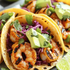 - 1 pound large shrimp, peeled and deveined - Chili powder - Garlic powder - Ground cumin - Sea salt - Black pepper - Fresh lime - Red cabbage - Ripe avocado - Fresh cilantro - 8 small corn tortillas - Lime wedges - Optional: hot sauce For my Chili Lime Grilled Shrimp Tacos, I focus on fresh, vibrant flavors. The star of this dish is the shrimp. You want large shrimp that are peeled and deveined. This makes it easy to cook and eat. Next, spices play a big role. I use chili powder, garlic powder, ground cumin, sea salt, and black pepper. These spices bring warmth and a kick to the shrimp. Fresh ingredients also shine in this recipe. Lime adds brightness, while red cabbage gives crunch. Avocado brings creaminess, and cilantro adds a fresh finish. Don't forget the tortillas! I use small corn ones, which are soft and easy to fold. They hold all the delicious fillings well. Lastly, lime wedges and optional hot sauce are perfect for serving. The full recipe will help you get started. To start, you need to make the marinade. In a bowl, mix: - 2 tablespoons extra virgin olive oil - 2 tablespoons freshly squeezed lime juice - 1 tablespoon chili powder - 1 teaspoon garlic powder - 1 teaspoon ground cumin - 1/2 teaspoon sea salt - 1/4 teaspoon freshly ground black pepper Whisk these ingredients together. Now, gently add 1 pound of peeled and deveined shrimp into the bowl. Make sure each shrimp gets a nice coat of the marinade. Cover the bowl with plastic wrap and put it in the fridge for 20-30 minutes. This step lets the shrimp soak up all the zesty flavors. While the shrimp marinate, it’s time to prep your grill. Preheat it or your grill pan over medium-high heat. When it’s hot, add the shrimp in a single layer. Grill each side for 2-3 minutes. Keep an eye on them; they cook quickly! When done, the shrimp should turn a bright pink. Once cooked, take them off the grill and set them aside. Now, let’s warm up the corn tortillas. Place them on the grill for about 30 seconds on each side. This step makes them soft and easy to fold. Next, it’s time to build your tacos. Take a warm tortilla and add a generous amount of grilled shrimp. Then, pile on some finely shredded red cabbage, a few slices of avocado, and a sprinkle of chopped cilantro. Serve with lime wedges on the side for that fresh kick. If you like some heat, add your favorite hot sauce to the mix. For the full recipe, check the section above. To get the best shrimp, heat your grill well before cooking. A hot grill gives shrimp a nice sear. Aim for medium-high heat. This cooks shrimp quickly and locks in flavor. If the grill is too cool, shrimp will not cook evenly. Overcooking shrimp can ruin their texture. Cook shrimp for 2-3 minutes on each side. They should turn pink and firm up. Remove them as soon as they finish cooking. Perfect shrimp should be juicy, not rubbery. You can boost flavor by adding more spices. Consider using smoked paprika or cayenne pepper for extra heat. Mixing in fresh herbs like cilantro or parsley can also brighten the dish. For a twist, make a homemade salsa. Combine diced tomatoes, red onion, and jalapeños with lime juice. Or, whip up a creamy avocado crema. Blend avocado, sour cream, and lime juice for a tasty topping. Chili lime grilled shrimp tacos pair well with sides like rice or black beans. A fresh salad can also add crunch. For drinks, serve with a light beer or a refreshing limeade. A chilled white wine, like Sauvignon Blanc, complements the taco’s flavors beautifully. Enjoying these tacos with the right sides and drinks enhances the whole meal experience. For the full recipe, check out the details above. {{image_4}} You can switch shrimp for other proteins. Try using fish like tilapia or cod. Chicken is another great option. Just grill it until cooked. For a plant-based choice, use tofu or tempeh. Both soak up flavor well. This way, everyone can enjoy tacos. Tacos can be soft or crunchy. Soft tortillas wrap the filling nicely. Crunchy tortillas add a fun crunch. You can also mix them for variety. Add toppings like cheese or jalapeños for extra flavor. These toppings give your tacos a tasty twist. You can change the spice level. For mild tacos, use less chili powder. To make it spicy, add more chili powder or hot sauce. You can also add fruits like mango. It gives a fresh and sweet taste. This tropical twist brightens your tacos. Explore these variations to keep things exciting! For the full recipe, visit the link. To keep your shrimp and tacos fresh, store them in airtight containers. Place the shrimp in one container and the tacos in another. This helps to avoid sogginess. Keep leftovers in the fridge. They will last about 2-3 days. If you have extra toppings, store those separately too. This keeps everything fresh and tasty. When you want to enjoy your shrimp again, reheat them gently. You can use a skillet on low heat. This keeps the shrimp juicy. For the tortillas, warm them in a dry pan. Just a minute on each side works well. If you have leftover shrimp, think about making a salad or adding them to a rice bowl. If you want to make meals ahead of time, freezing is a great option. You can freeze the shrimp and marinade together. Just place them in a freezer bag and remove the air. For the tortillas, stack them with parchment paper between each one. When you are ready, thaw everything in the fridge overnight. Cook the shrimp as fresh when you want tacos again. This way, you can have a delicious meal anytime! Marinating shrimp takes 20 to 30 minutes. This step is key for flavor. The shrimp soak up the marinade, making each bite tasty. The lime juice and spices work together to enhance the shrimp's natural sweetness. Yes, you can use frozen shrimp. Just make sure to thaw them before marinating. Place the shrimp in the fridge overnight. If you're short on time, run them under cold water for a quick thaw. Pat them dry with a towel after thawing. This helps the marinade stick better. These tacos go well with many sides. Try serving them with: - Mexican rice - Black beans - Corn salad - Fresh guacamole - A light green salad These options add color and flavor to your meal. Yes, this recipe can be gluten-free. Use corn tortillas, which are naturally gluten-free. Make sure to check the labels on other ingredients. Many spices and sauces are gluten-free, but it’s good to confirm. This way, everyone can enjoy these delicious tacos! In this post, we explored how to make chili lime grilled shrimp tacos. We covered the key ingredients, detailed the simple steps to prepare and grill the shrimp, and shared tips for perfecting your dish. You can easily change things up with alternatives like fish or chicken, and there are plenty of ways to enhance flavors or serve your tacos. Remember to store leftovers carefully for the next meal. Enjoy making these tacos! They are a tasty addition to your menu.