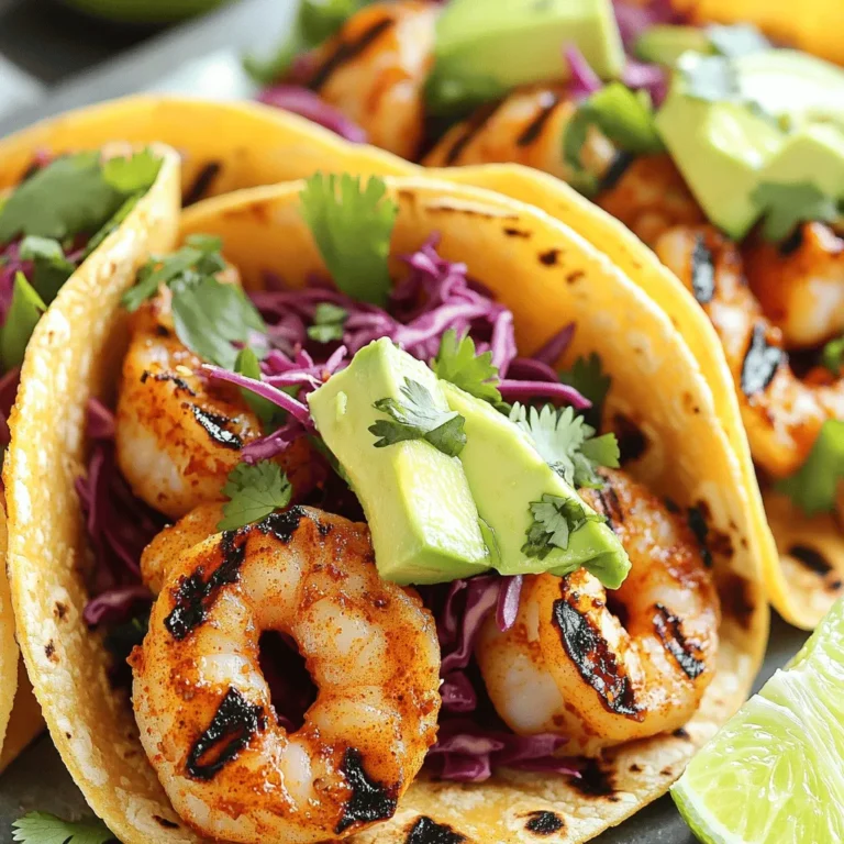 - 1 pound large shrimp, peeled and deveined - Chili powder - Garlic powder - Ground cumin - Sea salt - Black pepper - Fresh lime - Red cabbage - Ripe avocado - Fresh cilantro - 8 small corn tortillas - Lime wedges - Optional: hot sauce For my Chili Lime Grilled Shrimp Tacos, I focus on fresh, vibrant flavors. The star of this dish is the shrimp. You want large shrimp that are peeled and deveined. This makes it easy to cook and eat. Next, spices play a big role. I use chili powder, garlic powder, ground cumin, sea salt, and black pepper. These spices bring warmth and a kick to the shrimp. Fresh ingredients also shine in this recipe. Lime adds brightness, while red cabbage gives crunch. Avocado brings creaminess, and cilantro adds a fresh finish. Don't forget the tortillas! I use small corn ones, which are soft and easy to fold. They hold all the delicious fillings well. Lastly, lime wedges and optional hot sauce are perfect for serving. The full recipe will help you get started. To start, you need to make the marinade. In a bowl, mix: - 2 tablespoons extra virgin olive oil - 2 tablespoons freshly squeezed lime juice - 1 tablespoon chili powder - 1 teaspoon garlic powder - 1 teaspoon ground cumin - 1/2 teaspoon sea salt - 1/4 teaspoon freshly ground black pepper Whisk these ingredients together. Now, gently add 1 pound of peeled and deveined shrimp into the bowl. Make sure each shrimp gets a nice coat of the marinade. Cover the bowl with plastic wrap and put it in the fridge for 20-30 minutes. This step lets the shrimp soak up all the zesty flavors. While the shrimp marinate, it’s time to prep your grill. Preheat it or your grill pan over medium-high heat. When it’s hot, add the shrimp in a single layer. Grill each side for 2-3 minutes. Keep an eye on them; they cook quickly! When done, the shrimp should turn a bright pink. Once cooked, take them off the grill and set them aside. Now, let’s warm up the corn tortillas. Place them on the grill for about 30 seconds on each side. This step makes them soft and easy to fold. Next, it’s time to build your tacos. Take a warm tortilla and add a generous amount of grilled shrimp. Then, pile on some finely shredded red cabbage, a few slices of avocado, and a sprinkle of chopped cilantro. Serve with lime wedges on the side for that fresh kick. If you like some heat, add your favorite hot sauce to the mix. For the full recipe, check the section above. To get the best shrimp, heat your grill well before cooking. A hot grill gives shrimp a nice sear. Aim for medium-high heat. This cooks shrimp quickly and locks in flavor. If the grill is too cool, shrimp will not cook evenly. Overcooking shrimp can ruin their texture. Cook shrimp for 2-3 minutes on each side. They should turn pink and firm up. Remove them as soon as they finish cooking. Perfect shrimp should be juicy, not rubbery. You can boost flavor by adding more spices. Consider using smoked paprika or cayenne pepper for extra heat. Mixing in fresh herbs like cilantro or parsley can also brighten the dish. For a twist, make a homemade salsa. Combine diced tomatoes, red onion, and jalapeños with lime juice. Or, whip up a creamy avocado crema. Blend avocado, sour cream, and lime juice for a tasty topping. Chili lime grilled shrimp tacos pair well with sides like rice or black beans. A fresh salad can also add crunch. For drinks, serve with a light beer or a refreshing limeade. A chilled white wine, like Sauvignon Blanc, complements the taco’s flavors beautifully. Enjoying these tacos with the right sides and drinks enhances the whole meal experience. For the full recipe, check out the details above. {{image_4}} You can switch shrimp for other proteins. Try using fish like tilapia or cod. Chicken is another great option. Just grill it until cooked. For a plant-based choice, use tofu or tempeh. Both soak up flavor well. This way, everyone can enjoy tacos. Tacos can be soft or crunchy. Soft tortillas wrap the filling nicely. Crunchy tortillas add a fun crunch. You can also mix them for variety. Add toppings like cheese or jalapeños for extra flavor. These toppings give your tacos a tasty twist. You can change the spice level. For mild tacos, use less chili powder. To make it spicy, add more chili powder or hot sauce. You can also add fruits like mango. It gives a fresh and sweet taste. This tropical twist brightens your tacos. Explore these variations to keep things exciting! For the full recipe, visit the link. To keep your shrimp and tacos fresh, store them in airtight containers. Place the shrimp in one container and the tacos in another. This helps to avoid sogginess. Keep leftovers in the fridge. They will last about 2-3 days. If you have extra toppings, store those separately too. This keeps everything fresh and tasty. When you want to enjoy your shrimp again, reheat them gently. You can use a skillet on low heat. This keeps the shrimp juicy. For the tortillas, warm them in a dry pan. Just a minute on each side works well. If you have leftover shrimp, think about making a salad or adding them to a rice bowl. If you want to make meals ahead of time, freezing is a great option. You can freeze the shrimp and marinade together. Just place them in a freezer bag and remove the air. For the tortillas, stack them with parchment paper between each one. When you are ready, thaw everything in the fridge overnight. Cook the shrimp as fresh when you want tacos again. This way, you can have a delicious meal anytime! Marinating shrimp takes 20 to 30 minutes. This step is key for flavor. The shrimp soak up the marinade, making each bite tasty. The lime juice and spices work together to enhance the shrimp's natural sweetness. Yes, you can use frozen shrimp. Just make sure to thaw them before marinating. Place the shrimp in the fridge overnight. If you're short on time, run them under cold water for a quick thaw. Pat them dry with a towel after thawing. This helps the marinade stick better. These tacos go well with many sides. Try serving them with: - Mexican rice - Black beans - Corn salad - Fresh guacamole - A light green salad These options add color and flavor to your meal. Yes, this recipe can be gluten-free. Use corn tortillas, which are naturally gluten-free. Make sure to check the labels on other ingredients. Many spices and sauces are gluten-free, but it’s good to confirm. This way, everyone can enjoy these delicious tacos! In this post, we explored how to make chili lime grilled shrimp tacos. We covered the key ingredients, detailed the simple steps to prepare and grill the shrimp, and shared tips for perfecting your dish. You can easily change things up with alternatives like fish or chicken, and there are plenty of ways to enhance flavors or serve your tacos. Remember to store leftovers carefully for the next meal. Enjoy making these tacos! They are a tasty addition to your menu.