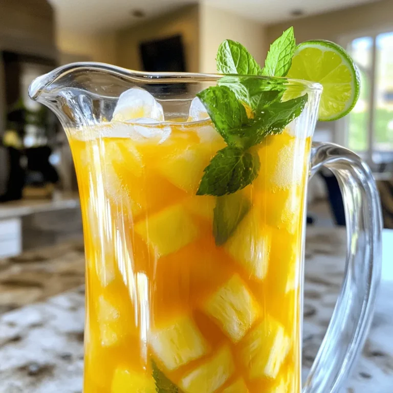 To make Pineapple Mint Iced Tea, you need simple, fresh ingredients. Here’s the list: - Fresh pineapple - Black tea bags or green tea - Fresh mint leaves - Sweetener options (honey or agave syrup) - Lime juice - Ice cubes Each ingredient plays a key role in creating a tasty drink. The fresh pineapple gives sweetness and a tropical touch. You can use black tea for a bold taste or green tea for a lighter flavor. Fresh mint leaves add a cool taste that pairs well with pineapple. Sweetener options like honey or agave syrup let you control how sweet your tea will be. Lime juice adds a zesty kick that balances the flavors. Lastly, ice cubes make the drink cold and refreshing. You can find the full recipe for this delightful drink and get ready to impress your friends on a hot summer day! 1. Boiling water and steeping tea bags Start by bringing 4 cups of water to a boil in a medium saucepan. Once it bubbles, remove it from heat. Add 4 black tea bags to the hot water. Let them steep for 5 to 7 minutes. If you want a stronger flavor, steep longer. 2. Preparing the pineapple While the tea steeps, prepare the pineapple. Take 1 cup of fresh pineapple and dice it finely. You can blend it until smooth or mash it with a fork if you prefer some chunks. 3. Mixing the tea, pineapple, mint, and sweetener Once the tea has steeped, take out the tea bags. In a large pitcher, mix the steeped tea with the blended pineapple. Add 1/2 cup of honey or agave syrup, the juice of 1 lime, and 1/2 cup of fresh mint leaves. Stir the mixture well until the sweetener dissolves completely. 4. Chilling the mixture before serving Allow the mixture to cool to room temperature. Then, place the pitcher in the fridge. Let it chill for at least 1 hour. This step enhances the flavors, making your iced tea even more refreshing. With these steps, you are one step closer to enjoying a delightful Pineapple Mint Iced Tea. For more details, check out the Full Recipe. - Choosing the right tea for your preference: Black tea gives a strong flavor, while green tea is lighter. Both work well in this recipe. You can even try herbal tea for a caffeine-free option. - Adjusting sweetener levels based on taste: Start with half a cup of honey or agave syrup. Taste it and add more if you want it sweeter. Remember, the pineapple adds natural sweetness too. - Techniques for achieving optimal mint flavor: To get the best mint taste, gently bruise the leaves before adding them. This helps release more oils and flavor. Don’t be shy with the mint; fresh leaves make a big difference. - Glassware recommendations: Use clear glasses to show off the vibrant color of the tea. Tall glasses are great for ice and garnishes. - Garnishing ideas with mint and fruit: Add fresh mint leaves on top for a pop of color. You can also add a slice of lime or a few chunks of pineapple for extra flair. - Pairing options with snacks or meals: This drink pairs well with light snacks like chips and salsa or fresh fruit. It also complements grilled chicken or fish for a summer meal. {{image_4}} You can switch up the flavors in your Pineapple Mint Iced Tea. Here are some ideas: - Substituting with herbal teas: Instead of black or green tea, try herbal teas. Chamomile or hibiscus can give a fragrant twist. These teas also add unique health benefits. - Utilizing different types of sweeteners: You can use other sweeteners. Maple syrup or coconut sugar work well. Each will change the flavor slightly but deliciously. - Adding other fruits for enhanced flavor: Mix in other fruits like strawberries or mango. These fruits add color and taste. You can blend them in or add them as chunks. Make your Pineapple Mint Iced Tea even more fun with these serving ideas: - Iced Tea Popsicles: Pour the tea mixture into popsicle molds. Freeze until solid for a cool treat. They are perfect for hot days and great for kids. - Sparkling Pineapple Mint Iced Tea: Add some sparkling water for fizz. The bubbles make this drink feel festive. Serve it at parties for a refreshing twist. Check out the full recipe for more details on making this tasty drink! To store leftover iced tea, pour it into a clean pitcher. Seal it with a lid or plastic wrap. This helps keep it fresh and prevents odors from the fridge. The shelf life of Pineapple Mint Iced Tea is about 3 to 5 days in the fridge. If you notice any off smell, or if the tea looks cloudy, it may be spoiled. Always trust your senses. To freshen up your tea after storage, add more mint leaves or a splash of lime juice. This adds zing and revitalizes the flavors. You can also serve it over fresh ice for a nice chill. You can freeze Pineapple Mint Iced Tea for later enjoyment. Pour it into ice cube trays and freeze. This way, you can enjoy a refreshing drink whenever you want. Making ice cubes from the tea is fun and useful. Just pop a few cubes into a glass to chill your drink without watering it down. This keeps your drink strong and flavorful. To make Pineapple Mint Iced Tea without sugar, simply skip the sweetener. Instead, you can use ripe pineapple. The natural sweetness from the fruit will add flavor without any added sugar. Blend the pineapple well to ensure it mixes nicely with the tea. You can also try adding a splash of fresh lime juice for a tangy twist. Yes, you can use dried mint instead of fresh. However, fresh mint gives a brighter taste. If you use dried mint, add less than you would fresh. Start with one tablespoon of dried mint. Steep it with the tea bags for the best flavor. The ingredients in Pineapple Mint Iced Tea offer many benefits: - Pineapple: It is rich in vitamin C and aids digestion. - Mint: It can help soothe an upset stomach and freshen breath. - Tea: Black or green tea contains antioxidants, which support health. - Lime juice: It boosts vitamin C and helps with hydration. You can keep Pineapple Mint Iced Tea in the fridge for about 3 to 5 days. Make sure to store it in a sealed container. If you notice any change in smell or color, it’s best to toss it out. Always serve it chilled for the best taste. You now have all the details to make a refreshing Pineapple Mint Iced Tea. We explored the key ingredients, step-by-step preparation, best practices for brewing, and fun variations. Plus, you learned about storage tips to keep your tea fresh. Enjoy experimenting with flavors, serving options, and sharing this drink with friends. This iced tea not only tastes great but also brings a burst of freshness. Dive in, and let your taste buds celebrate!