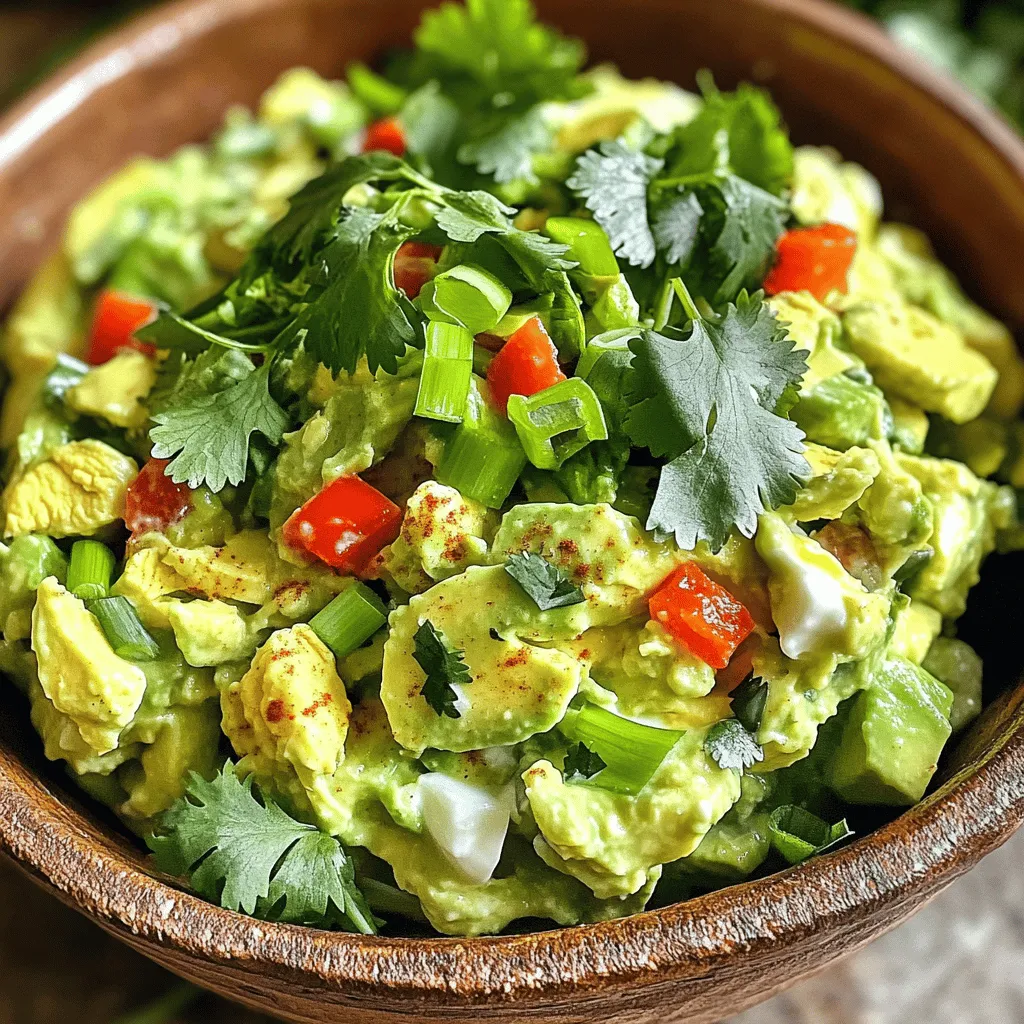 - 4 large eggs - 1 ripe avocado - 2 tablespoons Greek yogurt - 1 tablespoon Dijon mustard - 1 tablespoon fresh lemon juice - 1/4 teaspoon garlic powder - 1/4 teaspoon smoked paprika - Salt and pepper to taste - 1/4 cup red bell pepper, finely diced - 1/4 cup green onions, sliced - Fresh cilantro leaves for garnish When making avocado egg salad, you need to focus on the right ingredients. The base is four large eggs, which give the salad its heartiness. I love using ripe avocados because they add creaminess without needing too much fat. Adding two tablespoons of Greek yogurt helps as well. It gives a nice tang and extra protein. For flavor, I always add Dijon mustard and fresh lemon juice. They brighten the dish and enhance the taste. Garlic powder and smoked paprika add depth. Don’t forget salt and pepper; they balance everything out. Fresh additions make the salad pop. Finely diced red bell pepper adds crunch and color. Sliced green onions give a mild onion flavor. Finally, I love garnishing with fresh cilantro. It adds a bright finish and freshness to the dish. You can find the complete recipe in the full recipe section. Enjoy creating this creamy delight! To boil large eggs perfectly, start by placing them in a medium saucepan. Cover the eggs with water, ensuring there’s about an inch of water above them. Bring the water to a boil over medium heat. Once it boils, cover the pan with a lid and turn off the heat. Leave the pan on the warm burner for 10-12 minutes. This method makes sure the eggs cook well. Next, make an ice bath. Fill a large bowl with cold water and add ice cubes. This step cools the eggs quickly after boiling. After the time is up, move the eggs to the ice bath. Let them cool for about five minutes. This cooling helps with peeling. Peel the eggs gently and chop them into small pieces. Now, let’s prepare the avocado mixture. Take a ripe avocado and scoop it into a mixing bowl. Mash it with a fork until it's creamy. Then, add Greek yogurt, Dijon mustard, fresh lemon juice, garlic powder, smoked paprika, and a pinch of salt and pepper. Stir everything well until it blends smoothly. This mixture adds great flavor and creaminess to your salad. Now it’s time to mix everything together. Carefully fold in the chopped eggs, finely diced red bell pepper, and sliced green onions into the avocado mixture. Stir gently to combine. Be careful not to break the eggs too much. After mixing, taste the salad. Adjust the seasoning as needed by adding more salt, pepper, or lemon juice to fit your taste. Once done, you’ll have a fresh and creamy avocado egg salad ready to enjoy. For the full recipe, check the earlier sections of this article. To make your egg salad creamy without adding too many calories, use ripe avocado. The avocado adds healthy fats and keeps the salad smooth. You can also mix in a bit of Greek yogurt. This keeps the taste rich while cutting down on mayo. When it comes to mashing the avocado, use a fork for the best results. A fork gives you control and helps you achieve a perfect texture. Start by scooping out the flesh into a bowl. Then, mash gently until it is smooth but still has a few small chunks. This adds some fun texture to your salad. Avocado egg salad shines when served in many ways. You can spread it on whole-grain bread for a tasty sandwich. It works well in a wrap, too. Just add some crunchy veggies for extra flavor. Another great idea is serving it on a bed of mixed greens. This keeps it light and fresh. For a bit of crunch, pair it with crackers. You can also enjoy it with fresh veggies like cucumber or bell pepper slices. This adds color and makes a beautiful plate. Each serving of avocado egg salad has about 200 calories. It’s packed with protein from the eggs and healthy fats from the avocado. These ingredients also give you vitamins and minerals. Eggs are a great source of B vitamins, while avocados are rich in potassium and fiber. Eating this salad can help you feel full longer. The healthy fats and protein work together to keep you satisfied. Plus, it’s a fun way to enjoy nutritious ingredients! {{image_4}} You can make your avocado egg salad even tastier by adding fun ingredients. Try mixing in fresh herbs like basil or dill. These herbs give a bright taste. You can also add spices like cumin or chili powder for a kick. If you love savory bites, consider adding crispy bacon. Its crunch pairs well with the creaminess of the salad. Feta cheese is another great choice. It adds a salty, tangy flavor that blends nicely with avocado. If you need a dairy-free option, you can swap Greek yogurt for non-dairy yogurt. Almond or coconut yogurt works well here. This keeps your salad creamy without dairy. For those avoiding gluten, serve your salad in lettuce wraps. Romaine or butter lettuce makes a perfect vessel. This way, you can enjoy a fresh and light meal. Get creative with how you serve your avocado egg salad! You can use it as a dip with your favorite crackers. It’s perfect for parties or casual snacks. Another fun idea is to stuff it into hollowed vegetables. Bell peppers and cucumbers work great. This adds color and makes a fun presentation. For the full recipe, check out the Avocado Egg Salad Fiesta. To keep leftover avocado egg salad fresh, store it in an airtight container. Make sure to press plastic wrap directly onto the surface of the salad before sealing the lid. This helps reduce air exposure. For meal prep, divide the salad into single servings. This way, you can grab a portion when needed. Avocado egg salad stays good in the fridge for about 3 days. Check for signs of spoilage. If you see any discoloration or if it smells off, it's best to toss it. The salad may also become watery over time, which is another indicator that it’s no longer fresh. You can freeze avocado egg salad, but it's not ideal. Freezing can change the texture. If you decide to freeze it, use a freezer-safe container. When ready to eat, defrost it in the fridge overnight. Stir well before serving to mix the ingredients again. For the best taste, consume it within a month. You can use mashed avocado for creaminess. Another great option is silken tofu. Both add a smooth texture without yogurt. You can also try mayonnaise or non-dairy yogurt. Each choice keeps the salad rich and tasty. Yes! You can use hard-boiled eggs, which are the classic choice. Soft-boiled eggs work too, adding a nice creaminess. Poached eggs are another fun option. They will give your salad a unique twist while keeping it delicious. You can add diced tomatoes for freshness. Chopped herbs like dill or parsley bring flavor. Spice lovers might enjoy jalapeños for a kick. For crunch, try adding nuts or seeds. User-submitted ideas include bacon bits or feta cheese for richness. These tweaks make the dish your own and fun to share. Check the Full Recipe for more inspiration. In this article, we covered how to make a tasty avocado egg salad. You learned about the key ingredients, like eggs and avocado, as well as flavor boosters. We shared step-by-step instructions to make it easy. You now have tips for perfecting your dish and plenty of ideas for serving. Finally, we discussed storing your salad for future meals. I hope you feel inspired to try this simple recipe. Enjoy the fresh flavors and healthy benefits!