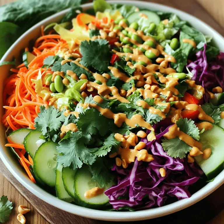 - 4 cups mixed salad greens - 1 cup shredded red cabbage - 1 cup shredded carrots - 1 bell pepper, sliced into thin strips - 1 cucumber, thinly sliced - 1 cup shelled edamame - 1/2 cup fresh cilantro, roughly chopped - 1/2 cup roasted peanuts, roughly chopped - 3 tablespoons creamy peanut butter - 2 tablespoons soy sauce - 1 tablespoon honey or agave syrup - 1 tablespoon rice vinegar - 1 tablespoon toasted sesame oil - 1 teaspoon freshly grated ginger - 1 clove garlic, minced - 1 tablespoon freshly squeezed lime juice The salad has a mix of fresh ingredients. The greens add crunch and nutrients. Shredded red cabbage brings vibrant color. Carrots add a sweet taste and texture. The bell pepper adds brightness, while cucumber offers a refreshing bite. Edamame gives protein and a fun pop. Fresh cilantro adds an herbal kick. Roasted peanuts provide a satisfying crunch. For the dressing, creamy peanut butter is key. It gives a rich base. Soy sauce adds umami flavor. Honey or agave syrup brings a sweet touch. Rice vinegar adds sharpness. Toasted sesame oil provides a nutty aroma. Freshly grated ginger gives warmth, and minced garlic adds depth. Fresh lime juice brightens the whole mix. This salad is quick to make. You can prepare it in just 15 minutes. For the full recipe, check the Crunchy Thai Peanut Salad section. To start, grab a big mixing bowl. In it, combine all the salad ingredients: - 4 cups mixed salad greens - 1 cup shredded red cabbage - 1 cup shredded carrots - 1 sliced bell pepper - 1 cucumber, thinly sliced - 1 cup shelled edamame - 1/2 cup chopped fresh cilantro Gently toss these ingredients together. You want to mix them well but keep the crunch. This salad is all about fresh textures. Now, let’s make the dressing. In a small bowl, whisk together: - 3 tablespoons creamy peanut butter - 2 tablespoons soy sauce - 1 tablespoon honey or agave syrup - 1 tablespoon rice vinegar - 1 tablespoon toasted sesame oil - 1 teaspoon grated ginger - 1 clove minced garlic - 1 tablespoon lime juice Whisk until smooth. Taste it, and adjust if needed. Add more honey for sweetness or lime juice for tang. Next, drizzle the dressing over your salad mix. Use salad tongs or a large spoon to toss everything together. You want to ensure each bite gets that delicious dressing. Finish off the salad by sprinkling chopped roasted peanuts on top. This step adds an extra layer of crunch. Trust me, it makes a big difference in texture. You can serve the salad right away for maximum crunch. If you want the flavors to deepen, let it sit for about 5 minutes. For a nice touch, serve it in big bowls. Garnish with extra cilantro and peanuts for a beautiful look. Enjoy your vibrant Crunchy Thai Peanut Salad! You can find the full recipe above. To make a great Crunchy Thai Peanut Salad, start with fresh produce. Look for vibrant colors and firm textures. Choose salad greens like romaine and baby spinach for the best crunch. When picking cabbage, go for the kind with bright, crisp leaves. For carrots, select ones that are firm and smooth. A bell pepper should feel heavy and have shiny skin. A cucumber should be firm and not too wrinkled. For peanuts, use roasted ones for a crunchier bite. You can find them in the store or roast them at home. Choose unsalted ones to control the saltiness in your salad. You can easily adjust the flavor of your salad. If you like it sweeter, add more honey or agave syrup. For tang, a splash of lime juice works wonders. If you want heat, add sliced chili peppers or a pinch of red pepper flakes. You can also mix in some sriracha for a spicy kick. Taste as you go, and find the perfect balance for your palate. Using the right tools makes salad prep easier. A large mixing bowl is key for tossing all your ingredients. Choose one that’s easy to handle and won’t tip over. Salad tongs are a must-have. They help you mix and serve without crushing the salad. Look for ones that are sturdy but not too heavy. This way, you can serve your salad in style and keep that lovely crunch intact. For the full recipe of Crunchy Thai Peanut Salad, check out the recipe section above. Enjoy your cooking! {{image_4}} You can easily change this salad to fit your taste. Want more protein? Add grilled chicken, shrimp, or tofu. Each option brings its own flavor. If you're not a fan of some veggies, swap them out. Try bell peppers, or add snap peas. You can even use zucchini or radishes for a fresh twist. While the peanut dressing is tasty, feel free to experiment. Use tahini or almond butter instead of peanut butter for a different flavor. You can also add herbs like basil or mint. Spices like chili flakes or cumin can add warmth. Mixing these will keep your salad exciting. This salad is not just for bowls! You can use large lettuce leaves for wraps. Just spoon the salad mix into the leaves, roll, and enjoy. It makes for a fun and healthy meal. Another idea is to turn the salad into a rice bowl. Just add cooked rice or quinoa at the bottom. This adds heartiness and makes it a filling dish. For the full recipe, check out the Crunchy Thai Peanut Salad ingredients and instructions. To keep your Crunchy Thai Peanut Salad fresh, use airtight containers. Glass or plastic containers work well. Make sure to seal them tightly. Store the salad in the fridge right after serving. This helps keep the ingredients crisp. Your salad stays fresh for about three days in the fridge. After that, the veggies may get soggy. Look for signs of spoilage like a bad smell or slimy greens. If you see these signs, toss the salad out. This salad is best enjoyed cold. If you want to heat it, do so gently. Use a microwave but only for a short time. Heat on low to avoid making it soggy. If you prefer, eat it cold for that crunchy texture. For the full recipe, check out the Crunchy Thai Peanut Salad recipe. To make this salad vegan, swap honey with maple syrup or agave syrup. This keeps the sweetness without using any animal products. The rest of the ingredients are already vegan-friendly. Yes, you can use almond butter or cashew butter instead of peanut butter. Each nut butter will add a unique flavor to the dressing. Just make sure it is creamy, so it mixes well. If you can't find edamame, try using cooked chickpeas or black beans. These will add protein and a nice texture. You can also use peas for a similar taste and look. This salad is not spicy by default. The garlic and ginger add warmth, not heat. If you like spice, add a pinch of red pepper flakes or some sliced jalapeños to the dressing. To keep your salad fresh, store it in an airtight container in the fridge. Separate the dressing from the salad until you are ready to eat. This will keep the greens crunchy and tasty. This blog post guides you through making a Crunchy Thai Peanut Salad. We explored the key ingredients, a step-by-step prep process, and helpful tips for freshness. You learned how to whip up a delicious dressing and serve the salad in fun ways. Focus on using fresh ingredients for the best taste. Finally, don’t be afraid to customize your salad with your favorite flavors. Dive in and enjoy this tasty salad today!