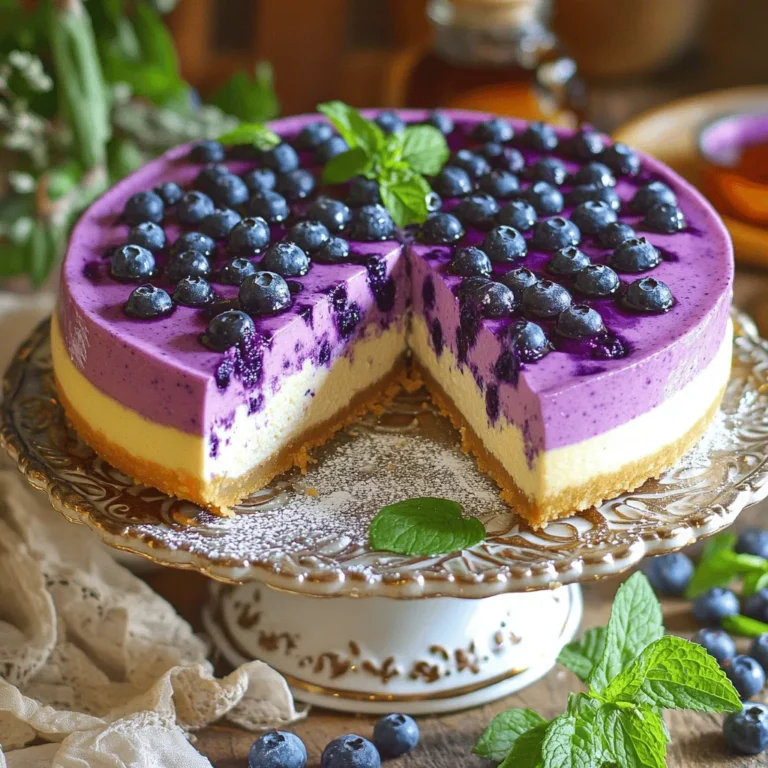 - 1 ½ cups raw cashews, soaked for at least 4 hours - ½ cup coconut cream - ½ cup pure maple syrup - ¼ cup freshly squeezed lemon juice - 1 cup fresh or thawed frozen blueberries - 1 teaspoon pure vanilla extract - ½ teaspoon agar-agar powder (for a firmer texture) - 1 cup almond flour (for crust) - ¼ cup coconut oil, melted (for crust) - 2 tablespoons coconut sugar (for crust) - Pinch of fine sea salt Getting the right measurements is key for a great cheesecake. For cashews, soak them in water to soften. This helps create a smooth filling. If you don’t have almond flour, you can swap it with crushed oats or gluten-free flour. Coconut cream gives a rich, creamy taste. If you can't find it, use silken tofu for a lighter option. Maple syrup adds sweetness and flavor. You could substitute it with agave syrup if needed. Using fresh ingredients makes a big difference. Fresh blueberries burst with flavor and color. They enhance the taste and look of your cheesecake. When you use fresh lemon juice, it brightens the dish. This makes every bite refreshing. So, always choose the best quality ingredients. They make your vegan blueberry cheesecake delightful and satisfying. Plus, fresh ingredients often have more nutrients. This means your dessert is not just tasty but also better for you. To start, gather your ingredients for the crust. You need almond flour, melted coconut oil, coconut sugar, and a pinch of salt. In a mixing bowl, combine these ingredients. Mix until it looks crumbly, not sticky. Next, take a 9-inch springform pan. Lightly grease it with a bit of coconut oil. Now, press the crust mixture firmly into the bottom of the pan. This will be your base. Set it aside while you work on the filling. Now it’s time to make the filling. First, drain and rinse the soaked cashews with cool water. Place them in a high-speed blender. Add coconut cream, maple syrup, lemon juice, vanilla extract, and agar-agar powder. Blend on high until the mixture is smooth and creamy. Stop to scrape down the sides if needed. This step is key for a silky texture. Once smooth, gently fold in the blueberries. You can save a few blueberries for later to use as a garnish. Next, pour the blueberry filling over the crust in the springform pan. Use a spatula to even out the top. Then, cover it with plastic wrap. Place the cheesecake in the fridge for at least 4-6 hours. If you want it to set faster, refrigerate for 2 hours and then freeze for the final setting. Once firm, carefully remove the springform pan. Slice the cheesecake into ten even pieces. Serve chilled, and add your reserved blueberries on top for a beautiful touch. For extra sweetness, drizzle maple syrup over each slice just before serving. Enjoy every bite of this vegan blueberry cheesecake delight! To get a creamy texture, soak your cashews for at least four hours. This softens them, making them easy to blend. Use a high-speed blender for the smoothest results. Blend until there's no graininess left. Adding coconut cream also helps create a rich and velvety feel. If you want a firmer cheesecake, include agar-agar powder. It sets the filling well and keeps it smooth. One common mistake is not soaking the cashews long enough. If they're still hard, your cheesecake will be gritty. Another issue is adding too much liquid. Stick to the measurements in the recipe for the best results. Also, don't skip the chilling step. If you don’t let it set long enough, the cheesecake will not hold its shape. To make your cheesecake look stunning, place it on a nice cake stand. This adds height and elegance. Use fresh blueberries as a topping. They add color and a pop of flavor. You can also sprinkle powdered coconut sugar on top for a sweet touch. For a fresh look, add mint leaves around the base. These small details make your cheesecake shine and impress your guests. {{image_4}} You can add more fun flavors to your vegan blueberry cheesecake. Try mixing in lemon zest for a fresh taste. A dash of cinnamon can add warmth. You might also consider adding a swirl of fruit puree on top. This creates a beautiful look and boosts flavor. For a nutty twist, add crushed almonds or walnuts to the crust. You can even try different fruits like raspberries or strawberries for a new treat. Maple syrup is great, but there are other sweeteners too. Agave syrup works well and is sweeter. Coconut sugar adds a nice caramel flavor. If you want to cut sugar, use ripe bananas or applesauce. These natural sweeteners can give your cheesecake a unique taste. Just remember to adjust your liquid ingredients based on what you choose. If you need a gluten-free crust, almond flour is a great base. You can also use gluten-free oats. Just blend them into a flour-like texture. A mix of crushed nuts and dates can make a tasty crust too. Press it into your pan just like the almond flour version. These options keep your cheesecake safe for those avoiding gluten. They still taste amazing! For the full recipe, check out my Vegan Blueberry Bliss Cheesecake. To keep your vegan blueberry cheesecake fresh, cover it well. Use plastic wrap or a tight lid. Store it in the fridge for the best taste. It stays yummy for up to five days. If you want to slice it, use a sharp knife. Clean the knife between cuts to keep the slices neat. You can freeze this cheesecake for later! First, let it cool completely. Wrap each slice in plastic wrap. Then, place the slices in an airtight container or freezer bag. This way, it stays fresh for up to three months. When you want to eat it, take out a slice and let it thaw in the fridge overnight. This vegan cheesecake lasts in the fridge for about five days. If you freeze it, it can last for three months. Always check for any signs of spoilage, like off smells or changes in texture. Enjoy your cheesecake at its best! For the full recipe, you can refer to the provided instructions. You can use silken tofu instead of cashews. Silken tofu gives a creamy texture. Blend it with coconut cream and maple syrup for sweetness. This mix makes a great base. You will miss the nutty flavor, but it still tastes good. You can add a few drops of lemon juice to enhance flavor. Yes, you can use frozen blueberries. They work well in this cheesecake. Just make sure to thaw and drain them first. This keeps your cheesecake from becoming too watery. Frozen blueberries are often just as tasty as fresh ones. They also save you time and can be more affordable. Agar-agar is a plant-based thickener. It comes from red algae and is a great substitute for gelatin. To use it, dissolve agar-agar powder in hot water. This forms a gel-like texture that helps set your cheesecake. It is a key ingredient for that firm yet creamy finish. You can find the full recipe in the Vegan Blueberry Bliss Cheesecake section. This includes all the ingredients and steps. It shows you how to make this delightful dessert from start to finish. Enjoy making it! This blog post covered how to make a delicious vegan cheesecake. We discussed key ingredients, measurements, and the benefits of freshness. I detailed the steps for preparing the crust and filling, plus tips for the best texture and presentation. You learned about flavor variations, storage, and how to answer common questions. With these insights, you can confidently create a tasty vegan cheesecake. Enjoy experimenting and perfecting your recipe!
