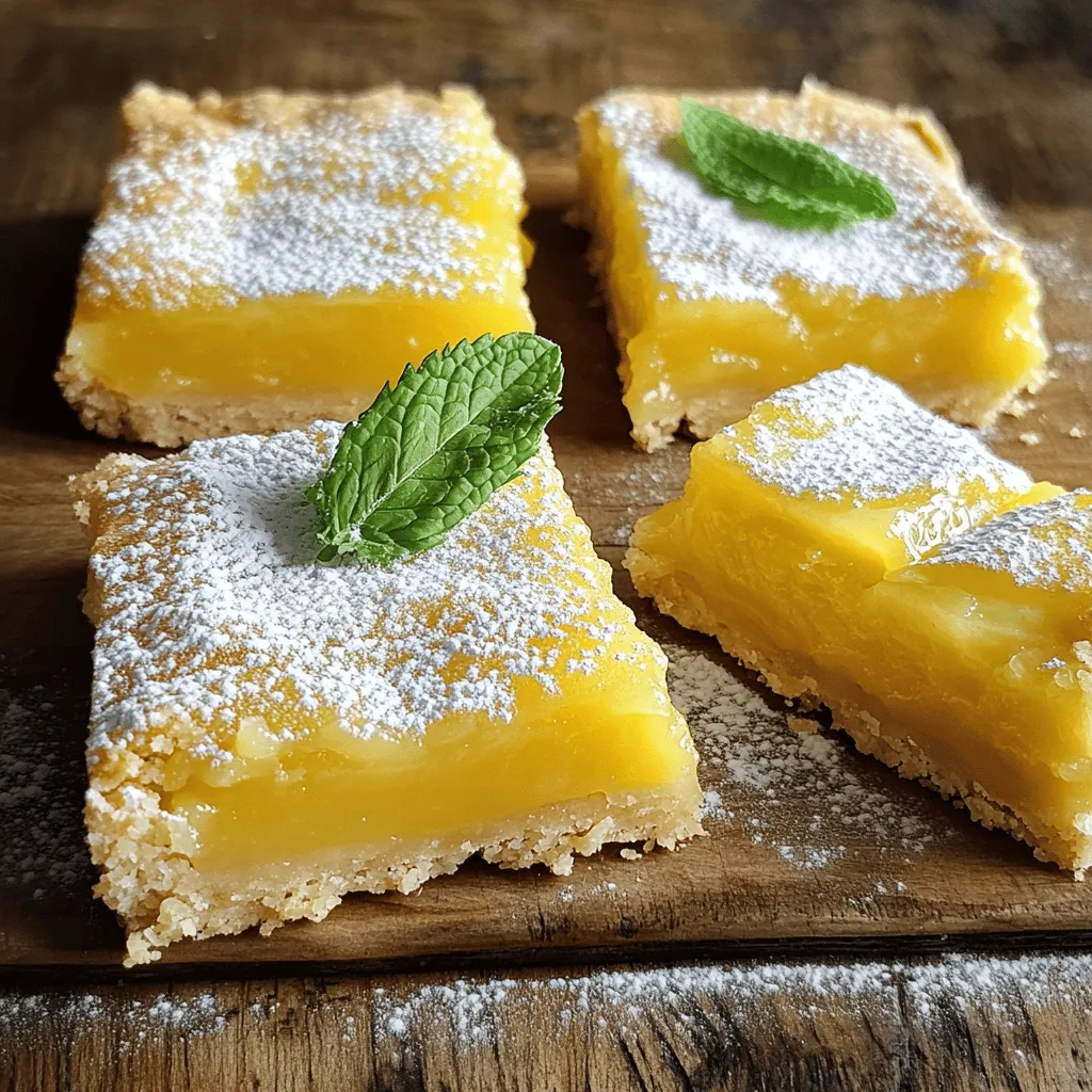 - 1 cup all-purpose flour - 1/2 cup powdered sugar (plus extra for dusting) - 1/4 teaspoon fine salt - 1/2 cup unsalted butter, softened to room temperature - 2 large eggs, preferably at room temperature - 1 cup granulated sugar - 1/4 cup freshly squeezed lemon juice (from about 2 lemons) - Zest of 1 medium lemon - 1/2 teaspoon baking powder - 1 teaspoon pure vanilla extract In this recipe, we use simple ingredients. The dry mix includes flour, powdered sugar, and salt. These form the base for our tasty crust. The wet mix features butter, eggs, granulated sugar, lemon juice, zest, baking powder, and vanilla extract. This combo gives the bars their tangy flavor and smooth texture. Using fresh lemon juice and zest makes a big difference. The bright taste shines through. When you squeeze the lemons, use a strainer to catch seeds. Zest your lemon carefully. The zest adds a strong lemon flavor without extra liquid. Remember to measure your ingredients accurately. This ensures the right consistency and taste. I recommend using room temperature eggs and butter. They mix better and help create a fluffy filling. For the crust, we press the dry mix into the pan. This forms a solid base that holds the lemon filling. It's easy to make and requires just a few steps. For the full recipe, check out the instructions section. - Preheat oven to 350°F (175°C). - In a mixing bowl, whisk together: - 1 cup all-purpose flour - 1/2 cup powdered sugar - 1/4 teaspoon fine salt - Add 1/2 cup softened unsalted butter to the dry mixture. Mix until it looks like coarse crumbs. - Press the crumbly mixture into the bottom of a greased 9x9 inch baking dish. - Bake the crust until it turns light golden brown, about 15-20 minutes. - Let it cool slightly while you make the lemon filling. - In a bowl, crack 2 large eggs and whisk them well. - Add: - 1 cup granulated sugar - 1/4 cup freshly squeezed lemon juice - Zest of 1 medium lemon - 1/2 teaspoon baking powder - 1 teaspoon pure vanilla extract - Whisk until the mixture is smooth and slightly frothy. - Pour the filling over the cooled crust, and spread it evenly. - Place the dish back in the oven. Bake until the filling is set, about 20-25 minutes. - To check, insert a toothpick into the center. It should come out clean. - Let the lemon bars cool completely in the pan on a wire rack. This step is key for the right texture. - Once cooled, dust the top with powdered sugar. Slice into squares or rectangles. For the full recipe, check the details above. Enjoy your delicious Zesty Lemon Bars! To get the best flavor, measure your lemon zest and juice carefully. Use a microplane for zesting. This tool gives you thin, fragrant zest. For juice, roll the lemons on the counter before cutting. This helps release more juice. Use fresh lemons for the best taste. They give a bright flavor that bottled juice can’t match. When balancing tartness and sweetness, taste as you go. Start with the full amount of sugar, then adjust if it needs more. A little salt can also help enhance the flavors. Just a pinch can make a big difference. Cutting lemon bars can be tricky. Use a sharp knife for clean cuts. Wipe the knife with a damp cloth between cuts. This prevents the filling from sticking and keeps the edges neat. After cutting, dust with powdered sugar. This gives a nice finish and adds sweetness. For presentation, serve the bars chilled. Add a mint leaf on each square for color. This makes your dessert look fancy and inviting. Pair them with tea or coffee for a perfect treat. One common mistake is overbaking. Keep an eye on the time. The filling should be set but still slightly jiggly in the center. If it’s firm, it may be overbaked. Cooling is key for the best texture. Let the bars cool completely in the pan before cutting. If you cut them too soon, they may fall apart. Patience is vital for the perfect lemon bar. {{image_4}} You can easily make gluten-free lemon bars. Start by replacing all-purpose flour with a gluten-free blend. Look for a mix that has xanthan gum for better texture. If your blend lacks it, add about 1/4 teaspoon per cup of flour. Adjust the amount of flour slightly, as gluten-free flours can absorb more liquid. This keeps your bars from becoming too dry. To make vegan lemon bars, swap eggs for flax eggs. Mix one tablespoon of ground flaxseed with three tablespoons of water for each egg. Let it sit until it thickens. Use non-dairy butter instead of regular butter. This keeps the creamy texture of the bars. You might need to adjust baking times slightly. Check for doneness a few minutes earlier, as they might bake faster. You can add fun flavors to your lemon bars. Try mixing in fresh berries like blueberries or raspberries. They add a pop of color and taste. You can also use other citrus fruits like lime or orange for a twist. For an extra kick, sprinkle in some ginger or cardamom. These spices bring a new depth to the flavor. Enjoy experimenting with what you love! For the full recipe, check it out [here](#). To keep your zesty lemon bars fresh, store them in an airtight container. This keeps moisture out and helps maintain their delicious texture. Just make sure they cool completely before you seal them up. If you want to enjoy these treats later, freezing is a great option. Wrap each bar in plastic wrap, then place them in a freezer-safe bag. You can keep them frozen for up to three months. Just thaw them at room temperature when you are ready to eat. At room temperature, lemon bars stay fresh for about two days. If you put them in the fridge, they last longer. Lemon bars can stay fresh in the fridge for about a week. Refrigeration also helps keep their tangy flavor and firm texture. Always check for any signs of spoilage, like any off smells or changes in color. Enjoying them fresh is best, but proper storage keeps them tasting great for days! To make Zesty Lemon Bars less sweet, you can cut the sugar. Use less granulated sugar in the filling. Try reducing it by one-quarter cup. You can also add more lemon juice. This will keep the tangy flavor while lowering sweetness. If you want a different taste, try using a sugar substitute. Just make sure it’s safe for baking. You can use bottled lemon juice, but fresh is best. Fresh lemon juice has a brighter taste. Bottled juice may taste flat and less vibrant. If you choose bottled, look for one that is 100% juice with no added sugars. Fresh lemon juice gives your bars a more zesty kick. Always zest your lemons too, as it adds a great flavor. If you need alternatives to powdered sugar, here are some options: - Granulated sugar: It will provide a different texture. - Coconut sugar: This gives a slight caramel flavor. - Cocoa powder: This works well if you want a chocolate twist. - Ground nuts: Almond or hazelnut flour can add a nutty flavor. To check if your lemon bars are done, look for these signs: - The filling should be slightly set and not jiggly. - A toothpick inserted in the center should come out clean. - The edges might be lightly golden. Let them cool completely, as they will firm up more as they cool. Yes, you can add food coloring to your lemon bars. Use a few drops of yellow gel food coloring for a bright look. Mix it well into the filling before pouring it onto the crust. Be careful not to add too much. You want a light, natural hue without overpowering the lemon flavor. This article shared simple steps to make delicious lemon bars. You learned about key ingredients, from dry to wet. I provided clear instructions for both baking and cooling. Tips helped you avoid common mistakes, and variations opened new paths for creativity. Now, with these insights, you can confidently bake lemon bars that impress. Enjoy making and sharing this tasty treat!